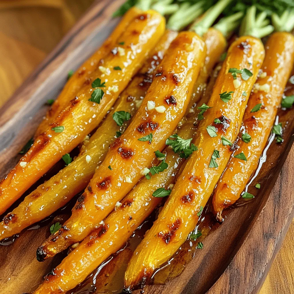 - 1 lb (450g) baby carrots, peeled - 3 tablespoons honey - 3 tablespoons olive oil - 4 cloves garlic, minced - 1 teaspoon ground cinnamon - 1 teaspoon salt - 1/2 teaspoon black pepper - Fresh parsley, chopped (for garnish) - Lemon juice for acidity - Chili flakes for heat - Other herbs like thyme or rosemary When making honey garlic roasted carrots, the right ingredients matter. I love using baby carrots because they are sweet and tender. Their small size means they cook faster, making them a great choice for busy days. You want to use fresh ingredients for the best taste. Honey gives a sweet touch that balances with garlic's bold flavor. Olive oil helps the carrots roast evenly and adds richness. Garlic is a must in this recipe. Use fresh garlic for a strong flavor. Ground cinnamon adds warmth and a hint of spice. Salt and black pepper bring out the natural sweetness of the carrots. Feel free to add optional ingredients if you want to customize your dish. A splash of lemon juice adds brightness. Chili flakes give it a nice kick. Fresh herbs like thyme or rosemary can also enhance the flavor. This simple list of ingredients makes it easy to create a dish that shines on any table. - Preheat your oven to 400°F (200°C). This helps the carrots roast well. - Line a baking sheet with parchment paper. This makes cleanup easier. - In a large bowl, pour in 3 tablespoons of honey and 3 tablespoons of olive oil. - Add 4 cloves of minced garlic, 1 teaspoon of ground cinnamon, 1 teaspoon of salt, and 1/2 teaspoon of black pepper. - Whisk all the ingredients together until they blend well. The mix should smell great. - Take 1 pound of peeled baby carrots and place them in the bowl. - Coat the carrots in the honey garlic mixture. Make sure they are fully covered. - Spread the carrots in a single layer on the prepared baking sheet. Don’t crowd them. - Roast the carrots in the oven for 25-30 minutes. Stir halfway through to cook evenly. - When the carrots are tender and caramelized, take them out. Let them cool for a few minutes. - Transfer the roasted carrots to a serving platter. - Garnish with freshly chopped parsley for a touch of color. - To check if the carrots are done, pierce them with a fork. They should be soft but not mushy. When you pick carrots, look for baby carrots. They are small, sweet, and tender. Choose firm carrots that have smooth skin. Fresh carrots feel heavy for their size. Avoid any that are soft or have dark spots. You might wonder if organic carrots are worth it. Organic carrots often taste better. They also have fewer chemicals. If you can, buy organic. However, regular carrots are still good. Just wash them well before cooking. Spacing your carrots on the baking sheet is key. If you crowd them, they won't roast well. Give each carrot room to breathe. This helps them cook evenly and get nice and caramelized. To achieve perfect caramelization, roast at a high heat. 400°F (200°C) works best. Stir the carrots halfway through cooking. This helps them brown all over. You’ll know they are done when they are tender and golden. Honey garlic roasted carrots pair well with many dishes. Try serving them alongside grilled chicken or fish. They also go great with rice or quinoa. To make your dish pop, use a colorful plate. You can sprinkle extra parsley on top for freshness. Another fun idea is to add some lemon zest. It adds brightness and looks appealing. {{image_2}} You can make honey garlic roasted carrots even more fun! For a spicy kick, add chili flakes to your honey garlic mix. This gives the dish a warm heat that balances the sweet honey. If you want a twist, try using maple syrup instead of honey. Maple adds a unique flavor and works well with garlic. This change makes the dish even sweeter and adds a nice depth. If you want to make this recipe vegan, you can swap honey for agave syrup. Agave gives you that sweet taste without any animal products. For those who need gluten-free options, this recipe is already safe! All the ingredients are naturally gluten-free. If you want low-carb options, skip the honey or maple syrup. You can use a sugar substitute for sweetness. You can change up the veggies based on the season. Try using parsnips or sweet potatoes instead of baby carrots. These root veggies roast well and bring different flavors. Adding seasonal herbs can also enhance the dish. In the fall, try rosemary or thyme for a warm touch. In the spring, fresh dill or mint can brighten the dish. Don’t be afraid to experiment with flavors! To keep your honey garlic roasted carrots fresh, place them in an airtight container. Make sure to let them cool completely before sealing. Store them in the fridge for up to five days. When you want to reheat them, use the oven or a skillet. This helps keep their flavor and texture. Heat them at 350°F (175°C) for about 10 minutes, or until warm. You can freeze your roasted carrots if you have extras. First, let the carrots cool fully. Next, spread them on a baking sheet in a single layer. Freeze them for about an hour. Once frozen, transfer them to a freezer bag. Squeeze out as much air as you can before sealing. To thaw, place the bag in the fridge overnight. Reheat in the oven for the best taste. In the fridge, honey garlic roasted carrots last about five days. Look for signs of spoilage like a sour smell or slimy texture. If you notice these signs, it’s best to toss them out. Keeping an eye on your leftovers can help you enjoy them safely! Can I use regular carrots instead of baby carrots? Yes, you can use regular carrots. Just cut them into sticks or rounds. Make sure they are similar in size for even cooking. How do I make this recipe spicier? To spice things up, add chili flakes or a dash of hot sauce. You can also use spicy honey if you have it. This dish has about 150 calories per serving. It is rich in vitamins A and C. Carrots offer fiber, which is good for digestion. Garlic has health benefits, too. It can help boost your immune system and may lower blood pressure. What can I use if I don’t have honey? You can use maple syrup or agave nectar. Both will give a sweet touch to the dish. Is there an alternative for olive oil? Yes, you can use vegetable oil or avocado oil. These oils will still allow the carrots to roast nicely without changing the flavor much. In this blog post, I covered how to make honey garlic roasted carrots. I shared the key ingredients you need, along with optional ones for extra flavor. You learned step-by-step cooking instructions and useful tips for selecting and roasting carrots. I also explored fun variations and storage methods. In closing, this dish is simple and delicious. It makes a great side for any meal. Enjoy your cooking and the tasty results!
