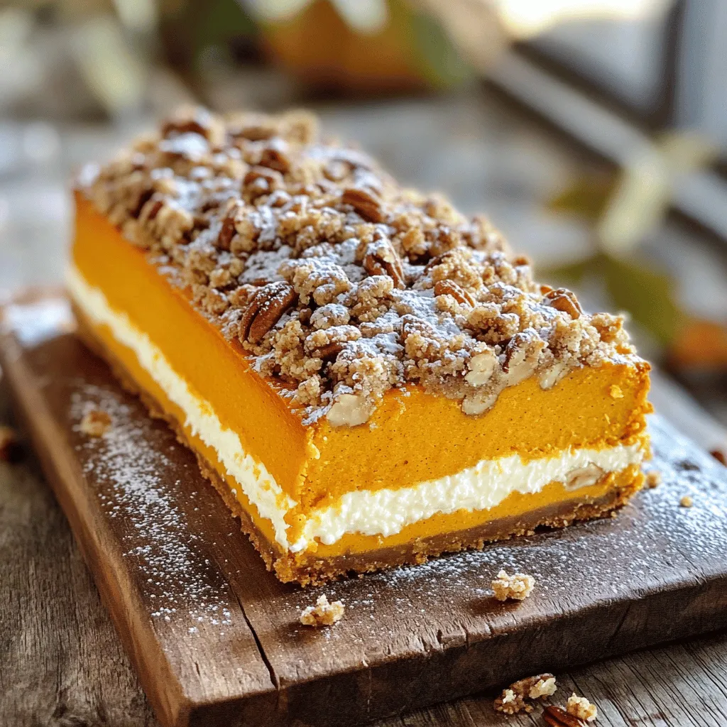 - 1 ½ cups all-purpose flour - 1 teaspoon baking powder - ½ teaspoon baking soda - ½ teaspoon salt - 1 teaspoon ground cinnamon - ½ teaspoon ground nutmeg - ½ cup unsalted butter, softened - ¾ cup brown sugar, packed - ½ cup granulated sugar - 2 large eggs - 1 cup canned pumpkin puree - 1 teaspoon vanilla extract - 1 ½ cups cream cheese, softened - ¼ cup powdered sugar - ½ cup all-purpose flour - ½ cup rolled oats - ½ cup brown sugar, packed - ¼ cup unsalted butter, melted - ½ teaspoon ground cinnamon - ¼ teaspoon salt I love gathering my ingredients before I start baking. It makes the process smoother. The dry ingredients are key to the loaf's structure. The flour, baking powder, and baking soda help it rise. The spices add warmth and flavor. The wet ingredients create the base of the loaf. Creaming the butter and sugars is crucial. It makes the batter fluffy. Then, adding pumpkin gives it that classic flavor and moisture. Don’t forget the cream cheese. It adds richness and a lovely creamy layer. The streusel topping is the best part. It gives a nice crunch on top. The oats and brown sugar blend together perfectly. I always use melted butter for a crumbly texture. This mix adds sweetness and spice that complements the pumpkin. With these ingredients, you can create a delightful treat. Each bite is a mix of flavors and textures. Enjoy the process, and let your kitchen fill with wonderful scents! - Preheat oven to 350°F (175°C). - Grease or line a 9x5 inch loaf pan with parchment paper. This makes it easy to remove. - In a medium bowl, combine 1 ½ cups flour, 1 teaspoon baking powder, ½ teaspoon baking soda, ½ teaspoon salt, 1 teaspoon ground cinnamon, and ½ teaspoon ground nutmeg. - Whisk these together until well mixed. Set this bowl aside for later. - In a large bowl, cream together ½ cup softened butter, ¾ cup brown sugar, and ½ cup granulated sugar. Beat until light and fluffy for about 3-4 minutes. - Add 2 large eggs, one at a time, mixing well after each addition. Then, blend in 1 cup canned pumpkin puree and 1 teaspoon vanilla extract until it is all smooth. - Gradually add the dry ingredients to the wet mixture, mixing just until combined. Do not overmix. - In another bowl, beat 1 ½ cups softened cream cheese with ¼ cup powdered sugar. Mix until smooth and creamy. - Spread half of the pumpkin batter into the prepared loaf pan. - Spoon the cream cheese mixture on top and gently spread it out. - Then, add the rest of the pumpkin batter on top. - In a separate bowl, mix ½ cup flour, ½ cup rolled oats, ½ cup brown sugar, ¼ cup melted butter, ½ teaspoon ground cinnamon, and ¼ teaspoon salt. - Mix until crumbly, then sprinkle this topping evenly over the pumpkin batter. - Bake the loaf for 55-60 minutes. - Check doneness by inserting a toothpick into the center. It should come out clean. - If the streusel starts to brown too much, cover it with aluminum foil halfway through baking. - Once done, let the loaf cool in the pan for about 15 minutes before moving it to a wire rack. To make the best Pumpkin Pecan Streusel Cheesecake Loaf, start by creaming the butter and sugars well. This step adds air and helps create a fluffy texture. Mix them for about three to four minutes until light and creamy. Then, be careful not to overmix the batter after adding dry ingredients. Overmixing can make the loaf dense. Just mix until you see no dry flour. If you have leftovers, keep them fresh for later. Wrap the loaf in plastic wrap or place it in an airtight container. This will help it stay moist and tasty. You can store it at room temperature for a few days. If you need to keep it longer, put it in the fridge. When it's time to serve, make your loaf look extra special. A light dusting of powdered sugar adds a sweet touch. You can also place whole pecans on top for a nice crunch and a pretty look. Slice the loaf and arrange it on a rustic wooden board for a delightful presentation. {{image_2}} You can switch up the nuts in this recipe. If you want to try something new, use walnuts or almonds instead of pecans. Both will add a different flavor and texture. Walnuts give a rich taste, while almonds bring a light crunch. Just chop them up the same way as you would the pecans. You can also toast them lightly for a more intense flavor. Want to make your loaf even better? Consider adding chocolate chips or dried fruits. Chocolate chips bring sweetness and richness. You can use dark, milk, or even white chocolate. Dried fruits, like cranberries or raisins, offer a chewy texture and a burst of flavor. Mix in about a half cup of either option into your batter for a delightful twist. If you need a gluten-free option, you can substitute the all-purpose flour. Try using almond flour or a gluten-free blend. These blends usually have a mix of flours and starches. They work well in baking. Just make sure to check the package for the right measurement. The loaf will still be moist and delicious! You can store Pumpkin Pecan Streusel Cheesecake Loaf in two ways. If you plan to eat it soon, keep it at room temperature. Wrap the loaf in plastic wrap or place it in an airtight container. This keeps it fresh for about three days. If you want it to last longer, place it in the fridge. In the refrigerator, the loaf stays good for up to one week. Just make sure to wrap it well to avoid drying out. Freezing is a great way to keep this loaf for later. First, let it cool completely. Then, wrap it tightly in plastic wrap. After that, place the wrapped loaf in a freezer bag or an airtight container. This prevents freezer burn. The loaf can stay in the freezer for up to three months. When you’re ready to enjoy it, move the loaf to the fridge for a night to thaw. You can also let it sit at room temperature for a few hours if you're in a hurry. The freshness of your Pumpkin Pecan Streusel Cheesecake Loaf depends on how you store it. At room temperature, it lasts about three days. In the fridge, it can stay fresh for a week. If you freeze it, you’ll enjoy it for about three months. Always check for any signs of spoilage, like mold or off smells, before eating. Keeping it well-wrapped helps maintain its taste and texture. Yes, you can use fresh pumpkin! First, pick a sugar pumpkin. These are sweeter and creamier than regular pumpkins. Cut it in half and scoop out the seeds. Then, roast the halves at 350°F (175°C) for about 45 minutes. Once soft, let it cool, scoop out the flesh, and blend it until smooth. This fresh pumpkin adds a great taste to your Pumpkin Pecan Streusel Cheesecake Loaf. If you need a cream cheese substitute, try ricotta or cottage cheese. You can blend these until they are smooth. Another option is using Greek yogurt. It gives you a nice flavor with a bit of tang. Silken tofu also works well for a dairy-free option. Just blend it to get a creamy texture. To check if the loaf is done, insert a toothpick into the center. If it comes out clean or with just a few crumbs, the loaf is ready. You can also look for a golden-brown color on top. If the streusel gets too dark, cover it lightly with foil. Yes, you can make this loaf ahead of time! Bake and cool it, then wrap it tightly in plastic wrap. Store it in the fridge for up to four days. For longer storage, freeze it. Just be sure to wrap it well. Thaw overnight in the fridge before serving. This recipe combines simple ingredients to make a delicious pumpkin cheesecake loaf. We covered how to mix dry and wet ingredients, layer them, and bake to perfection. You learned tips for storing and serving, plus ways to customize your loaf. Baking is fun and creative. Take these ideas and make your loaf personal. Enjoy every bite of your tasty creation. You’ll impress friends, family, or just yourself! Happy baking!