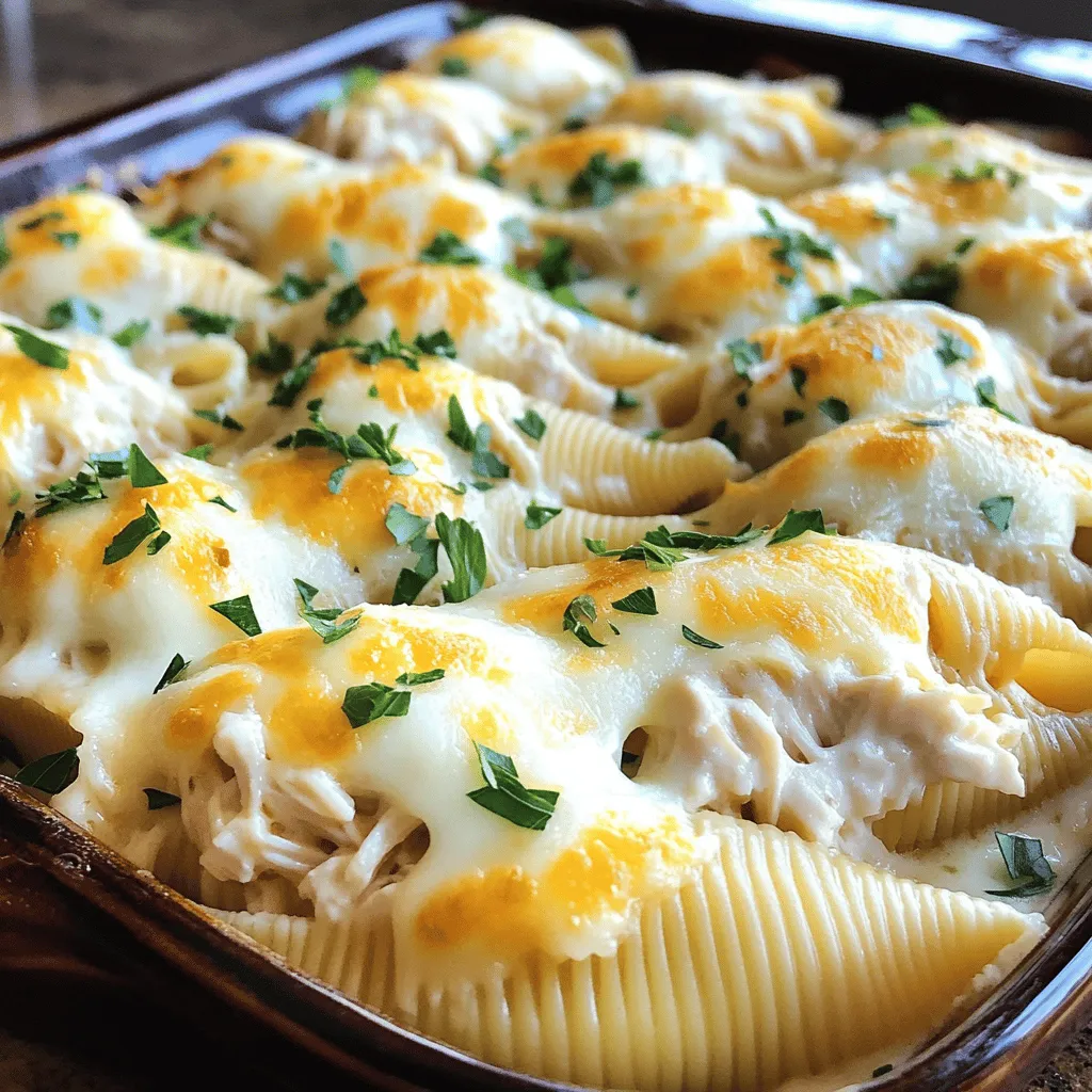 To make Chicken Alfredo Stuffed Shells, you need a few key ingredients: - 12 jumbo pasta shells - 1 cup cooked chicken, shredded - 1 cup ricotta cheese - 1 cup shredded mozzarella cheese - 1/2 cup grated Parmesan cheese - 2 cups Alfredo sauce (store-bought or homemade) - 1 garlic clove, minced - 1 teaspoon Italian seasoning - Salt and pepper to taste - Fresh parsley, chopped (for garnish) These ingredients bring rich flavors and a creamy texture to the dish. The jumbo pasta shells hold the filling well and add a fun twist to the meal. You can boost the taste of your Chicken Alfredo Stuffed Shells with some optional ingredients: - Spinach: Add cooked spinach for a pop of color and nutrients. - Sun-dried tomatoes: They give a tangy flavor that pairs well with the creamy sauce. - Mushrooms: Sautéed mushrooms add a nice earthiness to the filling. - Red pepper flakes: If you like heat, sprinkle some for a spicy kick. These additions can make your dish even more exciting and full of flavor. Each serving of Chicken Alfredo Stuffed Shells offers a tasty balance of nutrients. Here’s a quick overview: - Calories: Approximately 450-500 per serving - Protein: 30g from chicken and cheeses - Carbohydrates: 45g from pasta - Fats: 20g from cheese and sauce This dish can be a hearty meal that satisfies without feeling too heavy. Enjoy it as a special treat or comfort food! To start, fill a large pot with water and add salt. Bring the water to a rolling boil. Add the jumbo pasta shells carefully. Cook them according to the package instructions until they are al dente. This usually takes about 9 to 11 minutes. Stir occasionally to keep them from sticking. Once cooked, drain the shells in a colander. Rinse them under cold water to stop the cooking. Set them aside to cool slightly. In a mixing bowl, combine the shredded chicken and ricotta cheese. Add half of the mozzarella cheese and the grated Parmesan cheese. Then, mix in the minced garlic and Italian seasoning. Season the mix with salt and pepper. Stir everything together until it is well combined. This filling should be creamy and flavorful. Preheat your oven to 350°F (175°C). Grab a teaspoon and start stuffing each cooked shell with the chicken and cheese mixture. Fill them generously, but don’t overstuff. Next, spread half of the Alfredo sauce across the bottom of a 9x13 inch baking dish. Place the stuffed shells in a single layer over the sauce. Pour the rest of the Alfredo sauce over the shells. Finally, sprinkle the remaining mozzarella cheese on top. To cook the pasta shells, start with a large pot. Fill it with water and add salt. The salt helps flavor the shells. Bring the water to a boil before adding the shells. Cook the shells until they are al dente. This means they should be firm to the bite. Check the package for exact timing. After cooking, drain the shells and let them cool. This makes them easier to handle. For a creamy Alfredo sauce, you can use store-bought sauce or make your own. If you choose to make it, use butter, heavy cream, and cheese. Melt the butter in a pan, then add the cream. Stir the sauce as it heats. Next, add grated Parmesan cheese and mix until it melts. This makes the sauce very creamy. Don’t forget to season it with salt and pepper. If you're using store-bought sauce, heat it gently before adding it to the dish. Garnishing adds a nice touch to your meal. Fresh parsley works great for color and flavor. Simply chop the parsley and sprinkle it on top after baking. You can also add extra cheese for a cheesy look. If you want a bit of spice, consider red pepper flakes. These little touches make your Chicken Alfredo Stuffed Shells look and taste even better. {{image_2}} If you want to change the dish for dietary needs, it’s simple. You can swap out the chicken for cooked spinach or a mix of mushrooms. This keeps it tasty for vegetarians. If you need gluten-free options, use gluten-free pasta shells. Ricotta can be replaced with cottage cheese for a lighter option. These changes make the dish fit many diets without losing flavor. Adding veggies can give your Chicken Alfredo Stuffed Shells a fresh twist. Try mixing in chopped spinach or diced bell peppers into the filling. For a kick, add some red pepper flakes. You could also stir in some sun-dried tomatoes for a tangy taste. These small changes can create different flavors that keep everyone excited about the meal. While Alfredo sauce is classic, you can play with different sauces too. A creamy pesto sauce adds a herbaceous taste. If you like a bit of heat, try a spicy marinara sauce. This can give the shells a whole new vibe. You can also use a white sauce made from scratch for a rich flavor. Each sauce will change how the dish tastes while still keeping it comforting. After a tasty meal, you may have some Chicken Alfredo Stuffed Shells left. Store them in an airtight container. Keep them in the fridge. They stay fresh for about three to four days. To heat the shells, preheat your oven to 350°F (175°C). Place the stuffed shells in a baking dish. Add a little Alfredo sauce on top to keep them moist. Cover the dish with foil. Bake for about 20 minutes or until hot. This keeps the cheese from drying out. Freezing Chicken Alfredo Stuffed Shells is easy. First, let them cool completely. Then, place them in a freezer-safe container. You can freeze them for up to three months. When ready to eat, thaw them in the fridge overnight. Reheat as mentioned above for a quick and yummy meal! Yes, you can make Chicken Alfredo Stuffed Shells ahead of time. Assemble the dish but do not bake it. Cover it tightly with plastic wrap or foil. Store it in the fridge for up to 24 hours. This way, you save time on busy nights. The best way to reheat stuffed shells is in the oven. Preheat your oven to 350°F (175°C). Place the shells in a baking dish. Add a splash of Alfredo sauce to keep them moist. Cover the dish with foil to prevent drying out. Bake for about 20 minutes, or until heated through. Absolutely! You can use different cheeses for the filling. Cream cheese or goat cheese adds a nice twist. You might also try cheddar for a sharper flavor. Mix and match to find your favorite blend. Just ensure that the cheese melts well and blends with the chicken. Chicken Alfredo stuffed shells are fun, tasty, and easy to make. We covered the main ingredients, steps to prepare the dish, and tips for the perfect sauce. You now know how to add your own twist and store leftovers for later. This dish is great for family dinners or meal prep. Enjoy your cooking and share your tasty results!