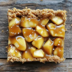 - 2 cups all-purpose flour - 1/2 cup granulated sugar - 1 teaspoon baking powder - 1/2 teaspoon salt - 1/2 cup unsalted butter, softened - 1 large egg - 2 cups apples, peeled and diced - 1 teaspoon cinnamon - 1/4 teaspoon nutmeg - 1/2 cup brown sugar - 1/2 cup heavy cream - 1 teaspoon vanilla extract - Sea salt, for sprinkling In these salted caramel apple pie bars, each ingredient plays a key role. The flour gives the bars structure. Sugar adds sweetness, while baking powder helps them rise. Salt balances the flavors. The butter makes the crust rich and tender. An egg binds everything together, ensuring a nice texture. Apples bring freshness and flavor, especially when paired with cinnamon and nutmeg. Brown sugar adds depth and caramel notes. Heavy cream contributes creaminess to the filling. Vanilla extract boosts flavor, making each bite delightful. Finally, a sprinkle of sea salt enhances the caramel taste. - Additional spices (e.g., cardamom, ginger) - Nuts (e.g., walnuts, pecans) - Caramel sauce for drizzling If you want to customize your bars, think about adding spices like cardamom or ginger. These will bring warmth and extra flavor. Nuts can add a nice crunch. Walnuts or pecans work great. Drizzling caramel sauce on top of your bars makes them even more special. It adds a sweet touch and enhances that salted caramel flavor. - Preheat oven to 350°F (175°C). - Grease and line a 9x9-inch baking pan with parchment paper. - In a large bowl, mix 2 cups of flour, 1/2 cup of sugar, 1 teaspoon of baking powder, and 1/2 teaspoon of salt. - Cut in 1/2 cup of softened butter with a pastry cutter or your fingers until it looks like coarse crumbs. - Add 1 large egg and mix until well combined. - Press about two-thirds of this mixture into the bottom of the baking pan. - For the filling, mix 2 cups of peeled and diced apples with 1 teaspoon of cinnamon, 1/4 teaspoon of nutmeg, and 1/2 cup of brown sugar. - Spread the apple mixture evenly over the crust in the pan. - In a small saucepan, combine 1/2 cup of heavy cream and 1 teaspoon of vanilla extract with half of the reserved crumb mixture. - Cook over low heat for about 3-5 minutes, stirring constantly until slightly thickened. - Drizzle the cream mixture over the apples and top with the remaining crumb mixture. - Bake for 30-35 minutes, or until the top is golden brown and the apple filling bubbles. - Once baked, let the bars cool in the pan for 10 minutes. - Sprinkle sea salt on top to enhance the flavor. - Remove the bars by lifting the parchment paper and cut them into squares. To get the right crust for your Salted Caramel Apple Pie Bars, focus on texture. Start with cold butter. Cut it into the flour until you see coarse crumbs. This helps keep the crust flaky. When you mix in the egg, don’t overdo it. Just combine until it holds together. To prevent a soggy crust, bake it slightly before adding the filling. This gives it time to set. You can also sprinkle a bit of flour on the crust before adding the apples. This helps soak up any juices. The best apples for baking are tart varieties. Look for Granny Smith or Honeycrisp. They hold up well and add nice flavor. When peeling and dicing apples, use a sharp peeler for speed. Cut the apples into small, even pieces. This ensures they cook evenly in the oven. Making homemade caramel sauce is simple. Melt sugar in a pan over medium heat. Stir it gently until it turns amber. Then, add butter and cream for richness. For the salted touch, sprinkle sea salt evenly over the bars after baking. This brings out the sweet and tart flavors in the dish. Just a little salt goes a long way! {{image_2}} You can change the flavor of your salted caramel apple pie bars easily. Here are two tasty ideas: - Caramel Pecan Apple Pie Bars: Add chopped pecans to the apple filling. The nuts add a nice crunch. Drizzle extra caramel on top for a rich taste. - Spiced Pear and Apple Pie Bars: Swap some apples for pears. Pears add a juicy sweetness. You can also try adding ginger for extra warmth. Need to make these bars fit your diet? Here are some easy swaps: - Gluten-free crust options: Use a gluten-free flour blend instead of all-purpose flour. This keeps the texture light and fluffy. - Vegan substitutions: Replace the butter with coconut oil. Use flax eggs instead of large eggs. This makes the bars vegan-friendly and still delicious. Serving your salted caramel apple pie bars can be fun! Here are some ideas: - Pairing with ice cream or whipped cream: Serve warm bars with a scoop of vanilla ice cream. The cold cream melts slightly and creates a tasty contrast. - Fun serving ideas for gatherings: Cut the bars into small squares. Arrange them on a colorful plate for a party. Guests will love the look and taste! To keep your salted caramel apple pie bars fresh, store them in an airtight container. Layer parchment paper between the bars to prevent sticking. This method keeps the bars soft and tasty. You can place them in the fridge for up to five days. Freezing these bars is easy and keeps them delicious. First, let the bars cool completely. Then, cut them into squares and wrap each piece in plastic wrap. Place the wrapped bars in a freezer bag or container. They can stay fresh in the freezer for up to three months. To thaw, simply leave them in the fridge overnight. In the fridge, these bars last about five days. If you freeze them, they can stay good for three months. After that, the flavor and texture might change. Enjoy them fresh for the best taste! Yes, you can make these bars ahead. Prepare them a day before serving. Just cool them completely, then store them in an airtight container. Keep them in the fridge to stay fresh. When ready to serve, you can reheat them slightly in the oven. This will bring back some warmth and flavor. Absolutely! You can swap apples with other fruits. Pears work great and add a nice texture. Cherries or berries can also create a fun twist. Just make sure to adjust the sugar based on the fruit's sweetness. This keeps your bars balanced and tasty. Serve these bars warm or at room temperature. A scoop of vanilla ice cream pairs perfectly. You can also drizzle some extra caramel on top for added sweetness. For a fun touch, add whipped cream and a sprinkle of cinnamon. This will impress your guests! To reduce sweetness, cut back on sugar in the crust. You can use less brown sugar in the apples too. Another tip is to use tart apples like Granny Smith. They add a nice flavor without extra sweetness. This will balance the taste nicely. These Salted Caramel Apple Pie Bars combine simple ingredients for a delightful treat. You first preheat your oven and prepare the crust. Then, layer apples with cream and bake to perfection. Remember to choose the best apples and enhance flavor with caramel. Feel free to customize your bars and enjoy them fresh or stored. These tips and variations will guide you in making memorable desserts. Now, it's your turn to delight in these sweet treats!