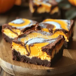 To make the brownies, you need these key ingredients: - 1 cup unsalted butter (2 sticks) - 1 cup granulated sugar - 1 cup packed brown sugar - 4 large eggs - 1 teaspoon pure vanilla extract - 1 cup all-purpose flour - 1 cup cocoa powder - 1 teaspoon baking powder - 1/2 teaspoon salt - 1/2 cup semi-sweet chocolate chips These ingredients create a rich and fudgy base. The butter adds moisture, while the sugars give sweetness. Eggs help bind everything together. Cocoa powder provides that deep chocolate flavor. For the pumpkin cheesecake layer, gather the following: - 8 oz cream cheese, softened - 1/2 cup granulated sugar - 1/2 cup canned pumpkin puree - 1 large egg - 1 teaspoon ground cinnamon - 1/2 teaspoon ground nutmeg - 1/4 teaspoon ground ginger This layer is creamy and spiced. The cream cheese gives it a smooth texture, while the pumpkin adds flavor and color. The spices bring warmth and depth. If you need to swap ingredients, here are some ideas: - Use coconut oil instead of butter for a dairy-free option. - Substitute brown sugar with coconut sugar for a healthier choice. - Replace all-purpose flour with almond flour for a gluten-free version. - Try Greek yogurt instead of cream cheese for a lighter cheesecake layer. These substitutions can fit different diets and tastes. They still keep the spirit of the recipe while adding your unique touch. Start by preheating your oven to 350°F (175°C). Grease a 9x13 inch baking pan or line it with parchment paper. This will help with easy removal later. In a medium saucepan, melt 1 cup of unsalted butter over medium heat. After it melts, let it cool for a few minutes. Next, stir in 1 cup of granulated sugar and 1 cup of packed brown sugar until it looks smooth. Add 4 large eggs, one at a time, mixing well after each egg. Mix in 1 teaspoon of pure vanilla extract. In another bowl, sift together 1 cup of all-purpose flour, 1 cup of cocoa powder, 1 teaspoon of baking powder, and 1/2 teaspoon of salt. Gradually mix this dry mixture into your wet ingredients. Don’t over mix! Finally, fold in 1/2 cup of semi-sweet chocolate chips. Set this delicious batter aside. In a separate mixing bowl, beat 8 oz of softened cream cheese until it’s smooth and creamy. Add 1/2 cup of granulated sugar and mix until it's well combined. Then, add 1/2 cup of canned pumpkin puree along with 1 large egg. Stir in 1 teaspoon of ground cinnamon, 1/2 teaspoon of ground nutmeg, and 1/4 teaspoon of ground ginger. Beat this mixture until it is creamy and smooth. This layer will add a rich pumpkin flavor to your brownies. Now it’s time to combine the layers. Pour half of the brownie batter into your prepared baking pan. Spread it evenly across the bottom. Next, spoon the pumpkin cheesecake mixture over the brownie layer. Gently spread it so it covers the batter. Now, dollop the remaining brownie batter on top of the cheesecake layer. Use a knife or skewer to swirl the two together. Make sure not to mix them completely. Bake your creation in the preheated oven for about 35-40 minutes. To test if it’s done, insert a toothpick into the center. It should come out with a few moist crumbs but no wet batter. Let the brownies cool in the pan for at least an hour before slicing them into squares. Enjoy the rich flavors and creamy texture! To make brownies that are soft and rich, use room temperature butter. This helps the butter blend well with the sugars. When mixing, don't overdo it. Stir just until all the ingredients combine. Overmixing makes brownies tough. Always check your oven temperature with a thermometer. Ovens can be off, and this can change your bake time. If you want fudgy brownies, take them out when a toothpick has a few moist crumbs. Serve these brownies warm for a cozy treat. You can dust them with powdered sugar for a sweet touch. For a creamy boost, add a dollop of whipped cream on top. A sprinkle of cinnamon adds a nice flavor too. Arrange them on a decorative platter for parties. They look great and taste even better. To create those lovely swirls, use a knife or skewer. After layering the pumpkin cheese mix, just draw it through the brownie batter. Make sure to move your knife in a gentle, circular motion. This method ensures you get those stunning swirls without mixing too much. The key is to mix just enough to see the layers, but not too much. This keeps the design pretty and the flavors distinct. {{image_2}} You can add nuts to the brownie mix for a nice crunch. Walnuts or pecans work well. Just chop them up and fold them into the brownie batter. You can also add chocolate chunks for extra richness. Swirling in caramel sauce can give a sweet surprise too. Mix it in gently to keep the layers distinct. To make these brownies gluten-free, use a gluten-free flour blend instead of all-purpose flour. Make sure the cocoa powder is also gluten-free. This change keeps the texture great while making it safe for those with gluten sensitivities. Double-check your baking powder too, as some brands may contain gluten. You can switch up the flavors in the cheesecake layer. Try using almond extract instead of vanilla for a nutty taste. Adding a bit of orange zest can brighten the pumpkin flavor. For a spicier twist, mix in a dash of cardamom or cloves. Each option brings a unique twist to the classic recipe. To store leftover Pumpkin Cheesecake Swirl Brownies, place them in an airtight container. Make sure they cool down completely before sealing. This helps keep them fresh and moist. You can stack the brownies with parchment paper between layers to prevent sticking. Store them at room temperature for up to four days. If you want to save these brownies for later, freezing is a great option. First, let the brownies cool completely. Then, cut them into squares. Wrap each square tightly in plastic wrap. For extra protection, place the wrapped brownies in a freezer-safe bag or container. They will last up to three months in the freezer. When you're ready to enjoy them, just thaw them at room temperature. To keep your brownies fresh, avoid exposing them to air. Keep them in a cool, dry spot away from heat or sunlight. If you follow these steps, you can enjoy your Pumpkin Cheesecake Swirl Brownies for days to come. If you have any extra toppings, like whipped cream, store those separately in the fridge. This way, you can add them right before serving for the best taste. The best way to serve these brownies is warm. Cut them into squares and place them on a nice plate. Dust with powdered sugar for a touch of sweetness. You can also add a dollop of whipped cream on top. A sprinkle of cinnamon enhances the flavor and makes it look fancy. Serve with a cup of coffee or a glass of milk for a delightful treat. Yes, you can use fresh pumpkin. Cook a small pumpkin until soft and then mash it. Make sure to drain any excess water. You need about half a cup for this recipe. This can add a fresh taste to your brownies. Just remember that fresh pumpkin may change the texture slightly. These brownies can last up to four days when stored properly. Keep them in an airtight container at room temperature. If you want them to last longer, you can freeze them. Wrap each square in plastic wrap and place them in a freezer bag. They can last up to three months in the freezer. Just thaw them before serving for the best flavor. This blog post covered everything you need to make delicious Pumpkin Cheesecake Swirl Brownies. We explored essential ingredients, step-by-step instructions, and baking tips. I shared variations to customize your brownies and how to store them for freshness. In summary, these brownies are fun and simple to make. Enjoy experimenting with flavors and sharing them with friends. You will impress everyone with your baking skills!