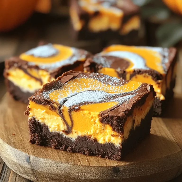 To make the brownies, you need these key ingredients: - 1 cup unsalted butter (2 sticks) - 1 cup granulated sugar - 1 cup packed brown sugar - 4 large eggs - 1 teaspoon pure vanilla extract - 1 cup all-purpose flour - 1 cup cocoa powder - 1 teaspoon baking powder - 1/2 teaspoon salt - 1/2 cup semi-sweet chocolate chips These ingredients create a rich and fudgy base. The butter adds moisture, while the sugars give sweetness. Eggs help bind everything together. Cocoa powder provides that deep chocolate flavor. For the pumpkin cheesecake layer, gather the following: - 8 oz cream cheese, softened - 1/2 cup granulated sugar - 1/2 cup canned pumpkin puree - 1 large egg - 1 teaspoon ground cinnamon - 1/2 teaspoon ground nutmeg - 1/4 teaspoon ground ginger This layer is creamy and spiced. The cream cheese gives it a smooth texture, while the pumpkin adds flavor and color. The spices bring warmth and depth. If you need to swap ingredients, here are some ideas: - Use coconut oil instead of butter for a dairy-free option. - Substitute brown sugar with coconut sugar for a healthier choice. - Replace all-purpose flour with almond flour for a gluten-free version. - Try Greek yogurt instead of cream cheese for a lighter cheesecake layer. These substitutions can fit different diets and tastes. They still keep the spirit of the recipe while adding your unique touch. Start by preheating your oven to 350°F (175°C). Grease a 9x13 inch baking pan or line it with parchment paper. This will help with easy removal later. In a medium saucepan, melt 1 cup of unsalted butter over medium heat. After it melts, let it cool for a few minutes. Next, stir in 1 cup of granulated sugar and 1 cup of packed brown sugar until it looks smooth. Add 4 large eggs, one at a time, mixing well after each egg. Mix in 1 teaspoon of pure vanilla extract. In another bowl, sift together 1 cup of all-purpose flour, 1 cup of cocoa powder, 1 teaspoon of baking powder, and 1/2 teaspoon of salt. Gradually mix this dry mixture into your wet ingredients. Don’t over mix! Finally, fold in 1/2 cup of semi-sweet chocolate chips. Set this delicious batter aside. In a separate mixing bowl, beat 8 oz of softened cream cheese until it’s smooth and creamy. Add 1/2 cup of granulated sugar and mix until it's well combined. Then, add 1/2 cup of canned pumpkin puree along with 1 large egg. Stir in 1 teaspoon of ground cinnamon, 1/2 teaspoon of ground nutmeg, and 1/4 teaspoon of ground ginger. Beat this mixture until it is creamy and smooth. This layer will add a rich pumpkin flavor to your brownies. Now it’s time to combine the layers. Pour half of the brownie batter into your prepared baking pan. Spread it evenly across the bottom. Next, spoon the pumpkin cheesecake mixture over the brownie layer. Gently spread it so it covers the batter. Now, dollop the remaining brownie batter on top of the cheesecake layer. Use a knife or skewer to swirl the two together. Make sure not to mix them completely. Bake your creation in the preheated oven for about 35-40 minutes. To test if it’s done, insert a toothpick into the center. It should come out with a few moist crumbs but no wet batter. Let the brownies cool in the pan for at least an hour before slicing them into squares. Enjoy the rich flavors and creamy texture! To make brownies that are soft and rich, use room temperature butter. This helps the butter blend well with the sugars. When mixing, don't overdo it. Stir just until all the ingredients combine. Overmixing makes brownies tough. Always check your oven temperature with a thermometer. Ovens can be off, and this can change your bake time. If you want fudgy brownies, take them out when a toothpick has a few moist crumbs. Serve these brownies warm for a cozy treat. You can dust them with powdered sugar for a sweet touch. For a creamy boost, add a dollop of whipped cream on top. A sprinkle of cinnamon adds a nice flavor too. Arrange them on a decorative platter for parties. They look great and taste even better. To create those lovely swirls, use a knife or skewer. After layering the pumpkin cheese mix, just draw it through the brownie batter. Make sure to move your knife in a gentle, circular motion. This method ensures you get those stunning swirls without mixing too much. The key is to mix just enough to see the layers, but not too much. This keeps the design pretty and the flavors distinct. {{image_2}} You can add nuts to the brownie mix for a nice crunch. Walnuts or pecans work well. Just chop them up and fold them into the brownie batter. You can also add chocolate chunks for extra richness. Swirling in caramel sauce can give a sweet surprise too. Mix it in gently to keep the layers distinct. To make these brownies gluten-free, use a gluten-free flour blend instead of all-purpose flour. Make sure the cocoa powder is also gluten-free. This change keeps the texture great while making it safe for those with gluten sensitivities. Double-check your baking powder too, as some brands may contain gluten. You can switch up the flavors in the cheesecake layer. Try using almond extract instead of vanilla for a nutty taste. Adding a bit of orange zest can brighten the pumpkin flavor. For a spicier twist, mix in a dash of cardamom or cloves. Each option brings a unique twist to the classic recipe. To store leftover Pumpkin Cheesecake Swirl Brownies, place them in an airtight container. Make sure they cool down completely before sealing. This helps keep them fresh and moist. You can stack the brownies with parchment paper between layers to prevent sticking. Store them at room temperature for up to four days. If you want to save these brownies for later, freezing is a great option. First, let the brownies cool completely. Then, cut them into squares. Wrap each square tightly in plastic wrap. For extra protection, place the wrapped brownies in a freezer-safe bag or container. They will last up to three months in the freezer. When you're ready to enjoy them, just thaw them at room temperature. To keep your brownies fresh, avoid exposing them to air. Keep them in a cool, dry spot away from heat or sunlight. If you follow these steps, you can enjoy your Pumpkin Cheesecake Swirl Brownies for days to come. If you have any extra toppings, like whipped cream, store those separately in the fridge. This way, you can add them right before serving for the best taste. The best way to serve these brownies is warm. Cut them into squares and place them on a nice plate. Dust with powdered sugar for a touch of sweetness. You can also add a dollop of whipped cream on top. A sprinkle of cinnamon enhances the flavor and makes it look fancy. Serve with a cup of coffee or a glass of milk for a delightful treat. Yes, you can use fresh pumpkin. Cook a small pumpkin until soft and then mash it. Make sure to drain any excess water. You need about half a cup for this recipe. This can add a fresh taste to your brownies. Just remember that fresh pumpkin may change the texture slightly. These brownies can last up to four days when stored properly. Keep them in an airtight container at room temperature. If you want them to last longer, you can freeze them. Wrap each square in plastic wrap and place them in a freezer bag. They can last up to three months in the freezer. Just thaw them before serving for the best flavor. This blog post covered everything you need to make delicious Pumpkin Cheesecake Swirl Brownies. We explored essential ingredients, step-by-step instructions, and baking tips. I shared variations to customize your brownies and how to store them for freshness. In summary, these brownies are fun and simple to make. Enjoy experimenting with flavors and sharing them with friends. You will impress everyone with your baking skills!