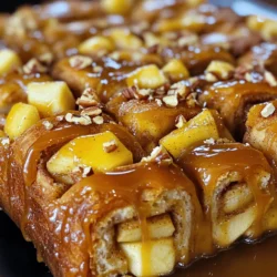 - 2 cans of refrigerated cinnamon roll dough (each with 8 rolls) - 2 medium apples, peeled, cored, and diced (about 2 cups) - 1 cup caramel sauce (store-bought or homemade) - 1 tablespoon ground cinnamon - ½ cup brown sugar - ½ cup chopped nuts (pecans or walnuts, optional) - ¼ cup butter, melted - 1 tablespoon vanilla extract - A pinch of salt - Chopped nuts, like pecans or walnuts for added crunch - Extra caramel sauce for drizzling on top - Powdered sugar for a sweet finish You need simple ingredients for this recipe. The dough makes it easy. The apples add a fresh taste. The caramel sauce makes everything sweet and rich. If you want to add nuts, they give a nice crunch. You can use chopped pecans or walnuts. This choice is up to you! First, set your oven to 350°F (175°C). This is the perfect temperature for baking. Next, grab a 9x5-inch loaf pan. Lightly grease it with cooking spray or butter. This step helps the bread come out easily after baking. Now, take two medium apples. Peel, core, and dice them into small pieces. You need about two cups of diced apples. In a large bowl, mix the diced apples with one tablespoon of ground cinnamon, half a cup of brown sugar, and a pinch of salt. Stir until the apples are well coated. This mix adds great flavor to your bread. Open the cans of cinnamon roll dough. You will find eight rolls in each can. Separate the rolls and cut each roll into quarters. This will create bite-sized pieces for your pull-apart bread. In another bowl, drizzle a quarter cup of melted butter over the quartered cinnamon roll pieces. Toss them to coat evenly. Start layering in the loaf pan. Place some coated cinnamon roll pieces in the bottom of the pan. Add half of the apple mixture on top. If you like nuts, sprinkle half of the chopped nuts now. Repeat this process. Add another layer of cinnamon roll pieces, the remaining apple mix, and any leftover nuts. Finish with a final layer of cinnamon roll pieces. Finally, drizzle one cup of caramel sauce over the top. The sauce will soak into the layers as it bakes. Bake in the preheated oven for about 30-35 minutes. Look for a golden brown color and check if it’s cooked through. When done, let it cool in the pan for about 10 minutes. Then transfer it to a serving platter. Enjoy the sweet aroma and get ready to delight in this delicious treat! When picking apples for this recipe, look for firm and crisp ones. Good choices are Granny Smith or Honeycrisp. They add a nice tartness and crunch. Avoid soft or mealy apples, as they won't hold up well during baking. Remember, fresh apples will make your dish taste great. If you have leftover caramel sauce, store it in a glass jar. Let it cool first, then seal it tight. Keep it in the fridge for up to two weeks. When you want to use it, just warm it in the microwave for a few seconds. Stir it well before drizzling it on desserts. To make sure your pull-apart bread cooks evenly, layer the dough and apple mix carefully. Press down gently on each layer. This helps all parts cook at the same rate. Check your oven's hot spots by rotating the pan halfway through baking. This simple step can help avoid uneven browning. {{image_2}} You can switch up the apples in this recipe. Try pears for a juicy twist. They add a nice soft texture. You can also use berries for a burst of flavor. Blueberries or raspberries work great. They give a sweet and tart taste. If you're feeling adventurous, mix fruits! Use apples and berries together for a fun combo. While pecans and walnuts are tasty, you have other choices. Almonds add a nice crunch and a hint of sweetness. Cashews can give a creamy feel to every bite. If you prefer no nuts, just skip them! The pull-apart bread still tastes amazing without nuts. Want a lighter version? Use whole wheat cinnamon roll dough. This adds fiber and makes it a bit healthier. You can also reduce sugar by half. Try using honey or maple syrup instead of caramel sauce. This gives you a different flavor but still keeps it delicious. Lastly, swap butter for coconut oil. You'll love the tropical taste! You can keep your Caramel Apple Cinnamon Roll Pull-Apart Bread in the fridge. Wrap it well in plastic wrap or foil. This keeps it fresh for up to three days. If you want to enjoy it later, refrigerate it right after it cools. To freeze, first let the bread cool completely. Then, wrap it tightly in plastic wrap. After that, place it in a freezer-safe bag. This keeps it good for up to two months. When you are ready to eat, thaw it in the fridge overnight. You can reheat the bread in the oven for the best taste. Preheat your oven to 350°F (175°C). Place the bread in an oven-safe dish and cover it with foil. Heat for about 15-20 minutes until warm. If you want a soft texture, you can also use the microwave. Heat a slice for about 20-30 seconds. Drizzle some caramel sauce on top before serving for extra flavor! Yes, you can use frozen cinnamon rolls. Just thaw them first. Follow the package’s instructions for thawing. Then, cut them into quarters as you would fresh rolls. This option saves time and still tastes great. Making homemade caramel sauce is easy! Here’s a simple way to do it: - Ingredients: - 1 cup granulated sugar - 6 tablespoons unsalted butter - ½ cup heavy cream - A pinch of salt - Instructions: 1. In a pan, heat the sugar over medium heat. Stir until it melts and turns golden. 2. Add the butter and mix until melted. 3. Slowly pour in the cream while stirring. Be careful; it will bubble up! 4. Add a pinch of salt and stir until smooth. Let it cool. This sauce is sweet and rich, perfect for drizzling on your pull-apart bread! You can serve this bread warm, drizzled with more caramel sauce. A scoop of vanilla ice cream pairs well too. Whipped cream adds a nice touch. For a festive look, sprinkle some chopped nuts or powdered sugar on top. Each bite is a treat! This guide covered all you need for Caramel Apple Cinnamon Roll Pull-Apart Bread. We explored key ingredients, how to prepare, and tips for perfect layers. I shared ways to pick the best apples and store your sauce. You can also try different fruits or make healthier choices. Remember, the joy of cooking lies in exploring flavors. Have fun, and make this recipe your own. Enjoy the delicious rewards of your hard work!