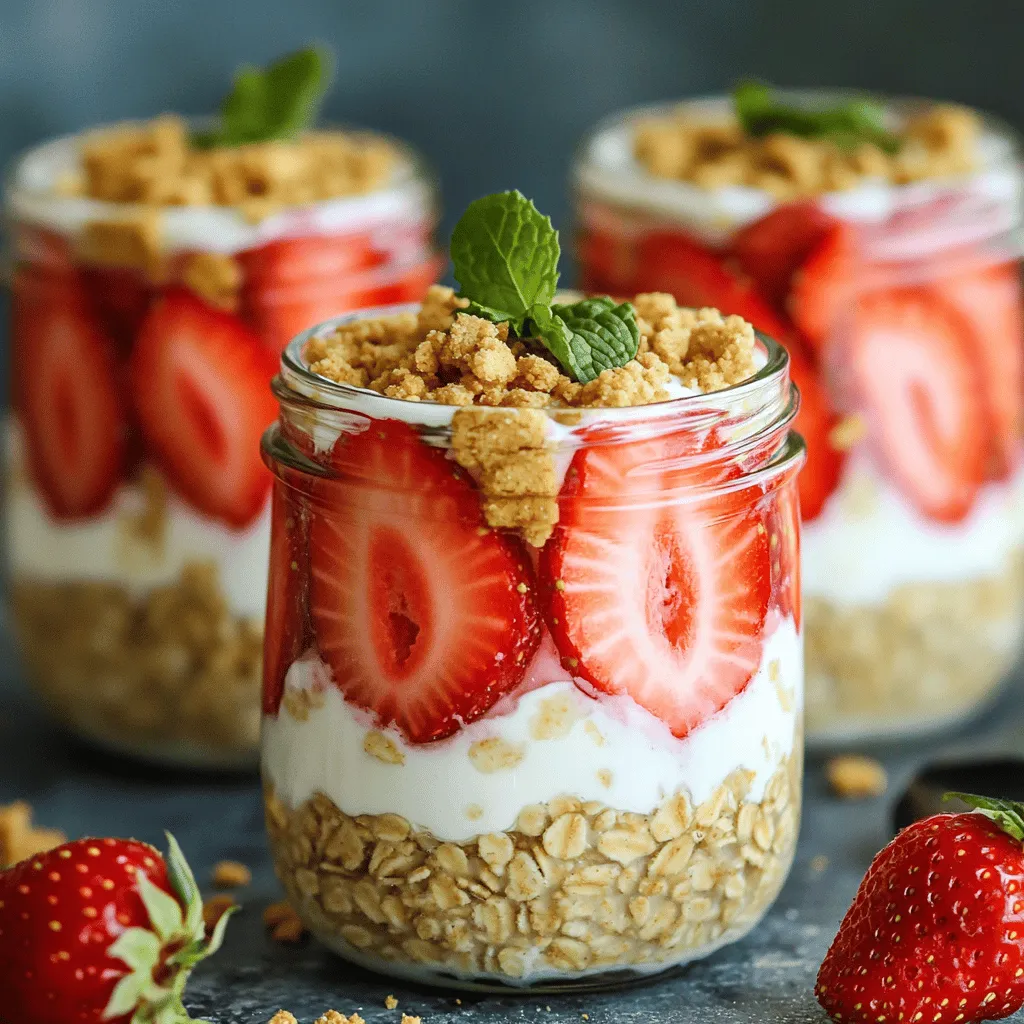 - 1 cup rolled oats - 1 cup almond milk (or any milk of your choice) - 1/2 cup Greek yogurt - 1/4 cup cream cheese, softened - 2 tablespoons maple syrup (or honey) - 1 teaspoon vanilla extract - 1/2 cup fresh strawberries, hulled and sliced - 1 tablespoon chia seeds - 1 tablespoon crushed graham crackers (for topping) - Fresh mint leaves for garnish (optional) To make strawberry cheesecake overnight oats, you need simple ingredients. Each one adds flavor and texture. The rolled oats serve as the base. They soak up the almond milk, making them soft and tasty. Greek yogurt and cream cheese give a rich and creamy texture. Maple syrup or honey sweetens the dish. Fresh strawberries add a burst of fruitiness. They bring the cheesecake flavor to life. Chia seeds are a great addition. They help the oats thicken and add nutrition. Crushed graham crackers on top provide that classic cheesecake crunch. You can also add mint leaves for a fresh touch. Gather these ingredients, and you are ready to create a delicious breakfast! - Combine 1 cup rolled oats, 1 cup almond milk, 1/2 cup Greek yogurt, and 1/4 cup cream cheese in a large bowl. - Add 2 tablespoons maple syrup, 1 teaspoon vanilla extract, and 1 tablespoon chia seeds. - Mix thoroughly until smooth and creamy. - Stir in half of the 1/2 cup of fresh strawberries, keeping the rest for topping later. - Divide the mixture evenly into two jars or containers. - Seal each jar tightly and refrigerate overnight or for at least 4 hours. This helps the oats absorb the flavors. - When ready to serve, remove the jars from the fridge. - Give the mixture a good stir. If it’s too thick, add a splash of almond milk to reach your desired consistency. - Top each jar with the remaining fresh strawberries and a sprinkle of crushed graham crackers. - Optional: Garnish with fresh mint leaves for a lovely touch. To make your strawberry cheesecake overnight oats perfectly creamy, use chilled ingredients. Cold milk and yogurt help the oats absorb moisture better. When mixing, stir slowly and gently. This way, all flavors blend without breaking the oats. Want to make it dairy-free? Use coconut yogurt and almond milk for a vegan twist. For sweetness, adjust the maple syrup or honey. You can add more if you like it sweet or less for a lighter taste. For extra flavor, try adding other fruits like blueberries or bananas. Nuts like almonds or walnuts can add crunch. If you need a graham cracker swap, use crushed nuts or gluten-free cookies. This way, everyone can enjoy the dish! {{image_2}} You can make strawberry cheesecake overnight oats even more exciting! Try these fun flavors: - Chocolate Strawberry Cheesecake Overnight Oats: Add cocoa powder to the oat mix. This gives a rich chocolate flavor. Top it with chocolate chips for a sweet treat. - Berry Medley Overnight Oats: Mix in different berries like blueberries or raspberries. This adds a burst of color and flavor. Each bite will feel fresh and fruity. Making this recipe fit your diet is easy. Here are some ideas: - Gluten-free adaptations using oats: Use certified gluten-free oats. This keeps the recipe safe for those with gluten issues. Always check labels to be sure. - High-protein variations with additional yogurt: Add more Greek yogurt to boost protein. This makes your oats filling and nutritious. You can also use protein powder if you like. Seasons change, and so can your oats! Here’s how to switch things up: - Substituting fruits based on seasons: In the summer, use peaches or plums. In the fall, try apples or pumpkin puree. Each season brings new flavors to enjoy. This keeps your breakfast exciting all year long. To keep your strawberry cheesecake overnight oats fresh, use airtight containers. Glass jars with lids work great. They help seal in the flavors and moisture. Make sure to store them in the fridge right after you mix the ingredients. This keeps them cold and ready for breakfast. You can store the oats in the refrigerator for up to five days. Always check for spoilage before eating. Signs of spoilage include a sour smell or an unusual texture. If the oats look dry or clumpy, it’s best to toss them. Yes, you can freeze overnight oats! Just make sure to use freezer-safe containers. Leave a small space at the top for expansion. To serve frozen oats, thaw them in the fridge overnight. You can also microwave them for a quick meal. Just add a splash of almond milk to regain creaminess. Overnight oats are a simple and healthy breakfast. You mix rolled oats with milk and other ingredients. Then, you let them soak overnight. This softens the oats and brings the flavors together. Benefits include: - Time-saving: You prepare them the night before. - Customizable: You can add fruits, nuts, or spices. - Nutritious: They are high in fiber and protein. You end up with a creamy and delicious meal ready to enjoy! Yes, you can make this recipe in advance! Overnight oats can last in the fridge for up to five days. This makes them perfect for meal prep. Storage tips: - Use jars or airtight containers. - Label them with the date you made them. - If you want, you can add toppings right before eating. This way, you can grab a jar each morning and enjoy a tasty breakfast. You can easily make this recipe vegan by swapping a few ingredients. Here’s how: Substitutions: - Use plant-based milk, like almond or oat milk, instead of regular milk. - Replace Greek yogurt with coconut yogurt or another dairy-free option. - Swap cream cheese for vegan cream cheese or omit it entirely. These changes keep the taste great while making it vegan-friendly! This post covered delicious overnight oats, including key ingredients and how to prepare them. You learned helpful tips for the best results and ways to customize your recipe. Variations let you explore flavors and dietary needs while maintaining freshness. Using proper storage ensures your oats last longer without spoiling. Enjoy these simple treats any time, knowing they can fit any taste or diet. Overnight oats make a tasty and easy meal for everyone.