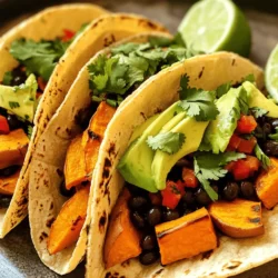 - 2 medium sweet potatoes, peeled and diced - 1 can (15 oz) black beans, drained and rinsed - 1 red bell pepper, diced - 1 small red onion, finely chopped - 2 cloves garlic, minced Sweet potatoes are the star of this dish. They add a touch of sweetness and a creamy texture. Black beans provide protein and richness, making the tacos filling. Peppers and onions add crunch and a pop of flavor. - 2 tablespoons olive oil - 1 teaspoon ground cumin - 1 teaspoon chili powder - Salt and pepper to taste - Avocado slices and fresh cilantro for garnish - Lime wedges for serving Olive oil helps the sweet potatoes roast nicely. Cumin and chili powder bring warmth and depth to the dish. Fresh toppings like avocado and cilantro add creaminess and brightness. Lime juice gives a zesty finish. - 8 corn tortillas - Gluten-free alternatives Corn tortillas are traditional and pair well with the filling. If you need gluten-free options, look for corn or rice-based tortillas. They hold the filling and add a nice texture. - Preheat your oven to 400°F (200°C). This step is key for perfect roasting. - In a large bowl, mix the diced sweet potatoes with olive oil, cumin, chili powder, salt, and pepper. Toss them well until they are coated. This adds great flavor to your sweet potatoes. - Spread the sweet potatoes on a baking sheet in a single layer. Roast them for about 25–30 minutes. Stir them halfway through for even cooking. They should be tender and slightly caramelized when done. - While the sweet potatoes roast, heat a skillet on medium heat. Add the chopped red onion and sauté for about 3 minutes until it softens. This builds a nice base flavor. - Next, add the minced garlic and diced red bell pepper to the skillet. Cook for another 3–4 minutes until the pepper is soft. Stir in the black beans and heat through for 2–3 minutes. Season with salt and pepper to taste. - Warm the corn tortillas in a dry skillet or microwave until they are pliable. This makes them easier to fold. - To assemble each taco, fill a tortilla with a spoonful of the roasted sweet potato mixture. Top it with the black bean mix. - Garnish each taco with avocado slices, fresh cilantro, and a squeeze of lime juice. This adds freshness and brightness to the dish. To make your tacos really shine, adjust the spices to fit your taste. If you like spice, add more chili powder. For a milder flavor, reduce the cumin. Don't be afraid to experiment and taste as you go. When caramelizing sweet potatoes, cook them until they are golden brown. This adds a rich flavor and crunchy texture. Stir them halfway through cooking for even browning. A little patience goes a long way here. Prep time can be cut down with a few tricks. Dice the sweet potatoes and vegetables ahead of time. You can store them in the fridge to save time. While the sweet potatoes roast, multitask in the kitchen. Sauté the onions and garlic as the sweet potatoes cook. This way, your meal comes together faster, and everything stays warm. Pair your sweet potato black bean tacos with a fresh side salad. A simple green salad with lime dressing works well. For presentation, stack the tacos neatly on a plate. Add avocado slices and cilantro on top for color. Serve with lime wedges on the side for a zesty touch. This makes the dish look as good as it tastes! {{image_2}} You can switch up the black beans for other beans. Chickpeas or pinto beans work well, too. They add their unique taste and texture. For something different, try adding extra vegetables. Corn, zucchini, or spinach can boost flavor and nutrition. Mix and match until you find your favorite combo. This recipe is naturally vegan and gluten-free. If you have dietary restrictions, you can still enjoy these tacos. Use gluten-free tortillas, which are widely available. For toppings, try using cashew cream or dairy-free cheese. These options keep your meal delicious and safe for everyone. To take your tacos to the next level, consider adding sauces or salsas. A zesty lime crema or a spicy salsa can make a big difference. Fresh herbs like cilantro or parsley can also enhance the taste. Experiment with flavors to find what excites your palate. To keep your tacos fresh, store leftovers in an airtight container. This helps prevent spoilage. I suggest using glass containers. They are safe and do not absorb smells. Make sure to cool the food before sealing. For the best taste, reheat in a skillet over medium heat. This method helps keep the tortillas soft and warm. If you use a microwave, wrap the tacos in a damp paper towel. This keeps them moist. Avoid overheating, as it can make the filling dry. Yes, you can freeze the tacos! To freeze, place the cooled filled tacos in a single layer on a baking sheet. Once frozen, transfer them to a freezer bag. Remove as much air as possible to prevent freezer burn. When ready to eat, thaw in the fridge overnight. Reheat in a skillet or oven for the best texture. To make sweet potato black bean tacos suitable for meal prep, cook all your ingredients first. You can roast sweet potatoes and sauté the onion, garlic, and peppers in advance. Store each part in separate containers. When ready to eat, just warm the tortillas and reheat the filling. This keeps everything fresh. Yes! You can use other types of tortillas. Flour tortillas work well, too. You can also try whole wheat or spinach tortillas for added flavor and nutrition. Just ensure they are pliable for easy folding. If you need a substitute for black beans, try pinto beans or kidney beans. Chickpeas can also work well. Each bean adds a unique flavor and texture. Choose what you like best! Sweet potato black bean tacos are very healthy. They are rich in fiber, vitamins, and minerals. Sweet potatoes provide good carbs, while black beans add protein. This meal is also low in fat. Leftovers can last in the fridge for about three to four days. Store them in airtight containers to keep them fresh. Reheat them on the stove or microwave for the best taste. These sweet potato black bean tacos are easy to make and fun to eat. You can customize the ingredients and flavors to match your taste. Using fresh veggies, spices, and different tortillas ensures each bite is tasty. Follow the steps for perfect cooking and great presentation. Remember to store leftovers properly for later enjoyment. With these tips and tricks, you can impress friends and family. Enjoy your delicious tacos, and feel free to experiment with new flavors!