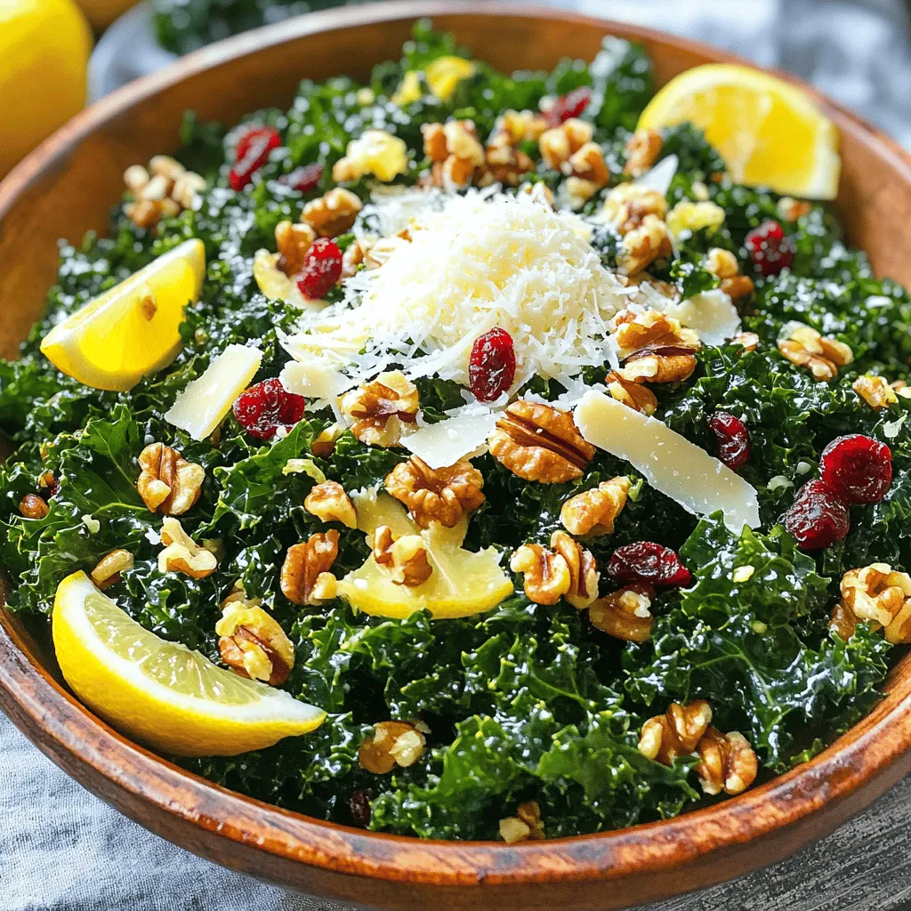 - 4 cups kale, stems removed and torn into bite-sized pieces - 1 cup grated Parmesan cheese - 1 large lemon (juice and zest) Kale serves as the base of this salad. It is packed with vitamins and minerals. I love using fresh kale because it gives a nice crunch. Next, the Parmesan cheese adds a rich, creamy flavor. It melts in your mouth and pairs well with kale. The lemon brings brightness to the dish. Its juice and zest create a refreshing taste that lifts the flavors. - 1/4 cup extra-virgin olive oil - 1 tablespoon honey - 1 teaspoon Dijon mustard The dressing is simple but full of flavor. Olive oil provides healthy fats and a smooth texture. Honey adds a touch of sweetness to balance the tartness of lemon. Dijon mustard gives the dressing a slight tang. Together, these ingredients make a delicious coating for the salad. - 1/4 cup chopped walnuts (toasted) - 1/4 cup dried cranberries - Seasoning Variations Adding walnuts gives a nice crunch and nutty flavor. They also provide healthy fats and protein. Dried cranberries add sweetness and a pop of color. You can also experiment with seasonings. Try adding garlic powder or a sprinkle of pepper for extra kick. These add-ins can make your salad even more exciting! To start, you need to prepare the kale. First, remove the tough stems from the kale. This makes the leaves easier to eat. Then, tear the leaves into bite-sized pieces. This helps them soak up flavors better. Next, massage the kale. Place the torn leaves in a large bowl. Drizzle with a bit of olive oil if you like. Massage the kale with your hands for about 2-3 minutes. This softens the leaves and makes them tender. Now, let's make the dressing. In a small bowl, whisk together the juice and zest of one large lemon. Add the olive oil, honey, Dijon mustard, garlic powder, salt, and pepper. Whisk until everything is well mixed. You want a smooth consistency for easy coating. Pour the dressing over the massaged kale. Toss the kale to coat it evenly with the dressing. Next, add in the grated Parmesan cheese, chopped walnuts, and dried cranberries. Gently mix everything together. This step distributes the flavors throughout the salad. Let the salad sit for about 10 minutes. This allows the flavors to meld together. Enjoy your fresh and healthy Lemon Parmesan Kale Salad! Massaging kale is key. It helps the leaves soften and taste better. You should rub the leaves gently for about 2-3 minutes. This breaks down tough fibers and makes them easier to chew. The salad will feel fresher and lighter. When choosing fresh kale, look for bright green leaves. They should be firm, not wilted. Avoid any yellow or brown spots. Fresh kale has a crisp texture and a clean smell. You can find it in most grocery stores or local markets. For presentation, serve the salad in a large bowl. You can also use individual plates for a nice touch. Add lemon wedges and more Parmesan cheese on top. This makes the salad look appetizing and bright. Pair this salad with proteins like grilled chicken or shrimp. It also goes well with other sides, like quinoa or roasted vegetables. The flavors of the salad mix nicely with many dishes. If you want an alternative for honey, try maple syrup or agave nectar. These options add sweetness without changing the flavor too much. For cheese, you can use feta or goat cheese instead of Parmesan. Both add a unique taste. They can give the salad a different twist while keeping it delicious. {{image_2}} You can change this salad with seasonal fruits. Apples or pears add a nice crunch. Their sweetness balances the sharpness of the kale. You can also swap nuts. Try pecans or almonds for a different taste. They add texture and healthy fats. To make this salad heartier, add protein. Grilled chicken or shrimp works well. They bring flavor and keep you full. If you want a plant-based option, use chickpeas. They are packed with protein and fiber. Toss them in for a healthy boost. You can switch up the dressing for a new twist. A yogurt-based dressing gives a creamy texture. It pairs nicely with the lemon. For a tangy flavor, use vinegar instead of lemon juice. Balsamic or apple cider vinegar creates a whole new taste. Try these options to keep the salad exciting! To keep your Lemon Parmesan Kale Salad fresh, store leftovers in an airtight container. This helps prevent the salad from wilting. You can keep it in the fridge for up to three days. After that, the kale may lose its crispness and flavor. Can you freeze kale salad? It's best not to freeze this salad. Freezing can change the texture of the kale and other ingredients. How to store dressed vs. undressed salad? If you must freeze it, store the kale undressed. Keep the dressing in a separate container. This will help maintain the flavor and texture. Yes, you can prepare the salad ahead. Just keep the dressing separate. This way, the kale stays fresh. When you're ready to eat, mix the dressing in. Let it sit for about 10 minutes. This helps the flavors blend well. You can use nutritional yeast for a vegan option. It gives a cheesy flavor without dairy. Another great choice is pecorino cheese. It has a similar taste and works well in this recipe. Yes, Lemon Parmesan Kale Salad is gluten-free. All the ingredients are safe for those avoiding gluten. So, enjoy it without worry! How long does this salad last in the fridge? It lasts about 2-3 days in the fridge. Keep it in an airtight container for best results. Can I add more veggies to the salad? Absolutely! Carrots or bell peppers can add crunch and color. Feel free to get creative! Is this salad good for meal prep? Yes! It’s perfect for meal prep. Just store the dressing separately to keep the kale fresh. In this blog post, we explored how to make a delicious Lemon Parmesan Kale Salad. We covered the main ingredients, dressing components, and optional add-ins. You learned about the best ways to prep kale and make the dressing, plus tips for serving and storage. This salad is fresh, healthy, and easy to customize. Feel free to try new ingredients and variations. Enjoy making your own unique version, and savor the bright flavors!