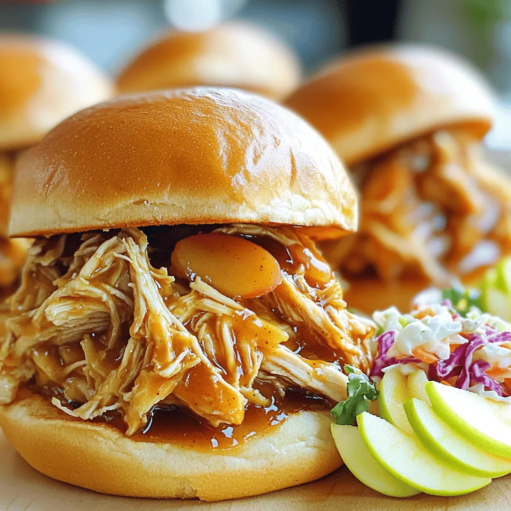 To make Slow Cooker Apple Cider Pulled Chicken Sandwiches, you need the following chicken and liquid ingredients: - 2 lbs boneless, skinless chicken breasts - 1 cup apple cider (not alcoholic) - 1/2 cup apple cider vinegar These ingredients create a juicy base for your pulled chicken. The chicken cooks slowly and absorbs all the great flavors. Next, you will want to gather these sweet and savory ingredients: - 1/4 cup brown sugar - 1 tablespoon Dijon mustard - 1 teaspoon garlic powder - 1 teaspoon onion powder - 1 teaspoon ground cinnamon - 1/2 teaspoon salt - 1/2 teaspoon black pepper These ingredients balance sweetness and spice. They help create a rich sauce that makes the chicken tender and tasty. For a fun twist, consider these optional toppings: - Coleslaw - Sliced apples - Pickles These toppings add crunch and freshness to your sandwich. You can mix and match them to suit your taste. With these ingredients ready, you're all set to make a delicious meal that everyone will love. Start with rinsing the chicken breasts under cold water. This step cleans off any debris. After rinsing, pat the chicken dry with paper towels. This helps the sauce stick better. Next, place the chicken in the bottom of the slow cooker. This is the base for your flavorful dish. In a medium bowl, whisk together the apple cider, apple cider vinegar, brown sugar, Dijon mustard, garlic powder, onion powder, cinnamon, salt, and pepper. Make sure to mix until it is smooth. This sauce will add a rich flavor to your chicken. Pour the sauce over the chicken in the slow cooker. Ensure the chicken is completely coated. Cover with a lid. You can cook on low for 6-7 hours or on high for 3-4 hours. The chicken is done when it is tender and easy to shred. Once cooked, remove the chicken from the slow cooker. Place it on a cutting board. Use two forks to shred the chicken into small pieces. This method is easy and quick. After shredding, return the chicken to the slow cooker. Stir it into the cooking liquid. This helps the chicken absorb all the tasty flavors. Let it cook for an additional 10-15 minutes on low to heat through. If you like, toast the hamburger buns for extra crunch. Then, take the bottom half of each bun. Place a generous amount of apple cider pulled chicken on each. Add toppings if you want, like coleslaw, sliced apples, or pickles. Finally, close the sandwich with the top half of the bun. Enjoy your tasty creation! - Ensuring Flavor Absorption To get the best flavor, coat the chicken well. Pour the sauce over the chicken, making sure every piece is covered. After shredding, return the chicken to the slow cooker. Stir it into the sauce for extra flavor. Let it sit for a bit. This helps the chicken soak up all the tasty juices. - Troubleshooting Common Issues If the chicken is dry, it may have cooked too long. Check your slow cooker’s heat setting. If it runs hot, use the low setting. Too much liquid can make the chicken soggy. Use just enough sauce to coat the chicken. If your sauce is too thin, remove the lid for the last hour of cooking. This will help thicken the sauce. - Creative Plating Ideas For a fun presentation, serve the sandwiches on a wooden board. Arrange the buns in a row. Place toppings like coleslaw, sliced apples, or pickles in small bowls nearby. This invites guests to build their own sandwiches. You can add fresh apple slices for a bright touch. - Pairing with Sides These pulled chicken sandwiches pair well with many sides. Try serving them with sweet potato fries for a tasty contrast. A fresh green salad also works great. For a cozy fall vibe, serve with warm apple slices or a pumpkin soup. These sides keep the meal balanced and satisfying. {{image_2}} Experimenting with Different Mustards You can switch up the mustard in this recipe. Try using whole grain mustard for a grainy texture. Spicy brown mustard adds a kick. Even honey mustard can give a sweet touch. Each option changes the flavor, making it unique. Adding Heat with Spices If you like heat, add some cayenne pepper or crushed red pepper flakes. Start small, about 1/4 teaspoon, and adjust to your taste. You can also try smoked paprika for a warm, smoky flavor. These spices will enhance the dish and make it exciting. Instant Pot Adaptation If you need to cook faster, use an Instant Pot. Place the chicken in the pot and add the sauce. Lock the lid and cook on high pressure for about 15 minutes. Let the pressure release naturally for 10 minutes before opening. Shred the chicken as usual and enjoy! Stovetop Cooking Instructions You can also cook this dish on the stovetop. Use a large pot and add the chicken and sauce. Bring it to a boil, then reduce the heat. Cover and let it simmer for about 30-40 minutes. Check the chicken for tenderness. Shred and mix as you do in the slow cooker. To keep your Slow Cooker Apple Cider Pulled Chicken fresh, follow these steps: - Best Practices for Storing Leftovers: Allow the chicken to cool down first. Transfer it into an airtight container. Make sure to seal it well to prevent moisture loss. - Duration of Freshness: Properly stored, the pulled chicken lasts for up to four days in the fridge. Be sure to label the container with the date for easy reference. If you want to save some for later, freezing is an option. Here’s how to do it right: - Proper Freezing Techniques: Use freezer-safe bags or containers. Divide the chicken into meal-sized portions. Remove as much air as possible before sealing. - Thawing Instructions: When you’re ready to eat, thaw the chicken overnight in the fridge. You can also use the microwave for quick thawing. Just be sure to heat it thoroughly before serving. If you don’t have apple cider, you can use apple juice. It gives a sweet flavor. You can also try white grape juice for a lighter taste. Mix in a bit of vinegar to mimic the tartness of cider. Yes, you can use frozen chicken breasts. Just remember to cook them longer. If they are frozen, add an extra hour on low or 30 minutes on high. Always check that the chicken reaches 165°F for safety. To make sure the chicken stays tender, cook it on low heat. This allows the flavors to soak in. Also, don’t rush the cooking time. Shredding the chicken while it’s hot helps keep it juicy. Yes! You can use an Instant Pot or a stovetop. For the Instant Pot, cook on high for 10-12 minutes. If using the stovetop, simmer the chicken in the sauce for about 30-40 minutes. I love adding coleslaw for crunch. Sliced apples add a fresh taste. Pickles give a nice tang. You can mix and match to find your favorite! You now know how to make delicious apple cider chicken sandwiches from start to finish. We covered all the ingredients, from the chicken to sweet and savory elements. I explained each step, ensuring your chicken turns out tender and flavorful. You gained tips for cooking and serving, along with storage advice. Remember, you can easily adapt this recipe to suit your taste. Feel free to experiment with flavors or cooking methods. Enjoy your tasty sandwiches and share them with others!