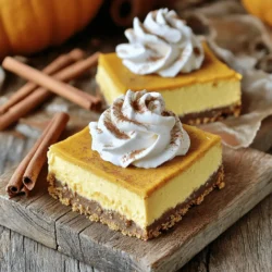 - 2 (8-ounce) packages cream cheese, softened - 1 cup pumpkin puree - 2 large eggs - 1 cup powdered sugar - 1 teaspoon vanilla extract - 1 teaspoon ground cinnamon - ½ teaspoon ground nutmeg - ¼ teaspoon ground ginger - ¼ teaspoon salt These main ingredients create a rich and creamy filling. Cream cheese adds smoothness, while pumpkin gives a lovely flavor. Eggs bind everything together. The spices bring warmth, perfect for fall. - 1 ½ cups graham cracker crumbs - ½ cup unsalted butter, melted - ¼ cup granulated sugar The crust gives a crunchy base. Graham cracker crumbs add sweetness and texture. Butter helps hold the crust together, while sugar gives it a nice touch of sweetness. - Whipped cream for topping - Cinnamon sticks for garnish You can top your bars with whipped cream. It adds a light, fluffy texture. Cinnamon sticks make a pretty garnish and give extra flavor. These toppings make your dessert even more special! First, preheat your oven to 325°F (163°C). In a medium bowl, mix together 1 ½ cups of graham cracker crumbs, ½ cup of melted unsalted butter, and ¼ cup of granulated sugar. Stir until everything is well blended. Now, press this mixture firmly into the bottom of a greased 9x9-inch baking pan. Make sure you create an even layer across the bottom. Next, take a large mixing bowl and beat 2 packages of softened cream cheese with an electric mixer until it's smooth. Add in 1 cup of pumpkin puree, 1 cup of powdered sugar, 2 large eggs, and 1 teaspoon each of vanilla extract and ground cinnamon. Also, include ½ teaspoon of ground nutmeg, ¼ teaspoon of ground ginger, and a pinch of salt. Mix until everything is creamy and perfectly combined. Now, pour the pumpkin cheesecake filling over the crust in the baking pan. Use a spatula to spread it evenly. Place the pan in the oven and bake for about 30 to 35 minutes. You’ll know the bars are done when the center is set and the edges are lightly golden. After baking, let the cheesecake bars cool at room temperature for about 1 hour. Then, refrigerate them for at least 2 hours until they are fully chilled and set. Once chilled, use a sharp knife to cut the bars into squares. For serving, top each square with a dollop of whipped cream and garnish with cinnamon sticks if you like. Enjoy this tasty treat! To create the best pumpkin spice cheesecake bars, keep these tips in mind: - Avoid Overmixing: Mix the filling just until smooth. Overmixing adds air, which can cause cracks. - Baking Tips: Bake the bars until the center is set but slightly jiggly. This ensures a creamy texture. Chilling time is crucial. After baking, let the bars cool for one hour. Then, refrigerate for at least two hours. This helps the flavors meld and the cheesecake firm up. These bars are perfect for fall gatherings. Serve them with a dollop of whipped cream on top. This adds a light, creamy contrast. For a festive touch, add cinnamon sticks as a garnish. This looks pretty and enhances the pumpkin spice flavor. Pair these bars with a warm drink, like spiced chai or coffee. The warm flavors match perfectly with the cheesecake. You need a few essential tools to make these cheesecake bars: - Mixing Bowls: Use one large bowl for the filling and a medium bowl for the crust. - Electric Mixer: This makes blending the cream cheese smooth and easy. - 9x9-inch Baking Pan: This is the right size for even baking. - Spatula: A spatula helps spread the filling smoothly over the crust. - Sharp Knife: Use this for slicing the bars neatly after chilling. With these tips and tools, you can make delightful pumpkin spice cheesecake bars that everyone will love! {{image_2}} You can switch pumpkin for other purees like sweet potato or butternut squash. This change adds a new taste while keeping the creamy texture. Each puree gives a unique flavor twist. Sweet potato offers a rich sweetness, while butternut squash adds a nutty note. Feel free to mix spices too. Try adding a little cardamom or clove for extra warmth. If you need gluten-free options, use gluten-free graham crackers for the crust. This small swap keeps the base tasty and crunchy. For a vegan version, replace cream cheese with a plant-based alternative. Use flax eggs instead of regular eggs. Combine one tablespoon of ground flaxseed with three tablespoons of water for each egg. Make sure to check your sugar for vegan-friendly options. Want to make individual treats? You can turn this recipe into mini cheesecakes easily. Use a muffin tin lined with cupcake liners. Press the crust mixture into each liner and add the cheesecake filling on top. Bake as directed, but check them a bit early. They may need around 20-25 minutes. Once cooled, serve them with a little whipped cream on top for a cute touch! To keep your pumpkin spice cheesecake bars fresh, store them in an airtight container. Place a layer of parchment paper between the bars and the lid. This step helps prevent sticking. You can store them in the fridge for up to five days. If you want to keep them longer, freezing is a great option. You can freeze these cheesecake bars for up to three months. First, let them cool completely after baking. Then, slice the bars and wrap each piece in plastic wrap. Place the wrapped bars in a freezer-safe container or bag. When you want to enjoy them, remove the bars from the freezer. Thaw them in the fridge overnight or leave them at room temperature for about an hour. This way, they stay tasty and delicious! Yes, you can use fresh pumpkin. Start by roasting a small pumpkin. Cut it in half, remove the seeds, and place it face down on a baking sheet. Roast at 350°F (175°C) for about 45 minutes, or until soft. Once it cools, scoop out the flesh and puree it until smooth. This method gives a fresh taste. Just make sure to drain any extra liquid from the puree before using it in your recipe. These pumpkin spice cheesecake bars last about five days in the fridge. Store them in an airtight container to keep them fresh. If you want to preserve the taste and texture, cover the bars well. This prevents them from absorbing any odors from your fridge. Enjoy them chilled for a refreshing treat! Absolutely! You can make these bars one or two days before serving. Just let them cool, then refrigerate them. This allows the flavors to blend well. If you want to make them even earlier, you can freeze them. Just wrap them tightly in plastic wrap and foil. When ready to serve, let them thaw in the fridge overnight. In this blog post, we explored how to make delicious pumpkin spice cheesecake bars. You learned about the main ingredients, from cream cheese to graham cracker crumbs, and how to prepare the crust and filling. I shared tips for perfecting your bars and ways to customize flavors and dietary needs. Remember, chilling is key to great texture, and you can store leftovers well. Enjoy making these tasty treats that brighten any season. You now have all you need to impress your friends and family with your baking skills!