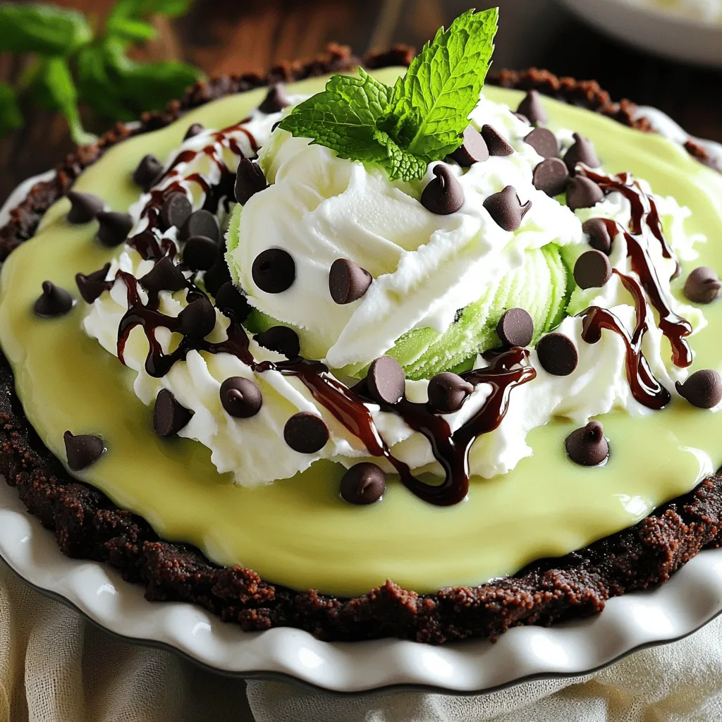 - 1 ½ cups chocolate cookie crumbs (such as Oreos) - ½ cup unsalted butter, melted - 3 cups mint chocolate chip ice cream, softened - 1 cup whipped cream (store-bought or homemade) - ½ cup mini semi-sweet chocolate chips - Fresh mint leaves for garnish - Chocolate syrup for drizzling For this Mint Chocolate Chip Ice Cream Pie, you need just a few tasty ingredients. The base starts with chocolate cookie crumbs. I often use Oreos because they add great flavor. You then mix these crumbs with melted unsalted butter. This creates a rich and buttery crust. Next, you need mint chocolate chip ice cream. Make sure it's softened. This helps it spread easily into the crust. The whipped cream adds a light and fluffy texture. You can use store-bought or make your own. Mini semi-sweet chocolate chips add a fun crunch and extra sweetness. To finish, fresh mint leaves add a pop of color and flavor. Chocolate syrup is perfect for drizzling on top. It makes the pie look great and adds a sweet touch. Each ingredient plays a role in this delightful dessert. First, mix the chocolate cookie crumbs with melted butter. Use a bowl to combine them well. The mixture should stick together. Next, press the crumb mixture into a 9-inch pie dish. Make sure to cover the bottom and the sides evenly. Chill it in the freezer for about 15 minutes. This helps the crust firm up nicely. Once the crust is ready, take your softened mint chocolate chip ice cream. Scoop it into the chilled crust. Use a spatula to spread the ice cream evenly. Smooth the top to make it nice and flat. This layer is the star of the pie, so make it look good! Now, it’s time to fold in the whipped cream. Take a bowl and gently mix the whipped cream with mini chocolate chips. This creates a light and creamy mixture. Carefully spread this over the ice cream layer. Make sure to cover it evenly for a tasty bite every time. Cover your pie with plastic wrap or foil. This keeps it fresh while it freezes. Place it in the freezer for at least 4 hours. If you can, leave it overnight for the best texture. This allows the layers to set perfectly. When ready to serve, remove the pie from the freezer. Drizzle chocolate syrup over the top for added flavor. Then, garnish with fresh mint leaves. These add a nice touch and boost the look. To slice, use a warm knife for easier cutting. Serve each slice right away for a refreshing treat! To make a great crust, I suggest using chocolate sandwich cookies, like Oreos. They add a rich, sweet flavor. Crush them well to get fine crumbs. Mix these crumbs with melted unsalted butter to create a sticky blend. Press the mixture firmly into your pie dish. For easy removal, chill it in the freezer for at least 15 minutes. This helps it hold its shape when you slice the pie. Softening the ice cream is key to spreading it smoothly. Take the mint chocolate chip ice cream out of the freezer and let it sit at room temperature for about 10 minutes. This makes it easier to spread but be careful! Don’t let it melt too much. For the best texture, aim to work quickly after softening. You can add fun flavors to your pie! Try mixing in crushed peppermint candies or extra chocolate chips for a tasty twist. For a colorful touch, garnish the pie with fresh mint leaves. Drizzle chocolate syrup on top before serving for a beautiful finish. These simple touches make your pie look and taste even better! {{image_2}} You can switch up the ice cream and make this pie your own. Try using different mint flavors, like peppermint or spearmint. These choices can change the taste while keeping that minty vibe. For a twist, mix chocolate and vanilla ice cream. The layers of flavors blend perfectly and create a fun surprise. The crust can be just as fun to change. Use graham crackers for a classic taste. You can also use different cookies like vanilla wafers or chocolate wafers. If you need a gluten-free option, look for gluten-free cookie crumbs. They work well and taste great, so everyone can enjoy the pie. Making this pie allergen-friendly is easy. For a dairy-free version, use coconut or almond milk ice cream. These options still give a creamy texture. If you need nut-free choices, check the labels on your ice cream and cookies. This way, you can ensure everyone can enjoy a slice without worry. To keep your mint chocolate chip ice cream pie fresh, wrap it well. Use plastic wrap or foil to cover the pie. This prevents ice crystals from forming and keeps flavors intact. The pie stays tasty for up to two weeks in the freezer. However, for best taste, enjoy it within one week. When you're ready to eat, thaw the pie carefully. The best way is to move it to the fridge for about 30 minutes. This method helps the pie soften nicely. You can also let it sit at room temperature for about 10 minutes. Once soft, drizzle chocolate syrup and add mint leaves before serving. Got leftovers? No problem! Cut the pie into slices and store each slice in an airtight container. This keeps each piece fresh and tasty. When you want to enjoy a slice, let it sit at room temperature for a few minutes. This helps bring back its creamy texture. Yes, you can use store-bought ice cream. It saves time and effort. Look for mint chocolate chip ice cream with good quality. This can make your pie taste great. However, store-bought ice cream may not be as creamy as homemade. If you prefer a richer taste, make your own mint chocolate chip ice cream. You can store this pie in the freezer for up to two weeks. Just cover it tightly with plastic wrap or foil. This helps keep it fresh. After two weeks, the texture and taste may start to change. For the best flavor, enjoy it within the first week. Yes, this pie is great for making ahead. You can prepare it up to two days before serving. Just remember to freeze it overnight for the best texture. This way, you can enjoy your event without rushing. It’s a perfect treat for parties and gatherings. If you want a chocolate-free version, use a vanilla ice cream base. You can mix in mint extract for flavor. Instead of chocolate cookie crumbs, use graham cracker crumbs for the crust. This will give you a light and refreshing mint pie. It’s a great way to enjoy the same pie without the chocolate. This blog post guides you to create a delicious Mint Chocolate Chip Ice Cream Pie. You learned about the key ingredients, from chocolate cookie crumbs to fresh mint leaves. I shared easy steps for preparing the crust, adding the ice cream, and freezing your pie. Remember, you can customize flavors and crusts to fit your taste. Use what you love and enjoy the fun of making this treat. With these tips, your pie will impress friends and family. Enjoy every bite!