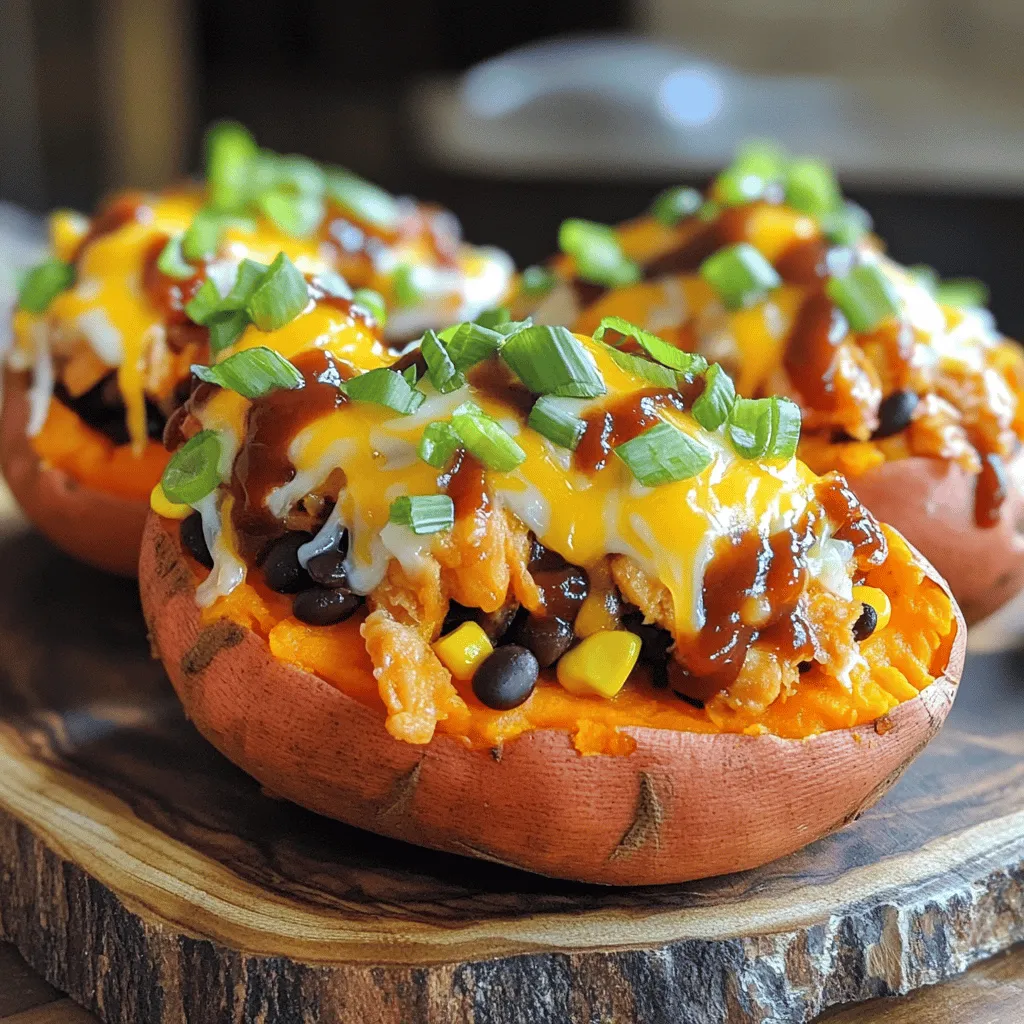 To make BBQ Chicken Stuffed Sweet Potatoes, you will need: - 4 medium sweet potatoes - 2 cups cooked shredded chicken - 1 cup BBQ sauce (your choice of flavor) - 1 cup corn (canned or frozen) - 1/2 cup black beans, rinsed and drained - 1/2 cup shredded cheese (cheddar or Monterey Jack) - 1/4 cup green onions, chopped - Salt and pepper to taste - Olive oil You can swap some ingredients based on your needs: - Use rotisserie chicken instead of cooking your chicken. - Replace black beans with kidney beans or pinto beans. - Try different cheeses like pepper jack or gouda for a unique taste. - If you want a vegan option, replace chicken with shredded jackfruit. Choose a BBQ sauce that fits your taste: - Classic tomato-based BBQ sauce offers a sweet, tangy taste. - Smoky BBQ sauce adds depth and a rich flavor. - Spicy BBQ sauce can give your dish a kick. - For a sweet twist, try a honey BBQ sauce. This mix of ingredients makes the dish fun and tasty! Enjoy experimenting! Start by preheating your oven to 400°F (200°C). Wash each sweet potato well under cool water. Use a fork to pierce them several times. This helps steam escape while they bake. Lightly rub each potato with olive oil. Sprinkle a bit of salt on top for flavor. Place them on a baking sheet. Bake for 45 to 60 minutes. They are done when you can pierce them easily with a fork. While the sweet potatoes bake, prepare the filling. In a medium bowl, mix 2 cups of cooked shredded chicken with 1 cup of your favorite BBQ sauce. Add 1 cup of corn and 1/2 cup of rinsed black beans. Stir well so everything is coated in sauce. This mix will bring a great taste to your stuffed potatoes. Once the sweet potatoes are soft, take them out of the oven. Let them cool for a few minutes. Carefully cut each potato lengthwise, but do not cut all the way through. Gently fluff the insides with a fork. This creates space for the filling. Spoon the BBQ chicken mix into each potato, filling them generously. Sprinkle 1/2 cup of shredded cheese over the top of each one. Return the potatoes to the oven and bake for another 10 to 15 minutes. The cheese should be melted and bubbly when done. Remove them from the oven and add chopped green onions for garnish. Season with salt and pepper to taste. Enjoy a meal full of flavor! To cook sweet potatoes well, choose medium-sized ones. Wash them under cold water. Pierce each potato with a fork. This step helps steam escape. Rub a little olive oil on the skin. Sprinkle salt for taste. Bake at 400°F for 45-60 minutes. They should be soft when pierced. Let them cool for a few minutes after baking. This makes them easier to handle. For the best cheese melt, use shredded cheese. Cheddar or Monterey Jack works well. After filling the potatoes, sprinkle cheese on top. Return them to the oven for 10-15 minutes. Bake until the cheese bubbles and turns golden. This adds a rich flavor and texture. It’s all about the right heat and time. Serve BBQ chicken stuffed sweet potatoes with a side salad. A fresh green salad adds crunch and nutrients. You can also pair it with steamed veggies. This balance gives you a filling meal. Drizzle extra BBQ sauce on top for added flavor. Garnish with chopped green onions for color. Enjoy your tasty and colorful dish! {{image_2}} You can make this dish vegetarian by using tofu or tempeh instead of chicken. Start by pressing tofu to remove water. Then, cut it into small cubes and sauté it in a pan with olive oil. If you use tempeh, slice it thinly and steam it for a few minutes. Add your favorite BBQ sauce to flavor it. Mix this with corn and black beans for a tasty filling. BBQ sauce is great, but you can switch it up. Try using a spicy sauce for a kick. Alternatively, use a sweet sauce for a different taste. You could also mix sauces. For example, combine BBQ sauce with honey or mustard for a unique flavor. This lets you be creative while making the dish your own. For more nutrition, add veggies to the filling. Chopped bell peppers or diced zucchini blend well with the chicken or tofu. You can also add other proteins like pulled pork or beef. These options add different textures and tastes. Feel free to experiment! Each choice can change the whole meal into something new and exciting. To keep your leftover stuffed sweet potatoes fresh, first let them cool. Then wrap each one tightly in plastic wrap or foil. You can also place them in an airtight container. Store them in the fridge for up to three days. This way, they stay tasty and ready for your next meal. When you're ready to eat, preheat your oven to 350°F (175°C). Place the stuffed sweet potatoes on a baking sheet. Cover them loosely with foil to keep them moist. Heat for about 15-20 minutes. You can also microwave them for 2-3 minutes, but the oven will keep the texture better. If you want to freeze your stuffed sweet potatoes, first cool them completely. Wrap each potato in plastic wrap and then in foil. Label each with the date. Store them in the freezer for up to three months. To eat, thaw them overnight in the fridge and reheat as mentioned above. This method keeps them fresh and flavorful. Yes, you can prepare BBQ Chicken Stuffed Sweet Potatoes in advance. Cook the sweet potatoes and filling separately. Store them in the fridge for up to 3 days. When ready to eat, assemble and bake as directed. This makes meal prep easy and saves time during busy days. If you want to skip the chicken, try tofu or tempeh. Both options soak up flavors well. You can also use cooked lentils or chickpeas for a hearty, plant-based filling. Just mix them with BBQ sauce and the other ingredients for a satisfying meal. Sweet potatoes are often healthier than regular potatoes. They have more fiber and vitamins A and C. This means they can help improve vision and boost your immune system. Sweet potatoes also have a lower glycemic index, which helps control blood sugar levels. So, they make a great choice for a balanced diet! This blog post covered how to make BBQ chicken stuffed sweet potatoes. You learned about the key ingredients and tasty substitutes. I provided step-by-step instructions for preparing and baking your dish. I also shared tips for cooking, melting cheese, and serving. We discussed variations, ways to store leftovers, and answered common questions. These stuffed sweet potatoes are not only delicious but also healthy. With these insights and tips, you can make a great meal your whole family will enjoy. Happy cooking!