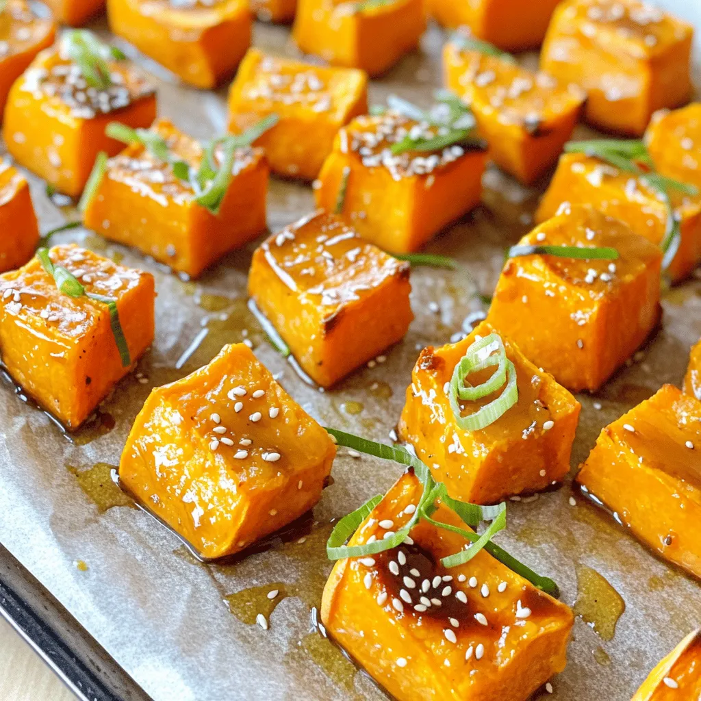 To make miso maple roasted sweet potatoes, you need: - 2 large sweet potatoes, peeled and cut into 1-inch cubes - 3 tablespoons miso paste (white or yellow) - 2 tablespoons maple syrup - 2 tablespoons olive oil - 1 tablespoon sesame oil - 2 cloves garlic, minced - 1 teaspoon ground ginger - ½ teaspoon black pepper - 2 green onions, thinly sliced (for garnish) - Sesame seeds (optional, for garnish) These ingredients blend well together. The miso adds a savory taste, while maple syrup gives sweetness. Sweet potatoes bring a creamy texture, making this dish special. You can switch some ingredients if needed. Here are some ideas: - Sweet Potatoes: You can use butternut squash or pumpkin instead. - Miso Paste: Try tahini or peanut butter for a different flavor. - Maple Syrup: Honey or agave syrup works well too. - Olive Oil: Use canola oil or avocado oil for a different taste. - Sesame Oil: You can skip this if you don’t have it. These swaps keep the dish delicious, so feel free to experiment! Garnishes make the dish look and taste better. Here are my favorites: - Green Onions: They add a fresh crunch and color. - Sesame Seeds: They provide a nice nutty flavor. - Chopped Cilantro: This adds a bright touch. - Chili Flakes: For a spicy kick, sprinkle some on top. Using these garnishes makes your sweet potatoes even more appealing! First, gather all your ingredients. You will need two large sweet potatoes, miso paste, maple syrup, olive oil, sesame oil, garlic, ground ginger, and black pepper. Peel the sweet potatoes and cut them into 1-inch cubes. This size helps them cook evenly and become tender. In a large bowl, whisk together miso paste, maple syrup, olive oil, sesame oil, minced garlic, ground ginger, and black pepper. Mix until smooth. Add the sweet potato cubes to this bowl. Toss them well to coat every piece with the miso mixture. Preheat your oven to 425°F (220°C). Line a baking sheet with parchment paper. This makes cleaning easier later. Spread the sweet potato cubes in a single layer on the baking sheet. Avoid overcrowding the pan. This allows them to roast evenly. Place the baking sheet in the oven and roast for 25-30 minutes. Flip the sweet potatoes halfway through cooking for even browning. They should be tender and golden brown when done. Once cooked, take them out of the oven and let them cool slightly. For the best results, use fresh ingredients. Fresh garlic and ginger will enhance the flavors. Ensure your sweet potatoes are evenly cut. This helps them cook at the same rate. If you want an extra crunch, try adding a minute or two to the roasting time. Keep an eye on them to avoid burning. For a tasty finish, garnish with sliced green onions and a sprinkle of sesame seeds. This adds color and a nice crunch to your dish. To get the best flavor, use white or yellow miso paste. This type is milder and sweeter. Mix the miso paste well with maple syrup and oils. This helps the sweet potatoes soak up all the flavors. Use fresh garlic and ground ginger for the best taste. You can also add a little more maple syrup if you want it sweeter. For the best texture, cut your sweet potatoes into even 1-inch cubes. This helps them cook evenly. Spread the cubes in a single layer on the baking sheet. Avoid overcrowding, as this can make them soggy. Flip the sweet potatoes halfway through cooking. This ensures they brown nicely on all sides. Roast them until they're tender and golden brown for the perfect bite. One common mistake is not preheating the oven. Make sure it’s hot before you roast the sweet potatoes. Another mistake is using too much miso paste. Stick to the recipe for a balanced taste. Lastly, don't skip the green onion and sesame seeds. They add a nice crunch and fresh flavor that brighten the dish. {{image_2}} You can make Miso Maple Roasted Sweet Potatoes even better with fun add-ins. Try mixing in nuts like walnuts or pecans for crunch. They add a nice texture and nutty flavor. You can also add other vegetables. Carrots or Brussels sprouts can roast well with sweet potatoes. Just cut them into similar sizes for even cooking. If you want to change the taste, consider different glazes. Try a spicy chili glaze for heat. Mix sriracha with maple syrup for a sweet and spicy kick. You can also use tahini instead of miso for a creamy texture. For a tangy twist, add some balsamic vinegar to your glaze. Each choice brings a new layer of flavor. You can adjust the flavor of your sweet potatoes easily. If you like it sweeter, add more maple syrup. For a savory touch, increase the garlic or add onion powder. You can also experiment with herbs. Rosemary or thyme can add an earthy note. Don't be afraid to play with spices. Cumin or paprika can give a unique twist to the dish. To store your leftover miso maple roasted sweet potatoes, let them cool first. Then, place them in an airtight container. Keep the container in your fridge. They will stay fresh for up to four days. If you want to enjoy them later, you can also freeze them. When you are ready to eat the leftovers, preheat your oven to 350°F (175°C). Spread the sweet potatoes on a baking sheet. Heat them for about 10-15 minutes until they are warm. You can also use a microwave. Just place them in a microwave-safe dish and heat for about 1-2 minutes. If you want to freeze the sweet potatoes, first let them cool completely. Then, place them in a freezer-safe bag. Remove as much air as you can before sealing. They can last for up to three months in the freezer. To use them later, thaw them in the fridge overnight before reheating. You can make this recipe vegan by using a plant-based miso paste. Check the label to ensure it has no animal products. The other ingredients, like maple syrup and olive oil, are already vegan. This makes it easy to enjoy a tasty dish without any animal products. Yes, you can use other types of potatoes. Regular white or red potatoes work well. You may need to adjust cooking time since they may not cook as quickly as sweet potatoes. Yukon golds are also a great choice for a creamy texture. Roasted sweet potatoes go well with many dishes. Try serving them with grilled chicken or fish. They also pair nicely with a fresh salad or steamed green beans. For a hearty meal, serve them alongside quinoa or rice. You can store miso maple roasted sweet potatoes for up to four days in the fridge. Place them in an airtight container to keep them fresh. If you want to keep them longer, you can freeze them for up to three months. Just make sure to reheat them well before serving. This post covered everything about miso maple roasted sweet potatoes. You learned the key ingredients, helpful cooking steps, and essential tips for perfect results. I shared ingredient swaps for your needs, great garnishes, and how to avoid common errors. Plus, we explored variations and storage tips to enjoy these tasty bites later. Remember, cooking is all about fun and creativity. Enjoy making this dish your own!
