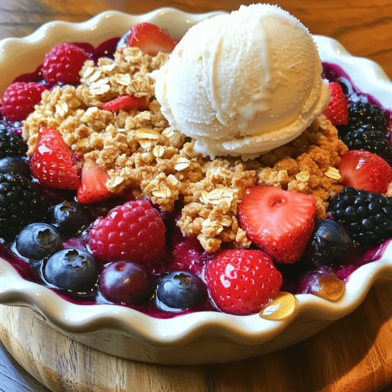 - 2 cups mixed berries (strawberries, blueberries, raspberries, blackberries) - 1 tablespoon lemon juice - 1 tablespoon honey or maple syrup - 1 cup rolled oats - ½ cup all-purpose flour - ½ cup brown sugar - 1 teaspoon cinnamon - ½ cup cold unsalted butter, cubed - Pinch of salt You can use agave syrup or regular sugar instead of honey. For flour, try gluten-free all-purpose flour if needed. Fresh berries have great flavor and texture. They give your crumble a bright taste. However, they can spoil quickly. Frozen berries last longer and are easy to use. Just remember to thaw them before mixing. If using frozen, reduce the baking time by a few minutes. This helps avoid a soggy crumble. Both options work well, so choose what suits you best! Preheating your oven is key. It helps cook the crumble evenly. Set the temperature to 350°F (175°C). This heat makes the berries bubble and the topping golden. A well-preheated oven gives you the best results. Start with fresh berries for the best flavor. Gently wash them to avoid bruising. Combine 2 cups of mixed berries in a large bowl. Add 1 tablespoon of lemon juice and your choice of sweetener, like honey or maple syrup. Toss the mixture lightly. This coats the berries without breaking them. Pour the berry mix into your greased baking dish. For a great crumble, you need the right texture. In a bowl, mix 1 cup of rolled oats, ½ cup of flour, ½ cup of brown sugar, 1 teaspoon of cinnamon, and a pinch of salt. Add ½ cup of cold cubed butter. Use your fingers or a pastry cutter to mix until you see coarse crumbs. This gives the topping a nice crunch. Once your topping is ready, sprinkle it evenly over the berries. Bake in the oven for 30-35 minutes. Look for a golden brown top and bubbling berries. These signs mean your crumble is done. Let it cool for about 10 minutes before serving. To avoid a soggy crumble, use fresh berries. Drain any extra juice if needed. Add a bit of lemon juice to brighten the flavor. This also helps keep the berries from getting too mushy. For the topping, make sure the butter is cold. This gives the crumble a nice crunch. You can mix in nuts or seeds for extra texture. Try adding chopped almonds or walnuts to the topping. Mixed Berry Crumble tastes great warm or at room temperature. Serve it with a scoop of vanilla ice cream. The cold ice cream melts into the warm crumble, creating a lovely mix. You can also top it with whipped cream for a tasty treat. Serve it with a drizzle of honey or maple syrup for added sweetness. Mixed berries are packed with vitamins and antioxidants. They help boost your immune system and improve heart health. Eating berries can also support your brain health. They are low in calories, making them a great treat. Enjoy this crumble in moderation. A small portion satisfies your sweet tooth without overindulging. {{image_2}} You can mix different berries for your crumble. Use seasonal fruits to add fun flavors. Strawberries, blueberries, raspberries, and blackberries work well together. If berries are sweeter, you might need less honey or maple syrup. Adjust sweetness based on the berries you choose. For example, tart berries like raspberries may need more sweetener. You can change the topping to suit your taste. Try adding nuts like almonds or walnuts for crunch. Coconut flakes are another tasty option that adds a tropical twist. If you want a dairy-free dessert, use vegan butter instead of regular butter. This keeps the crumble just as rich and tasty. Mixed Berry Crumble can make a great breakfast too! Just serve it in a bowl with yogurt. This adds protein and makes it filling. You can also top it with fresh fruit for more flavor. Instead of ice cream, try Greek yogurt for a healthy start to your day. This way, you can enjoy a sweet treat that feels good to eat in the morning! To keep your Mixed Berry Crumble fresh, store it in the fridge. Place it in an airtight container. It stays good for about three days. If you want, cover it with plastic wrap before sealing. This helps keep the moisture in and prevents it from drying out. For longer storage, you can freeze the crumble. Let it cool completely before freezing. Wrap it tightly in plastic wrap, then place it in a freezer bag. It can last up to three months in the freezer. When you want to enjoy it, thaw it in the fridge overnight. To reheat, use your oven for the best taste. Preheat your oven to 350°F (175°C). Place the crumble in a baking dish and cover it with foil. Heat for about 15-20 minutes. If you want a crisp topping, remove the foil for the last 5 minutes. Enjoy it warm, perhaps with some ice cream or whipped cream! Yes, you can use just one type of berry. Each berry has its own flavor. For example, strawberries give a sweet taste. Blueberries add a mild flavor. Raspberries are tart and blackberries are rich. You can mix flavors to find your favorite. Aim for about two cups total. If you use one berry, adjust the sweetener. To make this crumble gluten-free, swap regular flour for gluten-free flour. Many brands work well, so pick one you like. Check that your oats are certified gluten-free too. This way, you avoid cross-contamination. Keep the other ingredients the same. The taste will still be delicious! You can make this crumble ahead of time. Prepare the berry mixture and topping separately. Store them in the fridge for up to a day. When ready to bake, assemble and bake as normal. If you want to reheat leftovers, warm them in the oven. This keeps the crumble crisp! Serve the crumble warm for the best taste. You can add a scoop of vanilla ice cream on top. Whipped cream also works well. For a fun twist, try yogurt instead. Present it in a nice dish to impress your guests. You can even sprinkle some fresh berries on top. Here’s a quick recap of the recipe. Start by preheating your oven to 350°F. Mix the berries with lemon juice and honey. In another bowl, combine oats, flour, sugar, and cinnamon. Add cold butter and mix until crumbly. Pour the berry mixture into a baking dish, then top with the crumble. Bake for 30-35 minutes until golden brown. Let it cool before serving. Enjoy! You now have all you need to make a delicious Mixed Berry Crumble. Remember, you can mix and match berries and use different toppings. The crumble can be served warm with yogurt for breakfast or chilled as dessert. Storing leftovers is easy, too. Just follow the tips for refrigeration or freezing. Enjoy your tasty creation and feel good about the health benefits of berries. Happy baking!