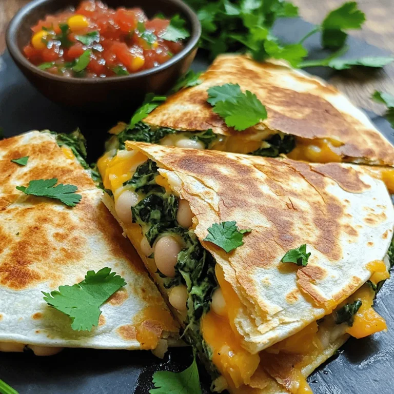 - 2 cups fresh spinach, chopped - 1 can (15 oz) white beans, drained and rinsed - 1 cup cream cheese, softened - ½ cup shredded mozzarella cheese - ½ cup grated Parmesan cheese - 2 cloves garlic, minced - 1 teaspoon onion powder - ½ teaspoon smoked paprika - Salt and pepper to taste - 4 large flour tortillas - Olive oil for frying Fresh spinach and white beans make this dish healthy and tasty. Spinach brings a bright green color and nutrients. White beans add creaminess and protein, making it filling. For the cheesy goodness, I use cream cheese, mozzarella, and Parmesan. Cream cheese gives a smooth texture, while mozzarella melts beautifully. Parmesan adds a nice salty kick. The minced garlic, onion powder, and smoked paprika bring the flavors to life. Don't forget salt and pepper for a bit of zing. - Additional vegetables - Protein options like chicken or tofu You can add more veggies for extra crunch. Try bell peppers, mushrooms, or zucchini. They will mix well with the creamy filling. If you want more protein, add cooked chicken or tofu. Both options work nicely and make the quesadillas heartier. This way, you can enjoy a meal that suits your taste. Start by chopping the fresh spinach. Aim for small pieces to mix well. Next, mince the garlic cloves finely, so they blend into the filling. In a mixing bowl, combine the chopped spinach, drained white beans, cream cheese, mozzarella cheese, Parmesan cheese, minced garlic, onion powder, smoked paprika, salt, and pepper. Use a fork or spatula to mix everything until it forms a creamy filling. This step is key for flavor and texture. Now, it's time to cook! Heat a large skillet over medium heat. Add a small drizzle of olive oil to ensure a nice, crispy texture. Place one tortilla in the skillet. Spoon a generous amount of that creamy filling onto one half of the tortilla. Fold the other half over to create a half-moon shape. Cook it for about 3 to 4 minutes. You want the bottom to turn golden brown and crispy. Carefully flip the quesadilla and cook the other side for another 3 to 4 minutes. This gives you a perfect crispy quesadilla. Repeat this process with the remaining tortillas and filling. Add more olive oil to the skillet as needed. Once all the quesadillas are cooked, take them out of the skillet. Let them cool for just a minute. This makes slicing easier. Cut the quesadillas into wedges for serving. For a fun touch, serve them warm with a side of salsa or guacamole. You can also garnish with fresh cilantro or a sprinkle of extra cheese. This adds color and flavor to your dish, making it even more appetizing. To get a great crisp, keep the frying temperature just right. Aim for medium heat. Too hot, and the outside burns while the inside stays cold. Too low, and you end up with a soggy quesadilla. Use about 1 to 2 tablespoons of olive oil per quesadilla. This amount coats the pan well without making it greasy. Extra virgin olive oil works best for flavor. To boost flavor, try adding spices like chili powder or cumin. These spices add depth and a little kick. Fresh herbs also make a big difference. Chopped cilantro or parsley adds a bright note to your filling. You could even mix in some chopped green onions for a fresh taste. If you plan to cook for more people, just increase your quantities. You can double or triple the filling easily. Make sure to use multiple skillets or cook in batches to keep everything warm. Each quesadilla takes about 3 to 4 minutes per side, so cooking in batches keeps things moving smoothly. Serve them hot, and they will be a hit! {{image_2}} You can easily make these quesadillas vegan. To do this, swap the cream cheese for a plant-based alternative. Many brands now offer tasty vegan cream cheese. This change keeps the creamy texture without dairy. You can also use gluten-free tortillas if you avoid gluten. This way, everyone can enjoy the dish without worry. The beauty of quesadillas is their flexibility. You can experiment with different cheeses, too. Try using sharp cheddar for a bolder taste, or pepper jack for some heat. Adding spices can also change the game. Consider mixing in cumin for warmth or chili powder for a kick. These small tweaks can create a whole new flavor profile. Think about adding traditional ingredients from different cuisines. For an Italian twist, toss in sun-dried tomatoes or basil. If you want a Mexican flair, add jalapeños or corn. Fusion ideas are fun! You could make a Mediterranean version by using feta and olives. Each variation opens up a world of delicious options. To keep your quesadillas fresh, store them in the fridge. Use an airtight container. This keeps the flavors strong. You can eat leftovers within three days. If you have more quesadillas, freezing is a good option. Wrap each one in foil or plastic wrap. Place them in a freezer bag. They will last for up to three months. Just label the bag with the date. This way, you know how long they have been frozen. When it's time to enjoy them again, reheating is key. To keep them crispy, use a skillet. Heat the skillet over medium heat. Place the quesadilla in the skillet for about 3-4 minutes on each side. This method keeps the outside crunchy. You can also use an oven. Preheat it to 375°F. Place the quesadillas on a baking sheet for 10-12 minutes. This method works well too. Just make sure they are hot all the way through. Yes, you can use frozen spinach. Here are the pros and cons: - Pros: Frozen spinach is easy to use and saves time. It’s often cheaper and lasts longer. - Cons: Frozen spinach has more water. It may affect the texture of your quesadillas. When using frozen spinach, thaw it first. Squeeze out extra water. Then, mix it with your other filling ingredients. Many sides go great with quesadillas. Here are some good options: - Salsa: A fresh tomato salsa adds flavor. - Guacamole: Creamy and rich, it complements the quesadillas well. - Salad: A simple green salad adds crunch and freshness. These sides have flavors that match the creamy spinach and white bean filling. Yes, you can prep them in advance. Here’s how: - Prepping: Prepare the filling and fill the tortillas. Do not cook them yet. - Storage: Place the uncooked quesadillas in the fridge. They stay fresh for up to 2 days. When ready to eat, just cook them in the skillet as usual. You can replace white beans with other legumes. Here are some ideas: - Black beans: They add a nice flavor. - Chickpeas: They give a hearty texture. - Lentils: Cooked lentils can also work well. For other creamy filling ideas, try mashed avocado or ricotta cheese. These add a smooth texture and taste. This blog post covered making tasty quesadillas with fresh ingredients. We discussed main components like spinach, beans, and cheese, plus optional add-ins. I provided step-by-step instructions for preparation and cooking, including tips for perfecting crispiness and flavor. We looked at variations for different diets, storage methods, and answered common questions. In closing, these quesadillas are easy, fun, and customizable. They make a great meal for any occasion. Enjoy being creative and make it your own!