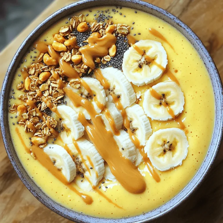 - 2 ripe bananas (frozen) - 1 cup unsweetened almond milk (or alternative milk) - 3 tablespoons peanut butter - 1 tablespoon honey or maple syrup (optional) The main stars of this bowl are frozen ripe bananas and peanut butter. Frozen bananas make the bowl creamy. They also add natural sweetness. Peanut butter gives it a rich and nutty flavor. Almond milk adds a nice base. You can use any milk you like, though. - 1/2 teaspoon vanilla extract - 1/4 teaspoon cinnamon Vanilla extract adds depth to the flavor. It makes the smoothie bowl taste like dessert. Cinnamon brings warmth and a hint of spice. These flavor enhancers make the bowl more exciting. - 1/4 cup granola - Sliced fresh banana - Chopped peanuts - Chia seeds Toppings can make a big difference. Granola adds crunch and texture. Fresh banana slices give a nice look. Chopped peanuts add more nutty flavor. Chia seeds are great for extra nutrition. You can use any combination you love. Toppings let you get creative! - Step 1: Start by slicing the frozen bananas. This helps them blend better. Place the sliced bananas into your blender. - Step 2: Next, pour in one cup of almond milk and three tablespoons of peanut butter. This mix gives your bowl a creamy texture and rich flavor. - Step 3: Now, add in the extra flavors. If you want some sweetness, include one tablespoon of honey or maple syrup. Next, add half a teaspoon of vanilla extract and a quarter teaspoon of cinnamon. These spices enhance the taste. - Step 4: Blend the mixture on high speed. Keep blending until it is smooth and creamy. If it seems too thick, add a bit more milk. Taste it to see if you want more sweetness. If so, add more honey or maple syrup and blend again. - Step 5: Once blended, pour the smoothie into a bowl. - Step 6: Now it’s time to get creative with your toppings! Add sliced fresh bananas, a quarter cup of granola, chopped peanuts, and a sprinkle of chia seeds. For an extra touch, drizzle some peanut butter on top. This makes your smoothie bowl look beautiful and adds more flavor. To get that dreamy texture, use frozen bananas. They blend into a rich, creamy base. Fresh bananas won’t give you the same result. Slice them before freezing to make blending easy. When you blend, start at a low speed. Gradually increase to high speed for a smooth finish. Stop the blender to scrape down the sides if needed. This ensures every part mixes well. You can adjust the sweetness based on your taste. Start with one tablespoon of honey or maple syrup. Blend and taste. If you want it sweeter, add more. You can also try using dates or agave syrup as alternatives. These options bring their own unique flavors to the bowl. Make your smoothie bowl a feast for the eyes. Use toppings like granola, sliced banana, and chopped peanuts. For a pop of color, add a sprinkle of chia seeds. Arrange the toppings in a circle for a lovely look. Drizzle extra peanut butter on top for a special touch. This not only adds flavor but also makes for a great photo. Your friends will love sharing it on social media! {{image_2}} If you need a nut-free choice, use sunflower seed butter instead of peanut butter. This swap keeps the flavor rich and creamy while avoiding nuts. Sunflower seed butter is also packed with vitamins and minerals. It gives you a nice nutty taste without any allergens. You can easily make this smoothie bowl dairy-free and vegan. Just use plant-based milk, like almond, oat, or soy milk. Each option has its own unique flavor. Almond milk keeps it light, while oat milk adds creaminess. Choose what you like best to fit your diet. Want to change things up? You can add cocoa powder for a chocolatey twist. Just mix in a tablespoon with the other ingredients. This gives your smoothie bowl a delicious chocolate flavor that pairs well with bananas. You can also add fresh fruits like berries. Blueberries or strawberries not only add color but also pack in extra nutrients. Toss in a handful for more fun and flavor. Get creative and make it your own! You can store leftovers in the fridge for up to two days. Keep the smoothie bowl in an airtight container. This way, it stays fresh and tasty. If you see any browning on the bananas, just stir before eating. The flavors will still be great! If you want to save it longer, freeze the smoothie. Pour it into a freezer-safe container. Leave some space at the top for expansion. It can last for about a month. When ready to eat, let it thaw in the fridge overnight. You can also blend it again for a smooth texture. This smoothie bowl is perfect for breakfast or a snack. You can enjoy it plain or top it with your favorites. Try adding berries, nuts, or granola for extra crunch. It’s a fun way to make it your own! You can even serve it as a dessert for a sweet treat. Yes, you can use fresh bananas. However, frozen bananas create a thick, creamy texture. They also make the smoothie cold and refreshing. Fresh bananas will yield a different texture. If using fresh, add ice to chill your bowl. To boost protein, mix in protein powder or Greek yogurt. Protein powder blends well and adds nutrition. Greek yogurt also adds creaminess. Both options keep the smoothie rich and filling. You can start with one scoop or a half-cup of yogurt. This smoothie bowl has many health benefits. Bananas provide potassium, which is good for your heart. Peanut butter adds healthy fats and protein. Almond milk is low in calories and dairy-free. Toppings like granola and chia seeds add fiber and crunch. Overall, this bowl supports energy and fullness. This peanut butter banana smoothie bowl is tasty and packed with nutrition. We covered simple steps to make it creamy and delicious. Frozen bananas give the best texture, while peanut butter adds rich flavor. Customize your toppings for extra crunch and color. You can easily adjust the sweetness or try different flavor options. Remember, your smoothie bowl is great for breakfast or a snack! Enjoy your creation and share it with friends. Make it yours, and have fun in the kitchen!