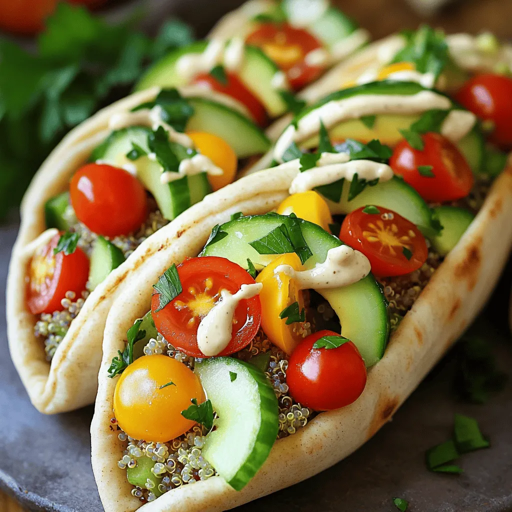 To make veggie stuffed pita pockets, gather these fresh and colorful ingredients: - 4 whole wheat pita pockets - 1 cup cooked quinoa - 1 cup cherry tomatoes, halved - 1 cucumber, diced - 1 bell pepper (any color), diced - 1/2 red onion, finely chopped - 1 cup spinach leaves, chopped - 1 avocado, sliced - 1/4 cup tahini - 2 tablespoons lemon juice - 2 tablespoons olive oil - 1 teaspoon garlic powder - Salt and pepper to taste - Fresh parsley, chopped (for garnish) Each ingredient plays a part in making this dish both tasty and healthy. Whole wheat pita pockets add fiber. Cooked quinoa brings protein. Fresh veggies give crunch and color. Avocado adds creaminess, while tahini dressing brings it all together. The seasoning brightens every bite, making this meal a delight! To start, gather a large mixing bowl. Add 1 cup of cooked quinoa. Then, toss in 1 cup of halved cherry tomatoes. Next, add 1 diced cucumber and 1 diced bell pepper. Include 1/2 finely chopped red onion and 1 cup of chopped spinach. Mix all the veggies together with a spoon. This mix is colorful and packed with nutrients. In a small bowl, combine 1/4 cup of tahini. Add 2 tablespoons of lemon juice for zing. Then, pour in 2 tablespoons of olive oil for richness. Sprinkle in 1 teaspoon of garlic powder. Season with salt and pepper to taste. Whisk everything together until smooth. If it’s too thick, add a bit of water. This dressing adds creaminess to your pita pockets. Now, take your whole wheat pita pockets. Cut each pocket in half to create two halves. Carefully open each half to make a pocket. Stuff each pocket with the veggie and quinoa mix. Don’t forget to add slices of avocado on top. This adds healthy fats and taste. Finally, sprinkle some fresh parsley on top. It makes your meal look vibrant and inviting. Enjoy your fresh veggie stuffed pita pockets! When picking pita bread, look for whole wheat options. Whole wheat adds fiber and a nice taste. Check the packaging for freshness. It should feel soft and not dry. A good pita bread will puff up when heated. This means it can hold your tasty filling well. To make your tahini dressing creamier, add more tahini. You can also mix in a bit of Greek yogurt. This will add richness and a tangy flavor. If you want a lighter dressing, try using more lemon juice. This will keep it fresh and zesty. Always taste as you go to find the balance you like. You can change up the filling to suit your taste. Add roasted vegetables for a smoky taste. Try different herbs like basil or cilantro for a fresh twist. If you want a kick, sprinkle in some chili flakes. You can also mix in nuts or seeds for crunch. This way, every bite is packed with flavor. {{image_2}} You can mix up the veggies in your stuffed pita pockets. Try adding zucchini or carrots for a crunch. Broccoli florets bring a nice bite too. Sweet corn adds a pop of color and sweetness. You can also use shredded cabbage for a crisp texture. Feel free to choose what you love most! Adding protein makes your pita pockets more filling. Chickpeas are an easy choice and add great flavor. You can toss them into the veggie mix for extra nutrition. Feta cheese crumbles add a salty kick. If you want a creamy texture, try adding diced tofu. These options make your meal more satisfying and hearty. If you like heat, sprinkle in some red pepper flakes or chili powder. A pinch of cayenne will also give it a nice kick. For a smoky flavor, add smoked paprika. You can even try a dash of curry powder for a unique twist. These spices can really change the taste and make it exciting! After enjoying your veggie stuffed pita pockets, store any leftovers in a safe way. First, let them cool to room temperature. Then, wrap each pita pocket in plastic wrap. Place wrapped pockets in an airtight container or a resealable bag. This helps keep them fresh for up to three days in the fridge. If you want to save them longer, freezing is a great option. To freeze stuffed pita pockets, follow these steps. First, prepare the pockets as usual and let them cool completely. Wrap each pocket tightly in plastic wrap. Then, place the wrapped pockets in a freezer-safe bag. Be sure to label the bag with the date. You can freeze them for up to three months. When you're ready to eat, just thaw them overnight in the fridge. Reheating your pita pockets is easy. For the best results, use an oven or toaster oven. Preheat the oven to 350°F (175°C). Unwrap the pita pockets and place them on a baking sheet. Heat for about 10-15 minutes. This warms them through and keeps them crispy. You can also use a microwave, but they may become soft. Heat in the microwave for 1-2 minutes, checking often to avoid overcooking. Enjoy your tasty meal! Yes, you can make veggie stuffed pita pockets ahead of time. Prepare the filling and dressing in advance. Store them in separate containers in the fridge. When you're ready to eat, simply stuff the pita pockets. This keeps the pita fresh and prevents sogginess. You can serve veggie stuffed pita pockets with many tasty sides. Here are some great options: - A fresh garden salad - Crispy sweet potato fries - Hummus with veggie sticks - A light soup, like tomato or cucumber These sides add color and balance to your meal. Most pita pockets are not gluten-free. They are usually made with wheat flour. However, you can find gluten-free pita pockets in stores. Check the label to be sure. You can also make your own using gluten-free flour. This way, everyone can enjoy a tasty pita pocket! In this blog post, we explored making tasty veggie stuffed pita pockets. We covered key ingredients, easy steps, and helpful tips. Remember, fresh veggies and creamy dressings bring great flavor. You can customize your filling, too, for extra taste. Store leftovers in the fridge or freeze them for later. Enjoy your delicious pita pockets anytime. Follow these steps, and you'll make a meal that's simple and fun. I hope this inspires you to get creative in the kitchen!