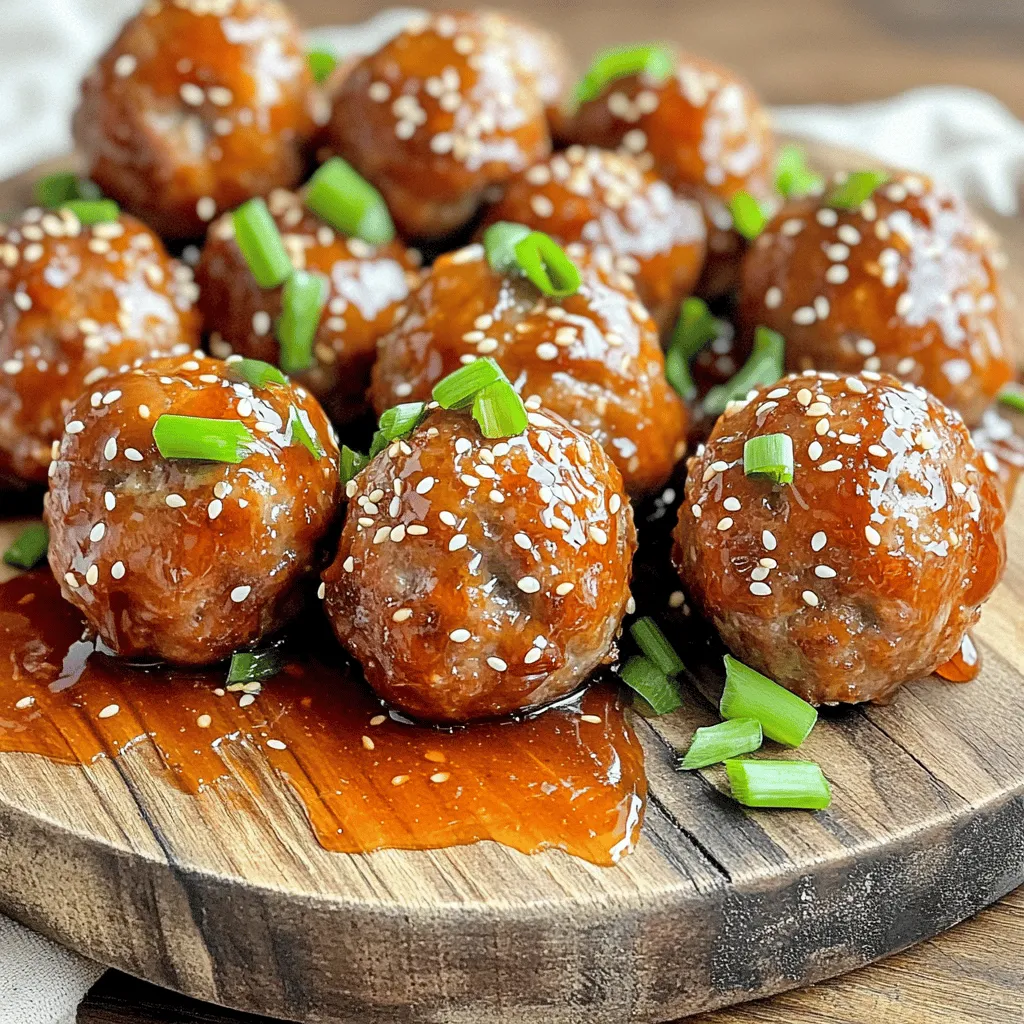 - 1 lb ground beef (or ground turkey) - 1/2 cup breadcrumbs - 1/4 cup grated Parmesan cheese - 1/4 cup chopped fresh parsley - 1 clove garlic, minced - 1/2 cup honey - 1/4 cup Sriracha sauce - 1 tablespoon soy sauce - 1 tablespoon sesame oil - Sesame seeds - Sliced green onions For this recipe, you start with the main ingredients. You can use either ground beef or turkey. I like how ground turkey keeps it lean while still being tasty. Breadcrumbs help bind the meat and add texture. Grated Parmesan cheese gives a nice flavor boost. Fresh parsley adds color and a hint of freshness. Don’t forget the garlic! It packs a punch of flavor that you will love. Next, we move on to the sauce ingredients. Honey is the star here, bringing a sweet touch. Sriracha adds a spicy kick that makes this dish stand out. Soy sauce gives a rich umami flavor. Finally, sesame oil adds a nutty depth that ties everything together. For the garnish, sesame seeds add a nice crunch. Sliced green onions bring a fresh taste and bright color. They make the dish look more appealing, too. Together, these ingredients create a balanced flavor that is both sweet and spicy. - Preheat your oven to 400°F (200°C). This high heat helps cook meatballs fast and evenly. - In a big bowl, mix together 1 lb of ground beef (or turkey), 1/2 cup of breadcrumbs, 1/4 cup of grated Parmesan cheese, 1/4 cup of chopped fresh parsley, 1 minced garlic clove, 1 beaten egg, and salt and pepper. Mix it well until everything is combined. - Grab a small amount of the mixture and roll it into 1-inch meatballs. This size cooks evenly and is easy to eat. - Place the meatballs on a lined baking sheet. Make sure they have space between them so they do not stick. - In a small bowl, whisk together 1/2 cup of honey, 1/4 cup of Sriracha sauce, 1 tablespoon of soy sauce, and 1 tablespoon of sesame oil. This sauce adds a sweet and spicy kick! - Set aside 1/4 of the sauce for glazing later. You will use this to make the meatballs shiny and tasty. - Bake the meatballs in the preheated oven for 15-20 minutes. They should turn brown and be cooked through. - After baking, take them out and brush the meatballs with the reserved Sriracha honey glaze. This step adds layers of flavor. - Return the meatballs to the oven and bake for an extra 5 minutes. This will caramelize the glaze, making it even more delicious. These steps will guide you to tasty Sriracha honey glazed meatballs that everyone will love! Choosing the right type of meat is key. I love using ground beef for its flavor. Ground turkey is a lighter option and still tasty. Both meats work well in this recipe. The right mix is important too. Breadcrumbs help bind the meat and give it a nice texture. Make sure to use fresh breadcrumbs for better results. You also need an egg. The egg adds moisture and helps the meatballs hold their shape. For a great glaze, adjust the Sriracha and honey. A 1:1 ratio is a good start. If you like it spicy, add more Sriracha. For a sweeter glaze, increase the honey. Caramelization adds depth to the flavor. To achieve this, brush the glaze on before the last few minutes of baking. The high heat helps the glaze bubble and stick to the meatballs. This gives them a shiny, sweet finish. Presentation matters! Serve the meatballs on a large platter. Drizzle some glaze on top for a nice look. Sprinkle sesame seeds and green onions for color. It makes the dish pop! Pair these meatballs with rice or noodles. They soak up the glaze and make a full meal. You can even serve them as appetizers with toothpicks. Everyone will love them! {{image_2}} You can use ground chicken or pork instead of beef. These meats provide a lighter flavor. If you want a vegetarian option, try plant-based meats. They work well in this recipe and absorb the glaze nicely. Change the spice level by using different sauces. For a milder taste, reduce Sriracha and add ketchup. You can also add extra ingredients to the meat mixture. Ginger and green peppers add freshness and heat. These meatballs shine in many ways. You can place them in a sub sandwich for a hearty meal. Serve them as appetizers with toothpicks for easy eating. Both styles make for a fun and tasty experience. To keep your Sriracha honey glazed meatballs fresh, store them in the fridge. Place them in an airtight container. This helps prevent any odors from other foods. Meatballs will stay good for about three days. Make sure they cool down before sealing the container. You can freeze these meatballs for later use. First, let them cool completely. Then, place them in a single layer on a baking sheet. Freeze them for about an hour. After they are firm, transfer them to a freezer-safe bag or container. This keeps them from sticking together. When you are ready to eat, thaw them overnight in the fridge. Reheat them in the oven for the best results. To keep the glaze nice, brush a little extra sauce on before reheating. This helps maintain that sweet and spicy flavor. You can reheat your meatballs in the oven or microwave. The oven is best to keep them juicy. Preheat it to 350°F (175°C). Place the meatballs on a baking sheet and heat for about 10-15 minutes. If you use the microwave, heat them in short bursts. Start with 30 seconds, then check if they are warm. This helps keep them moist. For both methods, be sure to cover them with a damp paper towel. This prevents them from drying out. Enjoy your tasty meatballs! Bake the meatballs for 15-20 minutes at 400°F (200°C). They should be browned and cooked through. Use a meat thermometer to check the internal temperature. It should reach 160°F (71°C) for ground beef or turkey. Yes, you can make these meatballs ahead of time. Prepare the meatballs and place them on a baking sheet. Cover and refrigerate them for up to 24 hours. You can also freeze them before baking. Just thaw them in the fridge before cooking. These meatballs pair well with many sides. Try serving them with: - Steamed rice or fried rice - Noodles tossed in sesame oil - A fresh salad with lime dressing - Roasted vegetables for a healthy touch Feel free to get creative with your sides! These Sriracha honey glazed meatballs are a fantastic addition to your menu. You learned about the key ingredients, from ground beef to sweet honey. We covered step-by-step instructions, so you can make them perfectly every time. Remember the tips for texture and glaze. Also, explore variations for different tastes and dietary needs. Store leftovers correctly for the best flavor. Now, you have everything you need to impress at your next meal. Enjoy every bite!