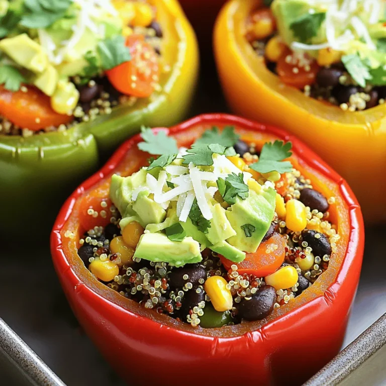 - 4 large bell peppers (any color) - 1 cup quinoa, rinsed - 2 cups vegetable broth or water - 1 can (15 oz) black beans, drained and rinsed - 1 cup corn (fresh or frozen) - 1 small red onion, diced - 2 cloves garlic, minced - 1 teaspoon cumin - 1 teaspoon chili powder - 1 teaspoon smoked paprika - Salt and pepper to taste - 1 cup diced tomatoes (canned or fresh) - 1 avocado, diced (for topping) - Fresh cilantro, chopped (for garnish) - Juice of 1 lime - Shredded cheese (optional, for topping) Gathering these ingredients is fun. You can mix and match bell peppers for color. Quinoa is a great base for this dish. It brings protein and fiber. Black beans add more protein and a nice texture. Corn gives a sweet crunch. For spices, don’t skip the cumin and chili powder. They add warmth and depth. The smoked paprika gives a unique flavor too. Adjust salt and pepper to fit your taste. Choose ripe avocados for topping. They add creaminess. Fresh cilantro offers a bright finish. Lime juice gives a pop of flavor. You can add cheese for a rich touch, but it’s optional. With all these ingredients, you create a tasty, healthy meal. It’s colorful and full of flavor. Perfect for family dinners or meal prep! - Preheat the oven to 375°F (190°C). - Rinse and cook the quinoa following package instructions. - Slice the tops off the bell peppers and remove the seeds. - Brush the outside of the peppers with olive oil and place them in a baking dish. - Sauté diced onion and minced garlic in olive oil until soft. - Stir in black beans, corn, cumin, chili powder, smoked paprika, salt, and pepper. - Add the cooked quinoa and diced tomatoes, mixing well. - Spoon the quinoa mixture into each bell pepper, pressing it down gently. - Optionally, sprinkle shredded cheese on top of each pepper. - Cover the dish with foil and bake for 25 minutes. - Remove the foil and bake for an additional 10-15 minutes until the peppers are tender. To make your Mexican quinoa stuffed peppers pop with flavor, try adding some spices. You can mix in: - 1 teaspoon of oregano for a nice herby touch. - A pinch of cayenne pepper for extra heat. - A squeeze of fresh lime juice to brighten the dish. To adjust the heat level, start with a small amount of chili powder. Taste the filling, then add more if you want it spicier. This way, you keep the heat just right for your taste. To keep your peppers from becoming too soft, avoid baking them for too long. Bake them just until they’re tender but still firm. Covering them for the first part helps steam them without overcooking. For cooking quinoa, rinse it well before cooking. This removes bitter saponins. Use two cups of liquid for every cup of quinoa. Bring it to a boil, then reduce the heat and cover. Cook until all the water is gone, about 15 minutes. Fluff it with a fork for the best texture. Pair your stuffed peppers with simple side dishes. A fresh salad with lime vinaigrette works great. You could also serve them with tortilla chips and salsa for a fun crunch. For sauces, try a dollop of sour cream or Greek yogurt. You can also drizzle some avocado crema on top. These add creaminess and enhance the flavors of the peppers. {{image_2}} You can switch out quinoa for other grains. Rice works great and is easy to find. Couscous is another fun option. Each grain brings its own taste and texture. For protein choices, you can try different beans. Chickpeas or pinto beans can add variety. You can also use shredded chicken or ground turkey if you want meat. To make this dish vegan, just skip the cheese. You can use a vegan cheese option if you want some creaminess. For a gluten-free meal, check all your labels. Most grains and beans should be fine. If you need to avoid dairy, use plant-based cheese or skip it. You can also top with avocado for a creamy finish. For a taste twist, think outside of Mexico. Add Italian herbs like oregano and basil for an Italian flair. You could even mix in sun-dried tomatoes for a punch. Try adding veggies like zucchini or spinach to the stuffing. They add great flavor and nutrition. Each variation keeps the dish fresh and exciting. Store any leftover Mexican Quinoa Stuffed Peppers in an airtight container. This keeps them fresh and tasty. They will last in the fridge for about 3 to 5 days. If you plan to eat them later, let them cool first. This helps prevent sogginess. To freeze the stuffed peppers, follow these steps: 1. Cool: Allow the peppers to cool completely. 2. Wrap: Wrap each pepper tightly in plastic wrap or foil. 3. Bag: Place the wrapped peppers in a freezer-safe bag. Remove as much air as possible. 4. Label: Don’t forget to label the bag with the date. You can freeze them for up to 3 months. To thaw, move them to the fridge overnight. For reheating, place them in the oven at 350°F (175°C) for about 20-25 minutes. Meal prepping is easy with these stuffed peppers. Here’s how to do it: - Cook the Quinoa: Make a large batch of quinoa at the start of the week. - Chop Veggies: Pre-chop the onion, garlic, and any other veggies you want to add. Store them in the fridge. - Assemble: On a free night, stuff the peppers with the quinoa mixture. Place them in a baking dish and cover with foil. This way, you can bake them on busy weeknights. Enjoy a tasty meal without the fuss! Can I make these stuffed peppers in advance? Yes, you can make these stuffed peppers a day ahead. Prepare the filling and stuff the peppers. Store them in the fridge. When ready to eat, bake them as directed. This saves time and makes a quick meal. How can I adjust the recipe for different spice levels? To change the spice level, add more or less chili powder. You can also use hot sauce for heat. If you prefer mild flavors, skip the chili powder or use sweet paprika. Taste as you go to find your perfect balance. What are the nutritional benefits of quinoa and beans? Quinoa is high in protein and fiber. It contains essential amino acids. Black beans are rich in protein and iron. They help with digestion and keep you full longer. Together, they create a balanced meal. Are there any key nutrients provided by this dish? This dish offers vitamins A and C from the bell peppers. It also contains potassium from black beans and corn. The avocado adds healthy fats. You get a mix of nutrients that support overall health. Can I grill the peppers instead of baking them? Yes, you can grill the peppers. Just prepare them as you would for baking. Place them on the grill for about 10-15 minutes. This gives them a nice smoky flavor, perfect for summer meals. What is the best method for cooking quinoa? The best way to cook quinoa is to rinse it first. This removes bitter saponins. Then, use a ratio of 1 cup quinoa to 2 cups water or broth. Bring it to a boil, then lower the heat, cover, and simmer for 15 minutes. Fluff it with a fork before using. In this post, we explored a delicious recipe for Mexican Quinoa Stuffed Peppers. We covered essential ingredients, preparation steps, and cooking tips. I shared ways to enhance flavors and suggested variations for dietary needs. Storing leftovers was also detailed for your convenience. These stuffed peppers are tasty, healthy, and easy to make. You can adapt them to fit your tastes or dietary restrictions. Enjoy creating your unique version!