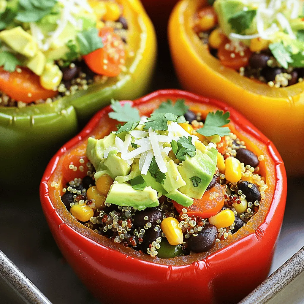 - 4 large bell peppers (any color) - 1 cup quinoa, rinsed - 2 cups vegetable broth or water - 1 can (15 oz) black beans, drained and rinsed - 1 cup corn (fresh or frozen) - 1 small red onion, diced - 2 cloves garlic, minced - 1 teaspoon cumin - 1 teaspoon chili powder - 1 teaspoon smoked paprika - Salt and pepper to taste - 1 cup diced tomatoes (canned or fresh) - 1 avocado, diced (for topping) - Fresh cilantro, chopped (for garnish) - Juice of 1 lime - Shredded cheese (optional, for topping) Gathering these ingredients is fun. You can mix and match bell peppers for color. Quinoa is a great base for this dish. It brings protein and fiber. Black beans add more protein and a nice texture. Corn gives a sweet crunch. For spices, don’t skip the cumin and chili powder. They add warmth and depth. The smoked paprika gives a unique flavor too. Adjust salt and pepper to fit your taste. Choose ripe avocados for topping. They add creaminess. Fresh cilantro offers a bright finish. Lime juice gives a pop of flavor. You can add cheese for a rich touch, but it’s optional. With all these ingredients, you create a tasty, healthy meal. It’s colorful and full of flavor. Perfect for family dinners or meal prep! - Preheat the oven to 375°F (190°C). - Rinse and cook the quinoa following package instructions. - Slice the tops off the bell peppers and remove the seeds. - Brush the outside of the peppers with olive oil and place them in a baking dish. - Sauté diced onion and minced garlic in olive oil until soft. - Stir in black beans, corn, cumin, chili powder, smoked paprika, salt, and pepper. - Add the cooked quinoa and diced tomatoes, mixing well. - Spoon the quinoa mixture into each bell pepper, pressing it down gently. - Optionally, sprinkle shredded cheese on top of each pepper. - Cover the dish with foil and bake for 25 minutes. - Remove the foil and bake for an additional 10-15 minutes until the peppers are tender. To make your Mexican quinoa stuffed peppers pop with flavor, try adding some spices. You can mix in: - 1 teaspoon of oregano for a nice herby touch. - A pinch of cayenne pepper for extra heat. - A squeeze of fresh lime juice to brighten the dish. To adjust the heat level, start with a small amount of chili powder. Taste the filling, then add more if you want it spicier. This way, you keep the heat just right for your taste. To keep your peppers from becoming too soft, avoid baking them for too long. Bake them just until they’re tender but still firm. Covering them for the first part helps steam them without overcooking. For cooking quinoa, rinse it well before cooking. This removes bitter saponins. Use two cups of liquid for every cup of quinoa. Bring it to a boil, then reduce the heat and cover. Cook until all the water is gone, about 15 minutes. Fluff it with a fork for the best texture. Pair your stuffed peppers with simple side dishes. A fresh salad with lime vinaigrette works great. You could also serve them with tortilla chips and salsa for a fun crunch. For sauces, try a dollop of sour cream or Greek yogurt. You can also drizzle some avocado crema on top. These add creaminess and enhance the flavors of the peppers. {{image_2}} You can switch out quinoa for other grains. Rice works great and is easy to find. Couscous is another fun option. Each grain brings its own taste and texture. For protein choices, you can try different beans. Chickpeas or pinto beans can add variety. You can also use shredded chicken or ground turkey if you want meat. To make this dish vegan, just skip the cheese. You can use a vegan cheese option if you want some creaminess. For a gluten-free meal, check all your labels. Most grains and beans should be fine. If you need to avoid dairy, use plant-based cheese or skip it. You can also top with avocado for a creamy finish. For a taste twist, think outside of Mexico. Add Italian herbs like oregano and basil for an Italian flair. You could even mix in sun-dried tomatoes for a punch. Try adding veggies like zucchini or spinach to the stuffing. They add great flavor and nutrition. Each variation keeps the dish fresh and exciting. Store any leftover Mexican Quinoa Stuffed Peppers in an airtight container. This keeps them fresh and tasty. They will last in the fridge for about 3 to 5 days. If you plan to eat them later, let them cool first. This helps prevent sogginess. To freeze the stuffed peppers, follow these steps: 1. Cool: Allow the peppers to cool completely. 2. Wrap: Wrap each pepper tightly in plastic wrap or foil. 3. Bag: Place the wrapped peppers in a freezer-safe bag. Remove as much air as possible. 4. Label: Don’t forget to label the bag with the date. You can freeze them for up to 3 months. To thaw, move them to the fridge overnight. For reheating, place them in the oven at 350°F (175°C) for about 20-25 minutes. Meal prepping is easy with these stuffed peppers. Here’s how to do it: - Cook the Quinoa: Make a large batch of quinoa at the start of the week. - Chop Veggies: Pre-chop the onion, garlic, and any other veggies you want to add. Store them in the fridge. - Assemble: On a free night, stuff the peppers with the quinoa mixture. Place them in a baking dish and cover with foil. This way, you can bake them on busy weeknights. Enjoy a tasty meal without the fuss! Can I make these stuffed peppers in advance? Yes, you can make these stuffed peppers a day ahead. Prepare the filling and stuff the peppers. Store them in the fridge. When ready to eat, bake them as directed. This saves time and makes a quick meal. How can I adjust the recipe for different spice levels? To change the spice level, add more or less chili powder. You can also use hot sauce for heat. If you prefer mild flavors, skip the chili powder or use sweet paprika. Taste as you go to find your perfect balance. What are the nutritional benefits of quinoa and beans? Quinoa is high in protein and fiber. It contains essential amino acids. Black beans are rich in protein and iron. They help with digestion and keep you full longer. Together, they create a balanced meal. Are there any key nutrients provided by this dish? This dish offers vitamins A and C from the bell peppers. It also contains potassium from black beans and corn. The avocado adds healthy fats. You get a mix of nutrients that support overall health. Can I grill the peppers instead of baking them? Yes, you can grill the peppers. Just prepare them as you would for baking. Place them on the grill for about 10-15 minutes. This gives them a nice smoky flavor, perfect for summer meals. What is the best method for cooking quinoa? The best way to cook quinoa is to rinse it first. This removes bitter saponins. Then, use a ratio of 1 cup quinoa to 2 cups water or broth. Bring it to a boil, then lower the heat, cover, and simmer for 15 minutes. Fluff it with a fork before using. In this post, we explored a delicious recipe for Mexican Quinoa Stuffed Peppers. We covered essential ingredients, preparation steps, and cooking tips. I shared ways to enhance flavors and suggested variations for dietary needs. Storing leftovers was also detailed for your convenience. These stuffed peppers are tasty, healthy, and easy to make. You can adapt them to fit your tastes or dietary restrictions. Enjoy creating your unique version!