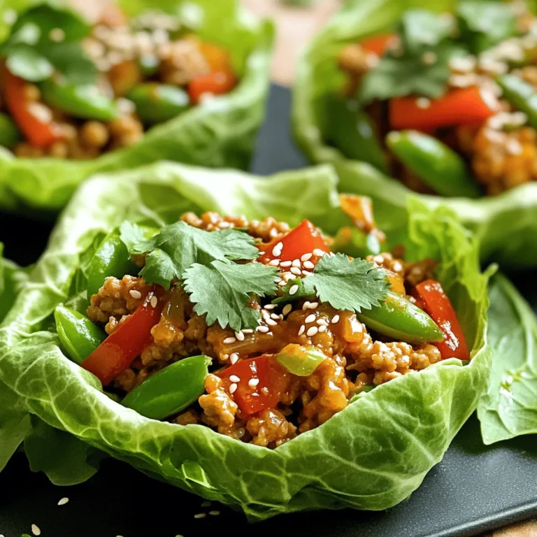 To make Sweet Chili Chicken Lettuce Cups, gather these key items: - 1 pound ground chicken - 1 tablespoon olive oil - 1 small onion, finely chopped - 2 cloves garlic, minced - 1-inch piece ginger, grated - 1 red bell pepper, diced - 1 cup snap peas, finely sliced - 1/4 cup sweet chili sauce - 2 tablespoons soy sauce - 1 tablespoon rice vinegar - 1 head of butter or iceberg lettuce, separated into cups These ingredients come together to create a tasty dish. The ground chicken provides protein, while the veggies add crunch and color. For a fun touch, consider these garnishes: - Fresh cilantro, chopped - Sesame seeds These add flavor and visual appeal to your dish. You can mix and match to find your favorites! Don’t have everything? No worries! Here are some easy swaps: - Use turkey or tofu instead of ground chicken for a different protein. - Swap olive oil for any cooking oil you like. - Try other veggies like carrots or zucchini if you want variety. These alternatives keep the dish fresh and exciting. Don't be afraid to experiment with what you have on hand! Start by gathering all your ingredients. You need: - 1 pound ground chicken - 1 tablespoon olive oil - 1 small onion, finely chopped - 2 cloves garlic, minced - 1-inch piece ginger, grated - 1 red bell pepper, diced - 1 cup snap peas, finely sliced - 1/4 cup sweet chili sauce - 2 tablespoons soy sauce - 1 tablespoon rice vinegar - Fresh cilantro, chopped - 1 head of butter lettuce - Sesame seeds Make sure to wash the lettuce. This helps keep your dish fresh and clean. Heat the olive oil in a large skillet over medium heat. Add the chopped onion. Sauté for 2-3 minutes until the onion is soft and clear. Then, add the minced garlic and grated ginger. Cook for one more minute. You want the smell to fill your kitchen! Now increase the heat to medium-high. Add the ground chicken and stir. Cook for about 5-7 minutes until the chicken is brown and fully cooked. Use a spatula to break it apart as it cooks. Next, mix in the diced bell pepper and snap peas. Cook for another 2 minutes. This will keep the veggies bright and just tender. Now pour in the sweet chili sauce, soy sauce, and rice vinegar. Stir well to combine. Let it simmer for 2-3 minutes. This step helps the flavors mix nicely. Remove the skillet from the heat and let the mixture cool for a bit. When it's cool enough to handle, take your lettuce cups. Spoon a generous amount of the chicken mixture into each cup. Now it's time to garnish! Add some chopped cilantro on top. A sprinkle of sesame seeds adds a nice crunch. Enjoy your tasty Sweet Chili Chicken Lettuce Cups! To make sweet chili chicken lettuce cups, start with a good skillet. I like to use a non-stick skillet. This helps prevent sticking and makes clean-up easier. Heat the olive oil on medium heat. Sauté the onion for 2-3 minutes. It should look clear, not brown. Add garlic and ginger next. Sauté for about one minute until you smell the aroma. This step boosts flavor. Increase the heat when adding ground chicken. Cook it until it turns brown. Stir and break it apart with a spatula. This helps it cook evenly. To enhance the taste, use fresh ingredients. Fresh ginger and garlic add a bright flavor. Diced bell pepper and snap peas give the dish a nice crunch. The sweet chili sauce is key. It adds just the right amount of sweetness. Soy sauce and rice vinegar balance the flavors. Mix them well to coat the chicken evenly. Simmer the mixture briefly to meld the flavors together. You can also add extra chili sauce if you like heat. Presentation makes your dish more appealing. Use crisp lettuce cups as a base. Butter lettuce or iceberg works great. Spoon the chicken mixture into each cup. Make sure to fill them generously. Top each cup with chopped cilantro for a pop of color. Sprinkle sesame seeds over the top for a nice crunch. Arrange the cups on a platter for serving. This will impress your guests and make it look delicious! {{image_2}} You can easily make a vegetarian version of Sweet Chili Chicken Lettuce Cups. Use 1 pound of cooked lentils or finely chopped mushrooms instead of ground chicken. These options add a great texture. Sauté them with the same spices and sauces. You will still get that delicious sweet and spicy flavor. If you love heat, add some spice! Mix in 1 tablespoon of chili paste or sriracha to the chicken mixture. You can also use jalapeños or red pepper flakes to kick it up a notch. Adjust the amount to fit your taste. This will bring a whole new level of flavor to your lettuce cups. While sweet chili sauce is great, feel free to experiment with other sauces. Try teriyaki sauce for a sweet and savory touch. Hoisin sauce adds depth. You can also mix soy sauce with a bit of honey for a different twist. Each sauce brings its own unique flavor to the dish. Store leftover Sweet Chili Chicken in an airtight container. Make sure to let it cool first. Place it in the fridge. It will stay fresh for 3 to 4 days. Keep the lettuce cups separate. This will help them stay crisp. To reheat, use a skillet over medium heat. Add a splash of water to keep it moist. Stir for about 5 minutes until heated through. You can also use the microwave. Heat in short bursts, stirring in between. Make sure it is hot all the way through. You can freeze the chicken mixture for later use. Let it cool completely first. Place it in a freezer-safe bag or container. It will last up to 3 months. When ready to eat, thaw it in the fridge overnight. Reheat as mentioned before. Note that the lettuce cups do not freeze well. Enjoy fresh lettuce with each serving! To make these cups gluten-free, use gluten-free soy sauce. Brands like Tamari work well. Check the sweet chili sauce for gluten. Many brands are gluten-free, but some may contain wheat. Always read the labels to be sure. You can also swap rice vinegar with apple cider vinegar for a gluten-free option. This way, you keep all the flavor without gluten. Lettuce cups are great on their own but pair well with many sides. Try serving with jasmine rice or quinoa for extra carbs. A fresh salad adds crunch and color. You can also offer a side of dipping sauce, like extra sweet chili sauce or soy sauce. For a fun touch, add sliced cucumbers or carrot sticks on the side. These add freshness and make your meal more colorful. Yes, you can prepare the chicken mixture ahead of time. Cook it, then let it cool. Store it in an airtight container in the fridge for up to three days. When ready to serve, heat it up in a skillet. Prepare the lettuce cups fresh for the best texture. This way, your meal stays crisp and tasty. In this post, we explored how to create sweet chili chicken lettuce cups. We covered the main ingredients and optional garnishes, plus substitutions. You learned step-by-step how to prepare your ingredients and assemble the cups. I shared tips on cooking techniques, flavor boosts, and presentation. We also discussed variations and how to store leftovers properly. These cups are tasty, easy, and fun. Try them out and enjoy!