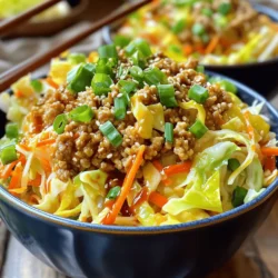 - 1 lb ground chicken or turkey - 4 cups coleslaw mix (shredded cabbage and carrots) - 2 green onions, chopped - 3 cloves garlic, minced - 1 tablespoon fresh ginger, grated - 3 tablespoons soy sauce - 1 tablespoon sesame oil - 1 teaspoon rice vinegar - 1 tablespoon sriracha (for spice) - Sesame seeds for garnish In this recipe, the main ingredients form the heart of your dish. Ground chicken or turkey gives a great protein base. I love using coleslaw mix because it adds crunch and flavor. You can use pre-shredded cabbage and carrots for ease. Next, the flavor enhancers are key. Minced garlic and grated ginger bring warmth and depth. They infuse the dish with great aroma. Soy sauce adds umami and saltiness. I also love the hint of rice vinegar; it brightens the flavors. For those who enjoy some heat, sriracha is an excellent option. Just a tablespoon can add a nice kick. Finally, sprinkle sesame seeds on top for a lovely finish. They add texture and a nutty flavor. Gather these ingredients, and you're ready to create a delicious meal! First, heat 1 tablespoon of sesame oil in a large skillet over medium-high heat. This oil adds a rich, nutty flavor. Next, add 1 pound of ground chicken or turkey. Use a spatula to break it up as it cooks. Cook for about 5-7 minutes until it is browned and no longer pink. This step gives the dish a hearty base. Once the meat is cooked, stir in 3 cloves of minced garlic and 1 tablespoon of grated fresh ginger. Cook these for about a minute. You’ll know it’s ready when the kitchen fills with a fragrant smell. The garlic and ginger add depth and warmth to your dish. Now it’s time to add some crunch. Toss in 4 cups of coleslaw mix, which contains shredded cabbage and carrots. Stir well to combine. Cook for 3-4 minutes until the cabbage is just tender. This mix brightens the dish and gives it a fresh taste. Then, pour in 3 tablespoons of soy sauce, 1 teaspoon of rice vinegar, and 1 tablespoon of sriracha if you like heat. Stir everything together and season with salt and pepper to taste. This combination brings all the flavors together in a delicious way. To get the best flavor from your meat, use a hot skillet. Heat the sesame oil until it shimmers. Then, add your ground chicken or turkey. Break it up with a spatula. Cook it until browned. This takes about 5 to 7 minutes. Make sure to keep stirring. This helps prevent burning and ensures even cooking. Next, it's time to cook the coleslaw mix. Add it to the skillet after the meat is browned. Stir it well to mix with the meat and oil. Cook for about 3 to 4 minutes. You want the cabbage to be tender, but still crunchy. This keeps the texture exciting. You can easily change the spice level in your dish. If you like it spicy, add more sriracha. If you prefer milder flavors, skip it or use less. Taste as you go. This way, you can find your perfect heat. Balancing flavors is key. After adding soy sauce and rice vinegar, taste it. If it needs more salt or pepper, add a pinch. This simple adjustment can elevate the entire dish. Serving your dish well makes it more fun to eat. Use deep bowls to hold all the ingredients. Top with extra green onions and sesame seeds for a pop of color. This makes the meal look vibrant. For a fun twist, try using chopsticks. It gives a more authentic feel to your meal. Plus, it can make eating more engaging. If you want, you can even share your dish with friends. Enjoying it together makes it even better! {{image_2}} For a tasty twist, swap the ground chicken or turkey for ground beef. It brings a rich flavor that many enjoy. If you want a meat-free option, tofu is a great choice. Just use firm tofu and crumble it before cooking. It absorbs flavor well and gives a hearty bite. For vegetarians and vegans, you can also use tempeh or seitan. Both options are protein-rich and add texture to your dish. You can enhance your Egg Roll in a Bowl by adding more vegetables. Try bell peppers, snap peas, or mushrooms for extra crunch. Zucchini or broccoli can be great too. These veggies not only add color but also boost nutrition. For toppings, consider adding chopped cilantro or crunchy peanuts. These add a fresh taste and a fun texture. A squeeze of lime on top can also brighten the flavors. While soy sauce is a classic, you can try alternatives like coconut aminos. This gives a similar taste but is soy-free. If you need a gluten-free version, look for tamari sauce. It's a good substitute that maintains the umami flavor. You can also make a simple sauce with hoisin for a sweeter touch. Mixing sauces can lead to exciting new flavors in your bowl. To store leftovers from your Egg Roll in a Bowl, let it cool first. Place the dish in an airtight container. This keeps it fresh. You can keep it in the fridge for up to four days. After that, it may lose flavor and texture. You can freeze Egg Roll in a Bowl for longer storage. Use freezer-safe containers or bags. Make sure to remove as much air as possible. This helps prevent freezer burn. When you're ready to eat, thaw it overnight in the fridge. For reheating, use a skillet on medium heat. This method keeps the flavors intact. Stir it often to avoid hot spots. If you use a microwave, cover it to keep moisture in. To avoid sogginess in the coleslaw mix, add it fresh when reheating. This keeps the crunch. If you want, you can sprinkle some sesame seeds on top for extra flavor. How do I make Egg Roll in a Bowl spicier? To add heat, mix in sriracha. Start with one tablespoon and taste. You can add more if you want. For extra kick, try chili flakes or fresh jalapeños. These will boost your dish's flavor and spice. Can I make this dish in advance? Yes, you can prepare it ahead of time. Cook the meal and cool it down. Store in an airtight container. It lasts in the fridge for up to three days. To reheat, use a skillet or microwave until hot. What is the calorie count per serving? Each serving has about 300 calories. This can vary based on the meat and any extras you add. For a precise count, check the labels on your ingredients. How can I make it healthier? To make it healthier, use ground turkey or chicken. Add more veggies like bell peppers or broccoli. You can also reduce the soy sauce or use a low-sodium version. What to serve with Egg Roll in a Bowl? Serve it with steamed rice or cauliflower rice. A side of egg drop soup works well too. You can also add pickled veggies for crunch. Best sides and drinks to complement the meal Pair with light drinks like green tea or sparkling water. For sides, consider edamame or a simple salad. These will balance the meal's flavors and textures. This recipe for Egg Roll in a Bowl combines ground chicken or turkey with tasty veggies. You can add garlic, ginger, and soy sauce for flavor. Cooking the protein well and having fun with spice levels will wow your taste buds. You can try different proteins and toppings too. Store leftovers correctly and enjoy them later. Experiment with your options, and enjoy this versatile dish! Embrace your cooking journey and watch meals come to life!
