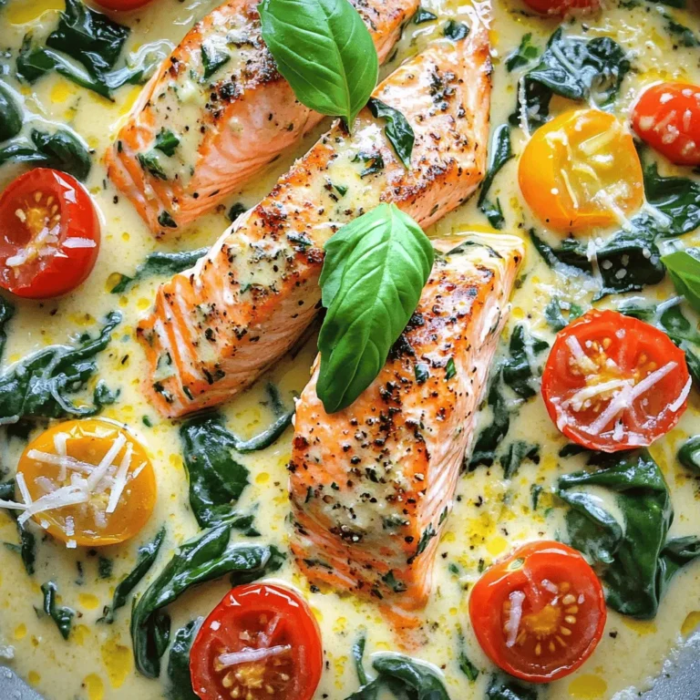 To make this dish, you need some key ingredients. Here’s what you will need: - 4 salmon fillets - 2 tablespoons olive oil - 3 cloves garlic, minced - 1 cup cherry tomatoes, halved - 1 cup fresh spinach, chopped - 1 cup heavy cream - ½ cup grated Parmesan cheese - 1 teaspoon Italian seasoning - Salt and pepper to taste - Fresh basil leaves for garnish These ingredients blend together to create a rich and creamy sauce that pairs beautifully with the salmon. Each item adds its own special touch to the dish. You can enhance the flavor of your creamy Tuscan salmon with a few optional ingredients. Consider adding: - Lemon juice for a fresh zing - Red pepper flakes for heat - Capers for a salty kick - Artichoke hearts for extra texture These additions can elevate the dish and make it even more enjoyable. Each serving of creamy Tuscan salmon provides a balance of nutrients. Here’s what you can expect: - Calories: 500 - Protein: 35g - Fat: 40g - Carbohydrates: 6g - Fiber: 1g This dish is not only delicious but also packed with protein from the salmon. It offers a creamy and satisfying meal option. Start by heating 2 tablespoons of olive oil in a large skillet over medium-high heat. While the oil heats, season your 4 salmon fillets with salt and pepper on both sides. Once the oil is hot, add the salmon fillets skin-side down. Cook them for about 4 to 5 minutes until they are golden and flake easily with a fork. Carefully flip the salmon and cook for another 3 to 4 minutes. After cooking, remove the salmon from the skillet and set it aside on a plate. In the same skillet, add 3 cloves of minced garlic. Sauté for about 30 seconds until the garlic is fragrant. Next, add 1 cup of halved cherry tomatoes to the skillet. Cook them for 2 to 3 minutes until they start to soften. Then, stir in 1 cup of chopped fresh spinach and cook until it wilts, about 1 to 2 minutes. Reduce the heat to low and pour in 1 cup of heavy cream, stirring to mix it with the veggies. Add ½ cup of grated Parmesan cheese and 1 teaspoon of Italian seasoning, stirring until the cheese melts and the sauce becomes creamy. Gently place the cooked salmon back into the skillet. Spoon some of the creamy sauce over the top of each fillet. Cook for an extra minute to heat everything through. Taste the sauce and adjust the seasoning if needed. You can now serve this dish on a bed of creamy sauce, garnished with fresh basil leaves for a colorful finish. Enjoy this flavorful meal with pasta or garlic bread for a complete dining experience. To get the best salmon, look for bright, vibrant color. Fresh salmon should have a moist look, not dry. Check for a clean, ocean scent. Avoid fish with a strong or fishy smell. The flesh should spring back when you press it. You can choose wild-caught or farm-raised. Wild salmon often has a richer taste. However, farm-raised salmon can be more affordable. For perfect salmon, start with a hot pan. This helps to get a nice sear. Use olive oil for flavor and to prevent sticking. Season both sides with salt and pepper. Cook skin-side down first for about 4-5 minutes. Flip the fillets gently and cook for another 3-4 minutes. Check for doneness by using a fork to see if it flakes easily. Cook until it reaches an internal temperature of 145°F. To make the creamy sauce pop, use fresh garlic. Sauté it for about 30 seconds to bring out its flavor. Adding cherry tomatoes gives a sweet burst. Cook them until soft, then mix in spinach. This adds color and nutrients. For creaminess, heavy cream works best. Don't forget to add grated Parmesan cheese for a rich taste. Italian seasoning gives the sauce an extra touch of flavor. Taste and adjust the salt and pepper as needed. {{image_2}} You can swap salmon for other fish. Try trout or tilapia. Both cook well and taste great. Cod is also a good choice. It has a mild flavor and flakes nicely. Choose fish that you enjoy. Cook times may change, so watch closely. You can make this dish vegan by using plant-based fish. Try tofu or tempeh for texture. Use coconut cream instead of heavy cream. This adds a rich flavor without dairy. Nutritional yeast can replace Parmesan cheese. It gives a cheesy taste without the milk. Adding more veggies can make this dish even better. Bell peppers bring a sweet crunch. Zucchini adds moisture and flavor. Mushrooms give a hearty touch. Feel free to mix in your favorites. Just remember to adjust cooking times for softer veggies. To keep your leftover creamy Tuscan salmon fresh, place it in an airtight container. Make sure the lid seals tightly. This method keeps the salmon moist and tasty. Store it in the fridge. It will stay good for up to three days. If you have a lot of sauce, store it separately. When you’re ready to enjoy your leftovers, you can reheat them easily. Place the salmon on a plate. Cover it with a damp paper towel to keep it moist. Microwave it on medium power for about one to two minutes. Check to see if it’s warm enough. If it needs more time, heat it in 30-second bursts. You can also reheat it in a skillet over low heat for better texture. If you want to save salmon for later, freezing it works well. Wrap each piece tightly in plastic wrap. Then, place the wrapped salmon in a freezer bag. Squeeze out all the air before sealing. It can last for up to two months in the freezer. To thaw, move the salmon to the fridge a day before you want to eat it. This keeps it safe and tasty. Avoid thawing in the microwave, as it can cook the fish unevenly. Yes, you can use frozen salmon fillets. Just make sure to thaw them first. To thaw, place the salmon in the fridge overnight or submerge it in cold water for about an hour. Once thawed, pat the fillets dry before cooking. This helps achieve that nice golden crust when you sear them in olive oil. Creamy Tuscan Salmon pairs well with several sides. You can serve it over pasta for a filling meal. Garlic bread also complements the dish nicely, soaking up that creamy sauce. Steamed veggies like broccoli or asparagus add color and nutrients. For a fresh touch, a simple green salad works great too. Creamy Tuscan Salmon lasts about three days in the fridge. Store it in an airtight container to keep it fresh. When you're ready to eat, just reheat it gently on the stove or in the microwave. Avoid overcooking it again to keep the salmon moist and tender. In this post, we explored how to make Creamy Tuscan Salmon. I shared essential and optional ingredients to boost flavor. You learned step-by-step instructions, plus tips for picking and cooking salmon. I also covered variations, storage tips, and answered common questions. Now, you’re ready to create a tasty meal that pleases everyone. Enjoy your culinary journey with this dish! Cooking can be fun and rewarding.