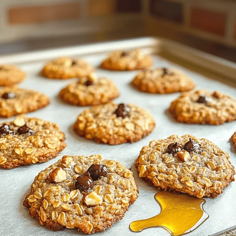 To make Chocolate Chip Banana Oat Cookies, gather these ingredients: - 2 ripe bananas, mashed - 1 cup rolled oats - 1/2 cup almond flour - 1/4 cup honey or maple syrup - 1/2 teaspoon vanilla extract - 1/2 teaspoon baking soda - 1/4 teaspoon salt - 1/2 cup dark chocolate chips - 1/4 cup chopped walnuts (optional) Each ingredient plays a key role in flavor and texture. Use ripe bananas for natural sweetness. Rolled oats give the cookies a nice chewy feel. Almond flour adds a nutty taste and a tender crumb. Honey or maple syrup provides extra moisture and sweetness. For the chocolate chips, dark chocolate adds a rich taste. If you prefer milk chocolate, that works too! Chopped walnuts give a nice crunch but feel free to skip them if you’re not a fan. You can change some ingredients based on what you have. If you need a gluten-free option, use certified gluten-free oats. Instead of almond flour, try oat flour or all-purpose flour. If you want to avoid sugar, use mashed bananas and omit the sweetener. For a vegan option, replace honey with maple syrup. Always adjust your choices based on taste and health needs. Start by preheating your oven to 350°F (175°C). Next, line a baking sheet with parchment paper. This step keeps cookies from sticking and makes cleanup easier. In a large mixing bowl, mash the two ripe bananas well. Add in the honey or maple syrup and the vanilla extract. Mix everything until it becomes smooth. This mixture is the base for your cookies. In another bowl, combine the rolled oats, almond flour, baking soda, and salt. Stir these dry ingredients well to mix them evenly. This step ensures that every bite has the right flavor and texture. Now it's time to shape your cookies! Use a tablespoon to scoop portions of the dough. Place them on the prepared baking sheet, leaving about 2 inches between each scoop. Gently flatten each cookie with the back of the spoon. These cookies won’t spread much when they bake. Bake the cookies in the oven for 10 to 12 minutes. You want to see the edges turn golden brown. Once done, take them out and let them cool on the baking sheet for 5 minutes. After that, move them to a wire rack to cool completely. Enjoy your warm, delicious cookies! To get chewy cookies, use more mashed bananas. They add moisture. You can also bake for a shorter time. For crispy cookies, add more almond flour. Bake them a bit longer until the edges turn golden. The key is to find the right balance. Always use dry measuring cups for dry ingredients. For sticky items like honey, use a liquid measuring cup. Make sure to level off your measuring cups. This gives you the right amount for baking. Too much or too little can change the cookie texture. Do not skip the baking soda. It helps the cookies rise and become light. Mixing too much can make them tough. Stir just until combined for the best texture. Lastly, let the cookies cool for a few minutes on the sheet. This keeps them from breaking when you move them. {{image_2}} You can make these cookies gluten-free. Use certified gluten-free oats instead of regular oats. You can also swap almond flour for gluten-free flour blends. These options keep your cookies safe for those with gluten allergies. To make these cookies vegan, replace honey with maple syrup. This swap adds sweetness and keeps the recipe plant-based. Ensure your dark chocolate chips are dairy-free. This way, everyone can enjoy delicious treats without worry. Want to mix it up? Try adding different flavors. You can fold in dried fruit, like cranberries or raisins. Chopped nuts, like pecans or almonds, add crunch. A sprinkle of cinnamon gives warmth. Get creative with your own favorite flavors! To keep your Chocolate Chip Banana Oat Cookies fresh, store them in an airtight container. Make sure the cookies are completely cool before sealing them. This helps prevent moisture build-up, which can make them soggy. You can place parchment paper between layers to avoid sticking. If you want to enjoy these cookies later, freezing is a great option. Start by placing the cooled cookies in a single layer on a baking sheet. Freeze them for about one hour. Once frozen, transfer the cookies to a freezer-safe bag or container. Make sure to remove as much air as possible to avoid freezer burn. When stored properly at room temperature, these cookies last about 5 days. If you freeze them, they can stay fresh for up to 3 months. Just remember to thaw them in the fridge or at room temperature before enjoying. This keeps the texture nice and soft. Yes, you can use rapid oats. They will make the cookies softer. The texture might change a bit, but they should still taste great. I like using rolled oats for a chewier bite. To make these cookies sugar-free, use ripe bananas as your sweetener. You can skip the honey or maple syrup. The bananas provide natural sweetness. You can also use sugar-free syrup if you prefer. You can use oat flour or whole wheat flour instead of almond flour. Both options work well. If you want a nut-free option, try using sunflower seed flour. Be sure to check for allergies. Absolutely! Dried fruit adds a nice touch. You can use raisins, cranberries, or chopped dates. Just make sure not to overload the dough. Too many mix-ins can make the cookies fall apart. The best way to reheat leftover cookies is to use the oven. Preheat it to 300°F (150°C). Place the cookies on a baking sheet for about 5 minutes. This will keep them soft and tasty. You can also heat them in the microwave for a quick fix. Just heat for 10-15 seconds. This blog post covered key points to bake great cookies. We shared ingredients, options, substitutions, and easy steps to prepare them. I highlighted tips for chewy versus crispy cookies and common mistakes to avoid. You also learned about gluten-free and vegan variations. Lastly, I explained the best storage methods and answered common questions. With these insights, you can confidently make cookies that delight everyone. Enjoy the fun of baking!