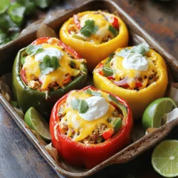 - 4 large bell peppers (red, yellow, or green) - 1 lb boneless, skinless chicken breasts, diced - 1 tablespoon olive oil - 1 small onion, sliced - 1 red bell pepper, sliced - 1 green bell pepper, sliced - 2 cloves garlic, minced - 1 teaspoon chili powder - 1 teaspoon cumin - 1 teaspoon smoked paprika - Salt and pepper to taste - 1 cup corn (fresh or canned) - 1 cup black beans, drained and rinsed - 1 cup shredded cheese (cheddar or Mexican blend) - Fresh cilantro, chopped (for garnish) - Sour cream and lime wedges (for serving) To boost flavor, try adding: - 1 jalapeño, diced for heat - 1 teaspoon lime juice for zest - 1 teaspoon oregano for a herby touch - Avocado slices for creaminess - A dollop of Greek yogurt instead of sour cream If you have dietary needs, consider these swaps: - Use quinoa or brown rice instead of black beans. - Swap chicken for tofu or tempeh for a vegan option. - Use low-fat cheese or omit it for a lighter dish. - Make it gluten-free by checking all packaged ingredients. - Choose different colored peppers for added nutrients and visual appeal. These ingredients make your chicken fajita stuffed peppers both tasty and adaptable! Start by preheating your oven to 375°F (190°C). Choose four large bell peppers, any color you like. Cut the tops off and remove the seeds and membranes. This creates a hollow shell for your filling. Place the peppers upright in a baking dish. Set them aside while you prepare the filling. In a large skillet, heat one tablespoon of olive oil over medium heat. Add one pound of diced chicken breasts. Cook the chicken until it turns white, about 5 to 7 minutes. This means it is no longer pink. Next, add one sliced onion, one sliced red bell pepper, and one sliced green bell pepper. Also, add two cloves of minced garlic. Sauté the mix for 3 to 4 minutes until the veggies soften. Sprinkle in one teaspoon each of chili powder, cumin, and smoked paprika. Season with salt and pepper to taste. Stir well and cook for another 2 minutes. Then, mix in one cup of corn and one cup of black beans. Stir until heated through and remove from heat. Now it’s time to stuff the peppers! Fill each bell pepper with the chicken fajita mixture. Press down lightly to pack it in. Top each pepper with one cup of shredded cheese, covering them well. Cover the baking dish with aluminum foil and bake for 25 minutes. After that, remove the foil and bake for another 10 to 15 minutes. You know they're done when the cheese is bubbly and golden. Garnish with fresh cilantro and serve with sour cream and lime wedges on the side. Enjoy your delicious chicken fajita stuffed peppers! To get the best stuffed peppers, choose firm, large bell peppers. Red, yellow, or green all work well. Make sure to cut the tops off and remove the seeds carefully. This helps the filling cook evenly. Pack the chicken fajita mixture tightly inside the peppers. This way, they stay sturdy and flavorful during baking. For rich flavors, cook the chicken until it is golden brown. This adds depth to the dish. Don't skip the spices! Chili powder, cumin, and smoked paprika bring warmth. Adding the corn and black beans gives a nice texture and flavor contrast. Bake the peppers covered for the first half of cooking. This keeps them moist. Remove the cover for the last part to let the cheese bubble and brown. Use a large skillet to cook the chicken and veggies. A good-quality knife helps with chopping. For stuffing, a spoon or spatula makes it easy to fill the peppers. A baking dish is essential for oven cooking. Don’t forget aluminum foil to cover the dish while baking. These tools make the process smoother and more enjoyable! {{image_2}} You can easily make a vegetarian version of these stuffed peppers. Start with the same bell peppers. Instead of chicken, use cooked quinoa or lentils. Add extra veggies like zucchini, mushrooms, or spinach. Season with the same spices for that fajita flavor. This option is tasty and packed with nutrients. If you want a different protein, ground turkey or beef works great. Cook the meat in the skillet just like the chicken. Keep the spices the same to keep that delicious flavor. You can also mix meats, like chicken and turkey, for a unique taste. This adds variety while keeping it simple. You can change the flavor profile by using different spices. For a taco flavor, add taco seasoning instead of the spices listed. For an Italian twist, use Italian herbs like oregano and basil. You can even add marinara sauce for a fun twist. Experimenting with flavors keeps your meals exciting and fresh. To store your chicken fajita stuffed peppers, let them cool first. Once they are at room temperature, place them in an airtight container. Use parchment paper between layers if stacking. These peppers will stay fresh in the fridge for about 3-4 days. For reheating, I recommend using the oven. Preheat it to 350°F (175°C). Place the stuffed peppers in a baking dish. Cover them with foil to keep the moisture in. Bake for about 15-20 minutes, or until they are hot all the way through. You can also microwave them, but they may lose some crispness. You can freeze stuffed peppers for up to 3 months. Wrap each pepper tightly in plastic wrap, then place them in a freezer bag. To reheat, thaw them in the fridge overnight. Then, bake as mentioned above. This way, you can enjoy a tasty meal anytime. Chicken fajita stuffed peppers last about 3 to 4 days in the fridge. Make sure to store them in an airtight container. This keeps them fresh and tasty. If you see any signs of spoilage, throw them away. Yes, you can prepare these stuffed peppers ahead of time. You can make the filling and stuff the peppers, then cover and refrigerate them. Just remember to bake them within 24 hours for the best taste. If you want to save time, this is a great option. Chicken fajita stuffed peppers pair well with many side dishes. Here are some ideas: - Mexican rice - Black bean salad - Guacamole - Corn on the cob These sides add flavor and make your meal more complete. Yes, you can grill stuffed peppers! Grilling adds a nice smoky flavor. Just wrap them in foil to keep them from falling apart. Grill them on medium heat for about 20 to 25 minutes. Check to make sure they are tender and the cheese is melted. You now know how to make delicious chicken fajita stuffed peppers. We covered ingredients, prep steps, and cooking tips to ensure great flavor. Whether you prefer classic chicken or a veggie twist, there’s a version for you. Remember, storing leftovers correctly keeps them tasty for later. Enjoy this fun dish with friends or family. Try different spices or proteins to add your own flair. Cooking should be enjoyable and flexible, so have fun with it. Happy cooking!