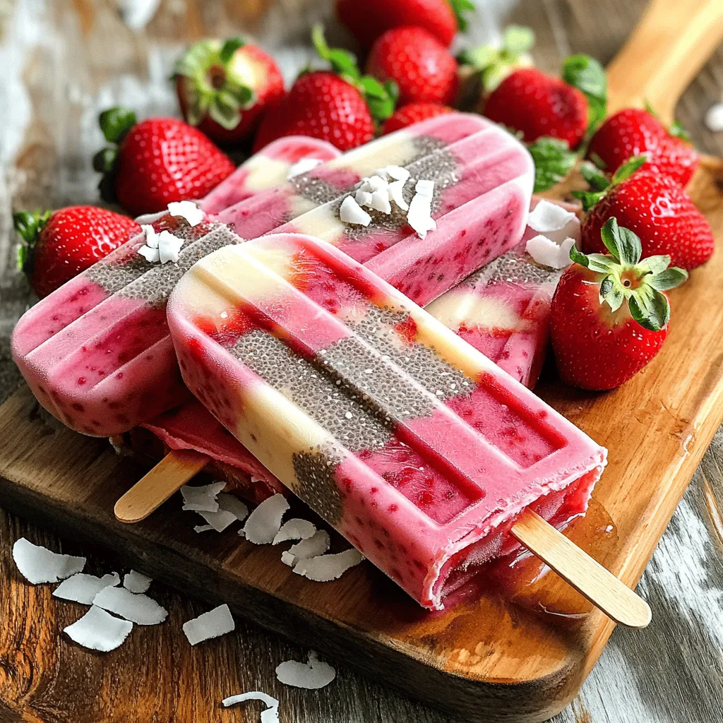 To make Strawberry Coconut Chia Popsicles, gather these ingredients: - 2 cups fresh strawberries, hulled and sliced - 1 can (13.5 oz) coconut milk (full fat for creaminess) - 1/4 cup honey or maple syrup (adjust for sweetness) - 1/4 cup chia seeds - 1 teaspoon vanilla extract - A pinch of salt You can make swaps in this recipe. If you need a dairy-free option, use coconut cream instead of coconut milk. For a lower-sugar treat, try using stevia or agave syrup instead of honey or maple syrup. You can also substitute strawberries with other berries like blueberries or raspberries for different flavors. Each popsicle has about: - Calories: 120 - Protein: 2g - Carbohydrates: 18g - Fat: 5g - Fiber: 4g - Sugar: 8g These popsicles are not only tasty but also packed with healthy ingredients. The chia seeds add fiber and omega-3 fatty acids, while strawberries provide vitamins and antioxidants. Enjoy these refreshing treats guilt-free! To start, gather your ingredients. You will need: - 2 cups fresh strawberries, hulled and sliced - 1 can (13.5 oz) coconut milk - 1/4 cup honey or maple syrup - 1/4 cup chia seeds - 1 teaspoon vanilla extract - A pinch of salt First, blend the strawberries, coconut milk, honey, vanilla, and salt. Blend until smooth. Pour half of this mixture into a bowl and set it aside. In the blender, add the chia seeds to the remaining half. Pulse a few times to mix them in. Let this sit for about 5 minutes. This step helps the chia seeds swell and thicken the mixture. Now, it's time to fill your popsicle molds. Start with the plain strawberry mixture. Pour it into each mold, filling them halfway. Next, add the chia-infused mixture on top of the strawberry layer. Use a spoon to help layer it evenly. Then, add more of the plain strawberry mixture. Fill each mold, leaving a little space at the top. This space allows for expansion while freezing. After filling the molds, insert the sticks. Make sure they are centered in the mixture. Place the molds in the freezer. You should freeze them for at least 4-6 hours. Once they are fully solid, you can enjoy your popsicles! When blending, use a high-speed blender for the best results. This helps create a smooth mixture. If your blender is not strong, blend in batches. Start with the strawberries and coconut milk. Then, blend the chia seeds in last. This way, you maintain a nice texture. Also, taste the mixture before freezing. You can adjust the sweetness by adding more honey or maple syrup. Remember, the flavor will be less sweet when frozen. To get a creamy texture in your popsicles, choose full-fat coconut milk. The higher fat content makes the popsicles smooth and rich. Blend the coconut milk with your strawberries until you have a silky mix. This step helps blend the flavors well. If you want it sweeter, add more honey or maple syrup. Adjust it to your taste. To spread the chia seeds evenly, mix them in after blending half of your strawberry mix. Pulse the blender a few times. After that, let the mix sit for five minutes. This allows the seeds to swell and become gel-like, making them easier to layer. When you pour them into the molds, they will stay well-distributed. For a fun and pretty presentation, serve your popsicles on a wooden board. Add fresh strawberries around them for color. A sprinkle of coconut flakes adds a nice touch too. Use colorful sticks for a playful look. This makes your popsicles not just tasty but also a feast for the eyes! {{image_2}} You can swap strawberries for other fruits. Try bananas, mangoes, or blueberries. Each fruit gives a new taste. Fresh or frozen fruit works well. Adjust the sweetness based on your fruit choice. A ripe banana will add sweetness without extra sugar. Use 2 cups of your chosen fruit for best results. Want to spice things up? Add a splash of lime or lemon juice. This gives a nice zing. You can also mix in herbs like mint or basil. These flavors pair well with coconut and fruit. For a richer taste, try adding a pinch of cinnamon or nutmeg. These spices can create a warm, cozy feel. This recipe is easy to make vegan. Just use maple syrup instead of honey. Coconut milk is naturally dairy-free. If you want a lighter version, use light coconut milk. You can also mix in almond milk for a different taste. Both options keep it creamy while being dairy-free. To keep your Strawberry Coconut Chia Popsicles fresh, place them in a freezer-safe bag. Make sure to label the bag with the date. This way, you won't forget when you made them. You can also wrap each popsicle in plastic wrap for extra protection. This keeps them safe from freezer burn. When freezing the popsicles, ensure they sit upright in the freezer. This helps them keep their shape. If your molds are not sturdy, use a cup holder to keep them steady. For thawing, simply let them sit at room temperature for a few minutes. You can also run warm water over the outside of the molds for a quicker release. These popsicles can last about two months in the freezer. After that, they may lose some taste and texture. To enjoy them at their best, eat them within four weeks. This way, you get the full burst of strawberry and coconut flavor! Strawberry Coconut Chia Popsicles take about 4 to 6 hours to freeze. This time lets them set fully. To check if they are ready, gently press the popsicle. If it feels solid, it’s ready to enjoy! Yes, you can make these popsicles without chia seeds. However, they add a fun texture and some nutrients. If you skip them, your popsicles will still taste great. You might want to blend in some yogurt for creaminess instead. You can use many fruits in this recipe! Bananas, mangoes, or blueberries are great choices. Just remember to adjust the sweetness if needed. Mixing different fruits can give you exciting flavors! This blog post covered how to make tasty Strawberry Coconut Chia Popsicles. We discussed ingredients, step-by-step instructions, and helpful tips. We also explored fun variations and storage ideas. Remember, the key to great popsicles is texture and flavor mix. You can customize them to fit your taste. Enjoy making these popsicles in your kitchen. They are simple, fun, and healthy treats for everyone!