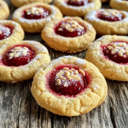 To make these delightful cookies, gather the following ingredients: - 1 cup unsalted butter, softened This gives the cookies a rich flavor and soft texture. - 3/4 cup powdered sugar This sweetens the dough and helps create a tender cookie. - 1 teaspoon almond extract This adds a lovely nutty flavor that pairs well with raspberry. - 2 cups all-purpose flour The base of the cookies, providing structure. - 1/2 teaspoon salt Salt enhances the flavor and balances the sweetness. - 1/2 cup raspberry jam This fills the thumbprint and adds a sweet-tart taste. - 1/4 cup finely chopped almonds (optional) These add a nice crunch and extra flavor if you choose to use them. - 1/4 teaspoon vanilla extract This deepens the flavor profile and complements the almond. - Additional powdered sugar for dusting (optional) A light dusting adds a nice finishing touch for presentation. Feel free to adjust the optional ingredients to suit your tastes! For instance, you can skip the almonds if you prefer a nut-free cookie. 1. Preheat the oven to 350°F (175°C). This is a key step to ensure even baking. While the oven heats, line a baking sheet with parchment paper. This keeps the cookies from sticking and makes cleanup easy. 2. Mix the ingredients in order. Start by creaming 1 cup of softened unsalted butter and 3/4 cup of powdered sugar in a large bowl. Mix until it is light and fluffy. Next, add 1 teaspoon of almond extract. Mix well until it's fully combined. 3. In a separate bowl, whisk together 2 cups of all-purpose flour and 1/2 teaspoon of salt. Gradually add this dry mix to the butter mixture. Stir until just combined. Do not overmix, as this can make the cookies tough. 4. Form the cookie dough. Take about a tablespoon of dough and roll it into a smooth ball. Place each ball on the prepared baking sheet, leaving space between each one. 5. Create thumbprints. Use your thumb or the back of a teaspoon to make a small indent in the center of each cookie ball. This is where the raspberry jam will go later. 6. Fill the cookies. Spoon a small amount of raspberry jam into each indentation. If you like, you can sprinkle 1/4 cup of finely chopped almonds around the edge of each cookie for extra crunch and flavor. 7. Bake the cookies. Place the baking sheet in the preheated oven. Bake for 12-15 minutes, or until the edges are lightly golden. The centers may seem soft, but they will firm up as they cool. 8. Cool the cookies. Allow the cookies to cool on the baking sheet for 5 minutes. Then, transfer them to a wire rack to cool completely. If you want, dust them with more powdered sugar before serving. Following these steps will help you create perfect raspberry almond thumbprint cookies that are both easy and delicious! To make these cookies shine, avoid some common mistakes. First, don't overmix the dough. Mix until just combined to keep the cookies tender. Second, make sure your butter is softened, not melted. Soft butter helps create a fluffy texture. Lastly, don't skip the indentation step. A good thumbprint holds the jam well. For the best texture, use a light touch when forming the dough. Roll the balls gently without packing them too tight. This will keep your cookies soft and airy. When you bake them, make sure they are evenly spaced. This allows hot air to flow around each cookie, ensuring even baking. To ensure even baking, check your oven's temperature with an oven thermometer. Ovens can run hot or cold, affecting your cookies. Rotate your baking sheet halfway through the baking time. This helps them brown evenly. Watch for the edges turning golden while the centers stay soft. They will firm up as they cool, creating the perfect bite. {{image_2}} You can change the flavors of raspberry almond thumbprint cookies to suit your taste. Here are some fun ideas: - Substituting with different jams: You can use many types of jam. Try apricot or strawberry for a new flavor. Each jam adds its unique taste. - Adding flavors: Want to mix it up? Add a bit of lemon zest for a fresh twist. You can also try cocoa powder for a rich chocolatey note. These flavors make each bite exciting. - Using different nuts or omitting them: Almonds are great, but other nuts work too. Consider using walnuts or pecans for a different crunch. If you want a nut-free option, just leave them out. Your cookies will still taste amazing! These variations make your cookies special and fun. Don't be afraid to experiment! To keep your Raspberry Almond Thumbprint Cookies fresh, store them in an airtight container. This helps keep them moist and tasty. You can use a cookie tin or a plastic container. Place parchment paper between layers to avoid sticking. For the best taste, enjoy these cookies within a week. After a week, they may start to lose their great flavor and texture. If you want to save them longer, freezing is a good option. To freeze your cookies, first, let them cool completely. Then, place them in a single layer on a baking sheet and freeze for about an hour. Once frozen, transfer them to an airtight freezer bag or container. Be sure to label the bag with the date. You can store them in the freezer for up to three months. When you're ready to eat them, just take out the number you want. Let them sit at room temperature for about 15 minutes to soften. You can also warm them in the oven at a low temperature for a few minutes. Enjoy your cookies fresh and delicious! Can I use margarine instead of butter? Yes, you can use margarine in place of butter. It may change the taste a bit. Choose a stick margarine, not a spreadable kind, for best results. This will help keep the cookie texture similar. The cookies might be slightly softer, but they will still be tasty. How can I make these cookies gluten-free? To make these cookies gluten-free, swap the all-purpose flour for a gluten-free blend. Many blends work well, but check the mix for xanthan gum. If it lacks this, add a teaspoon to help with texture. Follow the same steps in the recipe, and you will enjoy delicious cookies. What can I use instead of almond extract? If you need a substitute for almond extract, use vanilla extract. It will give a different flavor, but it still tastes great. You could also try hazelnut extract for a nutty touch. Just keep the amount the same as the almond extract in the recipe. Raspberry almond thumbprint cookies are a tasty treat that anyone can make. We covered the simple ingredients, step-by-step preparation, and tips for the best results. You learned about fun variations to try and proper storage methods to keep your cookies fresh. Experiment with flavors and enjoy these cookies with your loved ones. Baking is fun, and these tips will help you every time. Now get in the kitchen and start baking!