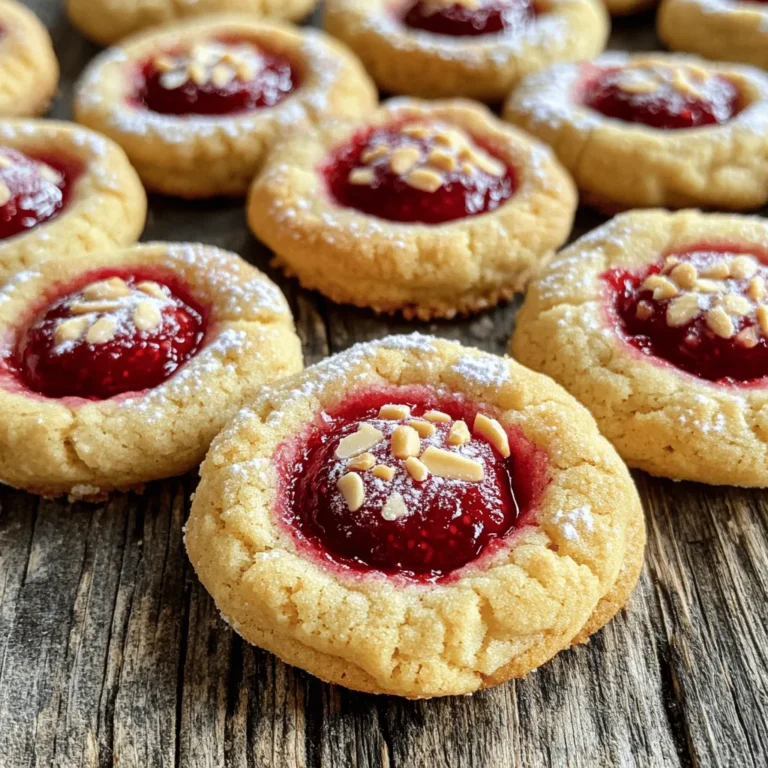 To make these delightful cookies, gather the following ingredients: - 1 cup unsalted butter, softened This gives the cookies a rich flavor and soft texture. - 3/4 cup powdered sugar This sweetens the dough and helps create a tender cookie. - 1 teaspoon almond extract This adds a lovely nutty flavor that pairs well with raspberry. - 2 cups all-purpose flour The base of the cookies, providing structure. - 1/2 teaspoon salt Salt enhances the flavor and balances the sweetness. - 1/2 cup raspberry jam This fills the thumbprint and adds a sweet-tart taste. - 1/4 cup finely chopped almonds (optional) These add a nice crunch and extra flavor if you choose to use them. - 1/4 teaspoon vanilla extract This deepens the flavor profile and complements the almond. - Additional powdered sugar for dusting (optional) A light dusting adds a nice finishing touch for presentation. Feel free to adjust the optional ingredients to suit your tastes! For instance, you can skip the almonds if you prefer a nut-free cookie. 1. Preheat the oven to 350°F (175°C). This is a key step to ensure even baking. While the oven heats, line a baking sheet with parchment paper. This keeps the cookies from sticking and makes cleanup easy. 2. Mix the ingredients in order. Start by creaming 1 cup of softened unsalted butter and 3/4 cup of powdered sugar in a large bowl. Mix until it is light and fluffy. Next, add 1 teaspoon of almond extract. Mix well until it's fully combined. 3. In a separate bowl, whisk together 2 cups of all-purpose flour and 1/2 teaspoon of salt. Gradually add this dry mix to the butter mixture. Stir until just combined. Do not overmix, as this can make the cookies tough. 4. Form the cookie dough. Take about a tablespoon of dough and roll it into a smooth ball. Place each ball on the prepared baking sheet, leaving space between each one. 5. Create thumbprints. Use your thumb or the back of a teaspoon to make a small indent in the center of each cookie ball. This is where the raspberry jam will go later. 6. Fill the cookies. Spoon a small amount of raspberry jam into each indentation. If you like, you can sprinkle 1/4 cup of finely chopped almonds around the edge of each cookie for extra crunch and flavor. 7. Bake the cookies. Place the baking sheet in the preheated oven. Bake for 12-15 minutes, or until the edges are lightly golden. The centers may seem soft, but they will firm up as they cool. 8. Cool the cookies. Allow the cookies to cool on the baking sheet for 5 minutes. Then, transfer them to a wire rack to cool completely. If you want, dust them with more powdered sugar before serving. Following these steps will help you create perfect raspberry almond thumbprint cookies that are both easy and delicious! To make these cookies shine, avoid some common mistakes. First, don't overmix the dough. Mix until just combined to keep the cookies tender. Second, make sure your butter is softened, not melted. Soft butter helps create a fluffy texture. Lastly, don't skip the indentation step. A good thumbprint holds the jam well. For the best texture, use a light touch when forming the dough. Roll the balls gently without packing them too tight. This will keep your cookies soft and airy. When you bake them, make sure they are evenly spaced. This allows hot air to flow around each cookie, ensuring even baking. To ensure even baking, check your oven's temperature with an oven thermometer. Ovens can run hot or cold, affecting your cookies. Rotate your baking sheet halfway through the baking time. This helps them brown evenly. Watch for the edges turning golden while the centers stay soft. They will firm up as they cool, creating the perfect bite. {{image_2}} You can change the flavors of raspberry almond thumbprint cookies to suit your taste. Here are some fun ideas: - Substituting with different jams: You can use many types of jam. Try apricot or strawberry for a new flavor. Each jam adds its unique taste. - Adding flavors: Want to mix it up? Add a bit of lemon zest for a fresh twist. You can also try cocoa powder for a rich chocolatey note. These flavors make each bite exciting. - Using different nuts or omitting them: Almonds are great, but other nuts work too. Consider using walnuts or pecans for a different crunch. If you want a nut-free option, just leave them out. Your cookies will still taste amazing! These variations make your cookies special and fun. Don't be afraid to experiment! To keep your Raspberry Almond Thumbprint Cookies fresh, store them in an airtight container. This helps keep them moist and tasty. You can use a cookie tin or a plastic container. Place parchment paper between layers to avoid sticking. For the best taste, enjoy these cookies within a week. After a week, they may start to lose their great flavor and texture. If you want to save them longer, freezing is a good option. To freeze your cookies, first, let them cool completely. Then, place them in a single layer on a baking sheet and freeze for about an hour. Once frozen, transfer them to an airtight freezer bag or container. Be sure to label the bag with the date. You can store them in the freezer for up to three months. When you're ready to eat them, just take out the number you want. Let them sit at room temperature for about 15 minutes to soften. You can also warm them in the oven at a low temperature for a few minutes. Enjoy your cookies fresh and delicious! Can I use margarine instead of butter? Yes, you can use margarine in place of butter. It may change the taste a bit. Choose a stick margarine, not a spreadable kind, for best results. This will help keep the cookie texture similar. The cookies might be slightly softer, but they will still be tasty. How can I make these cookies gluten-free? To make these cookies gluten-free, swap the all-purpose flour for a gluten-free blend. Many blends work well, but check the mix for xanthan gum. If it lacks this, add a teaspoon to help with texture. Follow the same steps in the recipe, and you will enjoy delicious cookies. What can I use instead of almond extract? If you need a substitute for almond extract, use vanilla extract. It will give a different flavor, but it still tastes great. You could also try hazelnut extract for a nutty touch. Just keep the amount the same as the almond extract in the recipe. Raspberry almond thumbprint cookies are a tasty treat that anyone can make. We covered the simple ingredients, step-by-step preparation, and tips for the best results. You learned about fun variations to try and proper storage methods to keep your cookies fresh. Experiment with flavors and enjoy these cookies with your loved ones. Baking is fun, and these tips will help you every time. Now get in the kitchen and start baking!