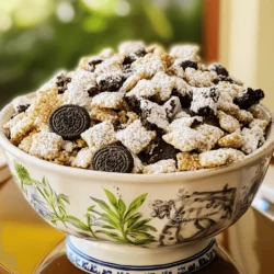- 9 cups rice Chex cereal - 1 cup cookies and cream chocolate chips - 1/2 cup creamy peanut butter - 1/4 cup unsalted butter - 1 teaspoon vanilla extract - 2 cups powdered sugar - 1 cup crushed Oreo cookies - If you want an alternative for peanut butter, try almond butter or sun butter. Both provide a nice flavor and texture. - For a dairy-free option, use coconut oil instead of unsalted butter. It works well and adds a hint of coconut. - You can swap rice Chex cereal for corn Chex or even gluten-free Chex if you need a gluten-free choice. Each will give a different taste and crunch. When making Cookies & Cream Puppy Chow, using the right ingredients is key. Each item plays a role in creating the perfect mix of flavors. You can also customize your puppy chow to fit your needs. This way, you can enjoy a tasty treat that fits your taste! - Gather your cooking tools: You need a large mixing bowl, a microwave-safe bowl, spatula, and a resealable plastic bag. - Prepare your workspace: Clear off your counter and make room for mixing and coating. - How to prepare the cereal: Start by adding 9 cups of rice Chex cereal to your large mixing bowl. Set it aside for now. - Steps for melting the chocolate mixture: In your microwave-safe bowl, combine 1 cup of cookies and cream chocolate chips, 1/2 cup of creamy peanut butter, and 1/4 cup of unsalted butter. Heat the mixture in the microwave for 30 seconds. Stir it well and repeat until it is completely melted and smooth, which takes about 1-2 minutes. - Methods for coating the cereal: Once melted, stir in 1 teaspoon of vanilla extract. Pour this smooth mixture over the rice Chex cereal. Use your spatula to gently stir until all pieces are evenly coated. - Checking consistency of the chocolate mix: Ensure the chocolate mix is smooth and fully melted. If it seems thick, heat it a bit more. - Ensuring even coating: Stir slowly and gently to make sure every piece of cereal gets a good coat of the chocolate mix. To make your Cookies & Cream Puppy Chow shine, think outside the bowl! Here are some fun ideas: - Cute Treat Bags: Fill small treat bags for parties. Add a fun tag for a personal touch. - Decorative Bowls: Serve in a large, colorful bowl. Top it with extra crushed Oreos for flair. - Mini Cups: Use small cups for individual servings. It's perfect for kids or gatherings. For drinks, pair it with milk or hot chocolate. The creaminess complements the flavors well. You could even serve it with coffee for an adult-friendly twist! To keep your puppy chow fresh, use the right containers: - Airtight Containers: Store puppy chow in airtight containers. Glass jars or plastic bins work great. - Cool, Dry Place: Keep it at room temperature away from sunlight. Avoid the fridge; it will get soggy. Your treat will stay fresh for up to a week. But let's be honest, it probably won't last that long! Sometimes, things don't go as planned. Here are a few quick fixes: - If it’s Too Dry: If your puppy chow feels dry, try adding a bit more melted peanut butter. Stir gently to combine. - Clumpy Mix: If the mix is clumpy, break it apart gently with your hands. You can also put it in a bag and shake it lightly. With these tips, your Cookies & Cream Puppy Chow will be a hit every time! {{image_2}} You can switch up the flavors in Cookies & Cream Puppy Chow easily. Try different flavored chocolates. For example, milk chocolate or white chocolate can add a fun twist. You can also mix in nuts or dried fruits. Almonds or raisins can give it a new texture and taste. Think about what you like and try it! Make your puppy chow special for holidays or events. For Halloween, add orange and black sprinkles for a festive look. For birthday parties, colorful sprinkles can make it fun and bright. Kids love these little touches! You can also package it in cute bags for gifts or party favors. If you want a lighter version, you can reduce the sugar. Use less powdered sugar or omit some of it. You can also choose whole grain cereals like whole wheat Chex. This choice adds fiber and makes it a bit healthier. Remember, you can enjoy treats while still keeping an eye on nutrition! Cookies & Cream Puppy Chow lasts up to one week. Store it in an airtight container. Keep it at room temperature. After a week, it may lose its crunch. It’s best enjoyed fresh! Yes, you can make this recipe gluten-free! Use gluten-free rice Chex cereal. This cereal is a great choice for gluten-free diets. Always check labels for other ingredients. Make sure the chocolate chips and Oreos are also gluten-free. The best way to serve Puppy Chow is in cute treat bags. This makes it easy for guests to grab a bag. You can also use a large decorative bowl. Add some extra crushed Oreos on top for flair. Serve with small cups for sharing! Detailed Cooking Timeline 1. Prep Time: Start by gathering all your ingredients. This takes about 15 minutes. 2. Melt the Chocolate Mixture: In a microwave-safe bowl, combine the cookies and cream chocolate chips, creamy peanut butter, and unsalted butter. Microwave this for 30 seconds. Stir well and repeat until it is smooth. This should take about 1-2 minutes total. 3. Add Vanilla: Once melted, stir in the vanilla extract. This step adds great flavor to your mix. 4. Coat the Cereal: Pour the melted mixture over the rice Chex cereal in a large mixing bowl. Gently stir until all pieces are coated. 5. Add Sugar and Cookies: In a large resealable plastic bag, mix together the powdered sugar and crushed Oreo cookies. Carefully add the coated cereal to the bag. Seal it tightly and shake until everything is coated evenly. 6. Cool and Store: Spread the mixture out on a baking sheet lined with parchment paper. Let it cool for a few minutes. Once cooled, store it in an airtight container at room temperature for up to a week. Serving Suggestions for the Finished Product Serve your Cookies & Cream Puppy Chow in cute treat bags for fun. You can also place it in a large bowl for sharing. For an extra touch, sprinkle some crushed Oreos on top. Enjoy this sweet treat at parties or just for a snack! In this blog post, we explored how to make Cookies & Cream Puppy Chow. We covered key ingredients, substitutes, and step-by-step instructions to help you succeed. You also gained tips for serving and storing, along with variations to keep it exciting. Remember, use this as a fun way to enjoy creativity in the kitchen. Experiment with flavors and relax. Your unique touch is what makes each batch special! Enjoy every crunchy bite!