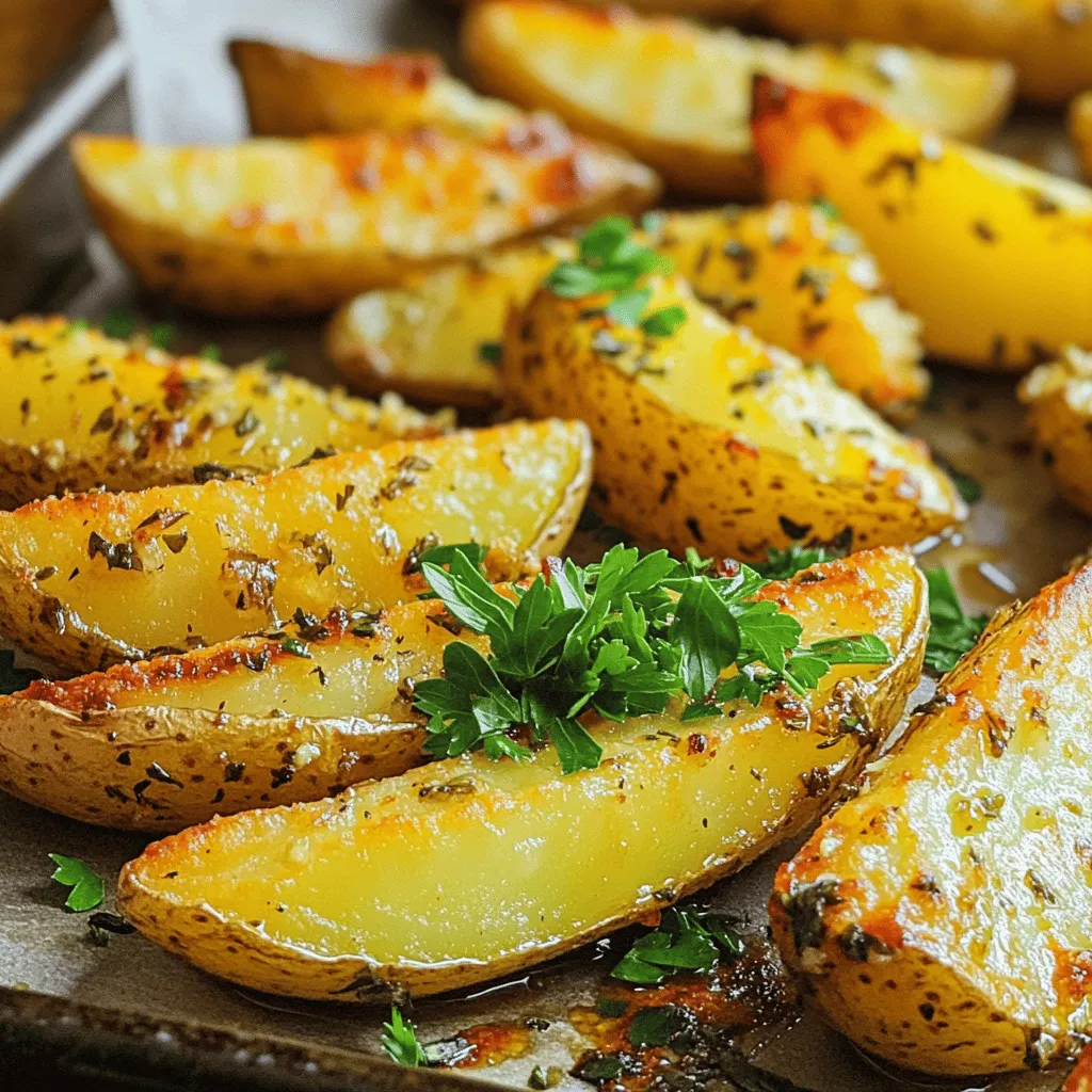 - 4 medium-sized russet potatoes - 4 tablespoons olive oil - 5 cloves garlic, minced - 2 teaspoons dried rosemary - 1 teaspoon dried thyme - 1 teaspoon paprika - Salt and pepper, to taste - Fresh parsley, chopped (for garnish) Gathering the right ingredients is key to making Garlic Herb Roasted Potato Wedges. Start with russet potatoes. They are starchy and turn crispy when roasted. You will need four medium-sized potatoes. Scrub them well to remove any dirt. Next, grab four tablespoons of olive oil. This oil will help the wedges crisp up and add flavor. You also need five cloves of garlic, minced. Garlic gives these wedges a strong taste that pairs well with the herbs. For the herbs, you will use dried rosemary and thyme. The rosemary adds a woodsy note, while thyme contributes a subtle earthiness. You will need two teaspoons of rosemary and one teaspoon of thyme. Then, gather your spices. One teaspoon of paprika will add color and flavor. Also, have salt and pepper on hand to taste. These two are essential for bringing out the flavors in your dish. Finally, fresh parsley is perfect for garnish. It adds a pop of color and a fresh taste. With all these ingredients ready, you can create a flavorful and crispy side dish that everyone will love! Start by preheating your oven to 425°F (220°C). This high heat helps the potato wedges turn golden brown and crispy. Always use oven mitts when handling hot trays. Safety first! In a large bowl, mix together 4 tablespoons of olive oil, 5 minced garlic cloves, 2 teaspoons of dried rosemary, 1 teaspoon of dried thyme, 1 teaspoon of paprika, and salt and pepper to taste. Stir until everything blends well. This mixture adds great flavor to the potatoes. Take 4 medium-sized russet potatoes, scrub them clean, and cut them into wedges. Add the potato wedges to the bowl with the garlic herb mixture. Toss the wedges until they are fully coated. This step is key for even flavor. Line a baking sheet with parchment paper. This makes cleanup easier. Spread the potato wedges out in a single layer on the baking sheet. Make sure they don’t touch. Proper spacing helps them cook evenly and get crispy. Place the baking sheet in your preheated oven. Roast for about 30-35 minutes. Halfway through, flip the wedges to ensure they brown on both sides. They should be golden and crispy when done. Once the wedges are cooked, remove them from the oven and let them cool for a couple of minutes. This helps them set and stay crispy. Before serving, garnish with freshly chopped parsley for a pop of color and flavor. Enjoy your flavorful potato wedges! For the best garlic herb roasted potato wedges, I love using russet potatoes. They have a high starch content, making them fluffy inside. You can also try Yukon Gold potatoes. They are creamy and add a nice flavor. Always pick firm potatoes without blemishes. This helps ensure your wedges turn out great. To get those perfect crispy edges, cut your potatoes into even wedges. Aim for about 1-inch thick pieces. This helps them cook evenly. Preheat your oven to 425°F (220°C). A hot oven is key! Spread the wedges in a single layer on your baking sheet. Avoid crowding them. Flip the wedges halfway through roasting for even browning. This gives you that golden, crispy finish. While the garlic and herbs shine, adding extras can make it fun. Try some chili powder for a kick. If you love cheese, sprinkle some parmesan on top before baking. You could also serve them with dips like ranch or spicy mayo. Fresh herbs like dill or chives can brighten the dish. Don’t be afraid to mix and match flavors! {{image_2}} To give your potato wedges a kick, add chili powder or cayenne pepper. Start with a small amount, like 1 teaspoon, and adjust to your taste. Mix this spice into the garlic herb blend before tossing the wedges. This adds heat and depth to every bite. You’ll love the extra flavor and warmth that spice brings! For a rich and savory twist, sprinkle on some parmesan or cheddar cheese. After you toss the potato wedges in the garlic herb mix, add 1/2 cup of shredded cheese. Make sure to mix it in well. The cheese will melt and create a crispy layer on top. This makes for a delightful, cheesy experience with every wedge. Using fresh herbs can elevate your dish even more. Instead of dried rosemary and thyme, use fresh ones. You’ll need about three times the amount of fresh herbs. Chop them finely and mix them into the garlic oil blend. Fresh herbs bring vibrant flavors and aromas that dried herbs cannot match. Feel free to experiment with herbs like oregano or basil for new tastes. To store leftover garlic herb roasted potato wedges, place them in an airtight container. Make sure they cool down before sealing. Refrigerate them for up to three days. Keeping them in a single layer helps prevent sogginess. If you have a lot, use multiple containers to avoid stacking. To reheat wedges and keep them crispy, preheat your oven to 400°F (200°C). Spread the wedges on a baking sheet in a single layer. Bake them for about 10-15 minutes. This method helps them regain their crunch. You can also use an air fryer for even crispier results. Set it at 350°F (175°C) for around 5-7 minutes. If you want to freeze your potato wedges, first let them cool completely. Lay them flat on a baking sheet and freeze for about an hour. Once frozen, transfer them to a freezer bag. Remove as much air as possible. They can last up to three months in the freezer. To reheat, bake them straight from the freezer at 425°F (220°C) for about 25-30 minutes. Yes, you can prepare these potato wedges ahead. Cut the potatoes and soak them in cold water. This helps to keep them fresh and stops browning. You can store them in the fridge for up to 24 hours. When you are ready, simply dry the wedges and toss them in the garlic herb mixture. Then, roast as usual. This makes it easy to enjoy a tasty side dish any day. These potato wedges pair well with many main dishes. You can serve them with grilled chicken or steak. They also go great with fish or burgers. If you want a lighter meal, try them with a fresh salad. For a fun twist, dip them in ranch dressing, ketchup, or garlic aioli. The flavors blend nicely with these wedges. To make these wedges healthier, reduce the oil used. You can cut the olive oil in half and still get great flavor. Another option is to use an air fryer instead of roasting. This uses less oil and keeps the wedges crispy. You can also add more herbs and spices for flavor without extra calories. Enjoying a tasty dish can be healthy, too! You learned how to make Garlic Herb Roasted Potato Wedges from start to finish. We covered the right ingredients and steps to get perfect flavor and crunch. I shared tips to choose the best potatoes and ideas for adding spice or cheese. Remember, you can store and reheat these wedges easily. Enjoy shaping this recipe to your taste! Now, you can impress family or friends with your cooking skills. Dive into your kitchen, and have fun creating these delicious wedges.