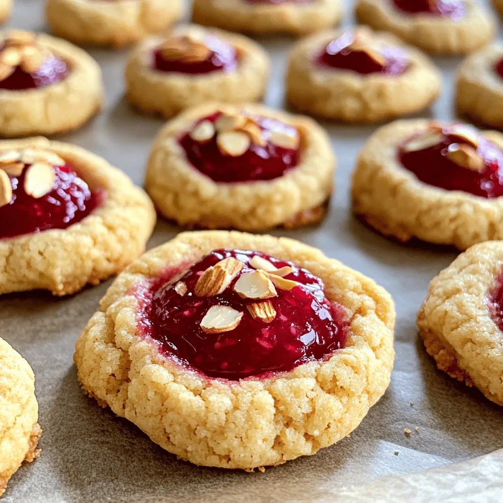 - 1 cup unsalted butter, softened - 1/2 cup granulated sugar - 1/2 cup brown sugar, packed - 1 large egg - 2 teaspoons vanilla extract - 1 teaspoon almond extract - 2 cups all-purpose flour - 1/2 teaspoon baking powder - 1/4 teaspoon salt - 1/2 cup raspberry jam - Sliced almonds for garnish Each ingredient plays a key role in making these cookies special. The unsalted butter gives the cookies a rich, creamy taste. Using both granulated and brown sugars gives the cookies a nice balance of sweetness and depth. The egg binds everything together and adds moisture. Vanilla and almond extracts give a lovely flavor that makes these cookies stand out. Flour provides the structure, while baking powder helps them rise just right. Salt brings out the sweetness and balances the flavors. Raspberry jam is the star, adding a fruity burst. Finally, sliced almonds give a nice crunch and look great on top. If you need to change things up, here are some easy swaps. You can use salted butter if you don't have unsalted. Just skip the added salt in the recipe. For a lower-sugar option, try using coconut sugar instead of brown sugar. If you want a nut-free version, skip the almond extract and sliced almonds. You can use any jam you like, such as strawberry or apricot. Just remember, each swap will change the flavor a bit, so choose what you love! Start by preheating your oven to 350°F (175°C). This temperature gives the cookies a nice golden edge. While the oven heats, grab a baking sheet and line it with parchment paper. This step helps prevent sticking and makes cleanup easy. In a large bowl, add 1 cup of softened unsalted butter, 1/2 cup of granulated sugar, and 1/2 cup of brown sugar. Mix these together until light and fluffy. This process adds air and makes your cookies soft. Then, beat in 1 large egg, 2 teaspoons of vanilla extract, and 1 teaspoon of almond extract. Mix until everything is well combined. In another bowl, whisk together 2 cups of all-purpose flour, 1/2 teaspoon of baking powder, and 1/4 teaspoon of salt. Gradually add this dry mix to your wet mix. Stir until a soft dough forms. Next, scoop out portions of dough using a tablespoon. Roll each into a ball and place them on the lined baking sheet. Leave about 2 inches between each ball. Now, use your thumb or the back of a measuring teaspoon to press down in the center, making an indent. Fill each indent with raspberry jam, but don’t overfill it. A little jam goes a long way! Sprinkle sliced almonds around the jam for a nice crunch. Now, it’s time to bake. Place the sheet in the preheated oven and bake for 12-14 minutes. Look for a lightly golden edge. Once done, let the cookies cool on the baking sheet for a few minutes. Then, move them to a wire rack to cool completely. Enjoy your baking adventure! To get the best cookie texture, use softened butter. This helps combine the sugars well. Cream the butter and sugars until they are light and fluffy. This step is key. Use a gentle hand when mixing in the flour. Overmixing can make the cookies tough. Make sure to chill the dough for about 30 minutes if you want thicker cookies. The jam is what makes these cookies special. Use quality raspberry jam for the best flavor. When forming the cookie indents, be gentle. If you press too hard, the cookies may break. Fill the indents with just the right amount of jam. Too much jam can spill over while baking. Let the cookies cool on the sheet for a few minutes. This helps them firm up. After that, transfer them to a wire rack. It allows the air to circulate around them. Store the cookies in an airtight container to keep them fresh. They stay good for about a week. If you want to keep them longer, freeze them. Just layer them with parchment paper to prevent sticking. {{image_2}} You can switch the raspberry jam for other flavors. Strawberry, apricot, or even blueberry jam work great. Each option brings a new taste to your cookies. Try mixing in different jams for fun. A tart flavor can balance the sweet cookie base. Your family and friends will love the surprises! Sliced almonds add a nice crunch. But you can use other nuts too. Chopped walnuts or pecans give a different flavor. You could also try hazelnuts for a richer taste. If you want a nut-free option, use seeds like sunflower or pumpkin seeds. They add texture without the nuts. To make these cookies gluten-free, swap all-purpose flour for a gluten-free blend. Make sure the blend has xanthan gum for best results. For a vegan version, replace butter with coconut oil or vegan butter. Use a flax egg instead of an egg. Mix 1 tablespoon of flaxseed meal with 2.5 tablespoons of water, then let it sit. These changes keep the cookies tasty and friendly for more diets. To keep your raspberry almond thumbprint cookies fresh, use an airtight container. Place parchment paper between layers to avoid sticking. Store the cookies at room temperature. This helps to keep them soft and chewy. You can freeze these cookies for later enjoyment. First, let them cool completely. Then, place them in a single layer on a baking sheet. Freeze for about an hour until firm. After that, transfer the cookies to a freezer bag. Remove as much air as possible. They will stay fresh for up to three months. Raspberry almond thumbprint cookies last about one week at room temperature. If you store them in the fridge, they may last a bit longer. Always check for any signs of spoilage. Look for changes in texture or smell. Enjoy your cookies while they are still tasty and fresh! Yes, you can use other nuts if you prefer. Chopped walnuts or pecans work well. They add great flavor and crunch. Just make sure to chop them small. This way, they fit nicely in your cookie. You still get that tasty nutty bite. To prevent spreading, chill the dough before baking. After you form the dough balls, place them in the fridge for about 30 minutes. Cold dough holds its shape better. Also, make sure to follow the recipe's measurements closely. Too much butter can lead to flatter cookies. Yes, you can make these cookies ahead of time. You can prepare the dough, shape it, and freeze it. Just wrap the dough tightly in plastic wrap. When you're ready to bake, thaw the dough in the fridge overnight. Bake as usual for fresh cookies anytime. To warm up leftover cookies, use an oven or microwave. If using an oven, preheat it to 350°F (175°C). Place the cookies on a baking sheet for about 5 minutes. This will make them soft again. If using a microwave, heat them for 10-15 seconds. Enjoy the warm, gooey centers! This blog post covered everything you need to bake perfect cookies. We explored the essential ingredients and their roles. Each step, from prepping to baking, was outlined clearly. Tips and tricks helped perfect your cookies' texture and flavor. You can try different jams or make adjustments for special diets. For storage, we discussed keeping them fresh. Keep these tips in mind for delicious results every time. Happy baking!