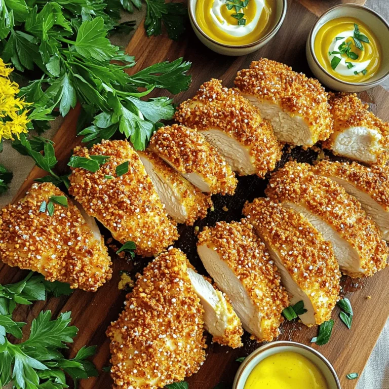 To make air fryer pretzel crusted chicken, you need: - 2 large chicken breasts - 1 cup pretzel crumbs (crushed pretzels) - ½ cup all-purpose flour - 2 large eggs - 1 teaspoon garlic powder - 1 teaspoon onion powder - 1 teaspoon paprika - Salt and pepper to taste - Cooking spray These ingredients form the base for a crispy and juicy chicken dish. The pretzel crumbs give it a delightful crunch. The spices add flavor that makes each bite enjoyable. You can add some fun to your meal with these: - Mustard dip - Cheese dip These dips are perfect for enhancing the flavors of the chicken. They add a tangy or creamy touch that many people love. If you don't have some items, here are easy swaps: - Use whole wheat flour instead of all-purpose flour for a healthier option. - If you can't find pretzel crumbs, crushed cornflakes work great too. - For a spice kick, add cayenne pepper to the flour mix. These substitutions still keep the dish tasty and enjoyable. Adjusting ingredients lets you make this meal fit your pantry. Start by getting your chicken breasts ready. Rinse them under cold water and pat them dry with paper towels. This helps the coating stick better. Next, slice each breast in half horizontally for quicker cooking. You want them to be even in size. This step is key for great results. Now, let’s set up the breading station. In one bowl, mix flour with garlic powder, onion powder, paprika, salt, and pepper. This adds great flavor. In a second bowl, whisk two eggs until they blend well. In the third bowl, pour in the pretzel crumbs. These will give your chicken a crunchy crust. Take each chicken piece and coat it in the flour mix first. Shake off any extra flour. Then, dip it into the egg, letting the excess drip off. Finally, roll it in the pretzel crumbs. Press gently so the crumbs stick well. This three-step process ensures a perfect crust. Preheat your air fryer to 400°F (200°C). Once it's hot, spray the basket lightly with cooking spray. Lay the coated chicken in the basket without letting them touch. This helps them cook evenly. Cook the chicken for about 12-15 minutes. Flip them halfway for even crispiness. Check that they reach an internal temperature of 165°F (75°C) and have a golden color. After cooking, let the chicken rest for a couple of minutes before slicing. This keeps it juicy inside. Enjoy! To get a crisp crust, use crushed pretzels. They add great texture. Make sure to press the pretzel crumbs onto the chicken. This ensures they stick well during cooking. A light spray of cooking oil helps, too. It promotes even browning and adds extra crunch. Many people forget to preheat their air fryer. This step is key for a crispy finish. Another mistake is overcrowding the basket. Keep the chicken pieces in a single layer. This allows hot air to circulate, cooking them evenly. Lastly, don’t skip the resting time after cooking. This lets the juices settle, keeping the chicken moist. You can boost flavor with spices. Try adding cayenne pepper for heat or Italian herbs for an extra kick. If you love garlic, increase the garlic powder amount. You can even mix in some grated cheese with the pretzel crumbs. This adds a rich taste that complements the chicken perfectly. Use mustard or cheese dip for serving to enhance the overall experience. {{image_2}} You can change the flavor of your pretzel-crusted chicken in fun ways. Try using panko breadcrumbs for a lighter crunch. Instead of pretzels, crushed tortilla chips also work well. For spice lovers, add cayenne pepper to your flour mix for a kick. You can even switch the seasonings. Try adding Italian herbs or lemon zest for a fresh twist. Serving pretzel-crusted chicken can be as fun as making it. Slice the chicken and arrange it on a wooden board. Small bowls of mustard or cheese dip make great additions. You can also serve it on a bed of greens for a hearty salad. If you want a fun meal, serve it in a sandwich with your favorite toppings. The right side dishes can make your meal even better. Try pairing the chicken with crispy fries or sweet potato wedges for a classic combo. A fresh salad with vinaigrette adds a nice touch. Roasted veggies, like carrots or Brussels sprouts, balance the meal too. For a creamy side, consider mac and cheese or coleslaw. After cooking, let the chicken cool to room temperature. Place the chicken in an airtight container. You can keep it in the fridge for up to three days. If you want to keep it longer, consider freezing it. To reheat, preheat your air fryer to 350°F (175°C). Place the chicken in the basket. Heat for about 5-7 minutes. This keeps the chicken crispy on the outside and juicy inside. You can also use an oven if needed. To freeze, wrap each piece in plastic wrap. Then place them in a freezer bag. Make sure to remove as much air as possible. The chicken can last up to two months in the freezer. When ready to eat, thaw it in the fridge overnight before reheating. Yes, you can use chicken thighs. Thighs add more flavor and stay juicy. They cook well in the air fryer. Just make sure to adjust the cooking time. Thighs may need a few extra minutes. Check the internal temperature to be safe. It should reach 165°F (75°C). You have many fun options to serve with this dish. Here are a few ideas: - Fresh salad for a crisp bite. - Roasted vegetables for a healthy side. - French fries for a classic pairing. - Creamy mac and cheese for comfort. - Dipping sauces like mustard or cheese dip. Each option adds flavor and makes the meal complete. To check if the chicken is cooked, use a meat thermometer. Insert it into the thickest part of the chicken. The safe internal temperature is 165°F (75°C). If you don’t have a thermometer, look for these signs: - The juices run clear, not pink. - The chicken is golden brown on the outside. - The meat feels firm and not soft. These tips help ensure your chicken is safe to eat. This post covered essential ingredients and step-by-step cooking methods for pretzel-crusted chicken. I shared tips to achieve the perfect crunch and avoid common mistakes. You can explore different coatings and serving ideas to make it fun. For storage, I detailed how to keep your leftovers fresh and tasty. Remember, cooking should be enjoyable. Use your creativity and try variations. Happy cooking!