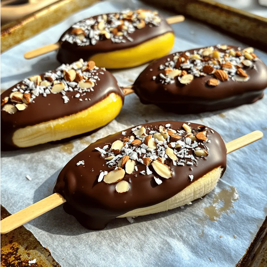 - 3 ripe bananas - 1 cup dark chocolate chips - 2 tablespoons coconut oil - 1/4 cup crushed nuts (e.g., almonds or walnuts) - 1/4 cup shredded coconut - Popsicle sticks - Microwave-safe bowl - Baking sheet - Parchment paper You will need three main ingredients for your Chocolate Covered Banana Pops. Ripe bananas are a must. They give a sweet taste and soft texture. Next, grab one cup of dark chocolate chips. They melt well and add a rich flavor. Coconut oil is your last main ingredient. It helps the chocolate melt smoothly. For toppings, you can get creative! Use crushed nuts like almonds or walnuts for a nice crunch. Shredded coconut adds a tropical twist. Choose your favorites to make your pops special. You will also need some simple equipment. Get popsicle sticks to hold the banana halves. A microwave-safe bowl is key for melting the chocolate. A baking sheet lined with parchment paper makes cleanup easy. With these ingredients and tools, you are ready to make a fun treat! - Peel and cut 3 ripe bananas in half. - Insert a popsicle stick into the flat end of each half. Next, make sure the stick goes in well. This will help you hold the pops later. - Line a baking sheet with parchment paper. - Arrange the banana pops on the sheet. - Freeze for 30 minutes until firm. Freezing makes the bananas cold and easy to dip in chocolate. - Combine 1 cup of dark chocolate chips and 2 tablespoons of coconut oil in a microwave-safe bowl. - Heat in the microwave in 30-second intervals, stirring in between. Stir until the chocolate is smooth. This keeps the chocolate from burning. - Take the frozen banana pops out of the freezer. - Dip each banana into the melted chocolate, covering it fully. - Let excess chocolate drip off. - Sprinkle toppings like crushed nuts or shredded coconut while the chocolate is still wet. Using toppings adds crunch and flavor. Get creative with what you like! - Place the coated pops back on the baking sheet. - Freeze until the chocolate hardens, about 30 minutes. This step makes sure the chocolate stays solid and ready to eat. Enjoy your tasty treat! When making chocolate covered banana pops, the type of banana matters. Choose ripe bananas. They are sweeter and softer. Unripe bananas may be too firm and lack flavor. Aim for medium-sized bananas. They fit well on sticks and are easy to coat. Melt your chocolate carefully. Combine dark chocolate chips and coconut oil in a bowl. Heat in the microwave for 30 seconds. Stir between heats until smooth. This keeps the chocolate even and glossy. Dip each banana pop quickly to coat fully. Let the excess chocolate drip off before adding toppings. Make your pops look fun! Serve them on a colorful plate. You can also stick them in a cup of rice or sand for a fun display. Try placing them in a tall glass. This way, they stand upright and look tasty. Add sprinkles or extra toppings for more color. Enjoy how they brighten up any party! {{image_2}} You can make these banana pops even more fun! Try adding peanut butter or almond butter to your melted chocolate. This gives a rich and nutty taste. Just mix a spoonful of nut butter into the chocolate before dipping the bananas. You can also switch to white chocolate instead of dark chocolate. This will give the pops a sweet and creamy twist. Both options add unique flavors that make each bite special. Toppings can change the look and taste of your pops. You can use different nuts like peanuts, pecans, or cashews. Each nut adds a crunch and flavor. You can also sprinkle on dried fruits like raisins or cranberries for a chewy texture. If you want something colorful, add sprinkles! They make the pops fun and festive. Mix and match your toppings to find your favorite combination. Want to make these banana pops fit your diet? You can easily make them vegan! Just choose a dairy-free chocolate. Check the label to be sure. You can also make them gluten-free. The main ingredients are naturally gluten-free, but always verify your toppings. These options let everyone enjoy these tasty treats without worry. To keep your chocolate covered banana pops fresh, wrap them tightly in plastic wrap. You can also use an airtight container. Place them in the freezer. This method helps prevent freezer burn. For the best taste, eat them within two weeks. After that, the flavor may fade. You can re-freeze chocolate covered banana pops, but it's not ideal. When you re-freeze, the texture may change. They might become mushy or lose their crunch. The chocolate coating may also lose its shine. To keep them best, avoid re-freezing if you can. Chocolate covered banana pops make great gifts! To wrap them, use colorful cellophane or treat bags. Tie with a ribbon for a nice touch. They are perfect for parties, birthdays, or holidays. Everyone loves a sweet treat, and these pops are a fun way to share joy! Chocolate covered banana pops last about two months in the freezer. After that, they may lose taste and texture. To keep them fresh, store them in an airtight container or wrap them tightly. This helps prevent freezer burn and keeps them delicious. Yes, you can use different types of chocolate. Milk chocolate gives a sweeter taste, while dark chocolate offers a rich flavor. White chocolate adds a creamy touch. Each type changes the flavor and texture. Experiment to find your favorite! Chocolate covered banana pops can be a healthy snack. Bananas provide potassium and fiber. Dark chocolate has antioxidants. However, watch the toppings you choose. Adding too many nuts or sugars can increase calories. Balance is key for a healthy treat! If your chocolate isn’t melting smoothly, it may be overheated. Try reducing the microwave time to 15 seconds. Stir between each interval. Adding a touch of coconut oil can help create a smoother dip. Patience is important when melting chocolate. Yes, you can make chocolate covered banana pops ahead of time. Prepare them and freeze them for later. Just be sure to store them properly. This way, you always have a fun treat ready to enjoy! This guide shows you how to make delicious chocolate-covered banana pops. You learned about the key ingredients, tools, and clear steps. We also explored fun toppings, tasty variations, and storage tips. These banana pops are simple and fun to make for any occasion. Enjoy experimenting with flavors and presentations. Remember, these treats are not only tasty but can also be healthy. Try making them today for a sweet and satisfying snack!