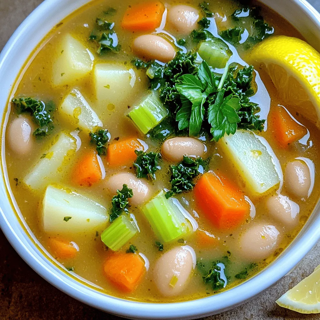 - 2 cups cooked cannellini beans (or one 15-ounce can, rinsed and drained) - 1 tablespoon olive oil - 1 onion, finely chopped - 2 cloves garlic, minced - 2 carrots, diced - 2 celery stalks, diced - 1 large potato, peeled and diced - 4 cups vegetable broth - 1 teaspoon dried thyme - 1 teaspoon dried rosemary - 1 bay leaf - Salt and pepper to taste - 2 cups kale, chopped (stems removed) - Juice of 1 lemon - Fresh parsley, chopped for garnish I love using cannellini beans for this soup. They are creamy and add a nice texture. You can use dried beans, but canned beans save time. Just rinse them first. For the vegetables, you need onion, garlic, carrots, celery, potato, and kale. Each vegetable brings its own flavor. The onion and garlic form a solid base. Carrots and celery add sweetness. The potato makes it hearty, while kale adds a lovely green touch. You also need vegetable broth. This adds depth to the soup. Fresh herbs like thyme and rosemary make it fragrant. Don't forget the bay leaf; it enhances the taste as it cooks. For flavor, use salt and pepper to taste. A splash of lemon juice brightens it up at the end. Finally, fresh parsley adds color and freshness when serving. Gather these ingredients, and you're ready to make a warm and comforting bowl of Tuscan white bean soup! - In a large pot, heat 1 tablespoon of olive oil over medium heat. - Add 1 finely chopped onion and 2 minced garlic cloves. Sauté for about 5-7 minutes. - Next, toss in 2 diced carrots and 2 diced celery stalks. Cook until they soften. - Now, add 1 large peeled and diced potato. Stir and cook for 2-3 minutes. - Finally, add 2 cups of cooked cannellini beans, or one 15-ounce can, rinsed and drained. - Pour in 4 cups of vegetable broth. Add 1 teaspoon of dried thyme, 1 teaspoon of dried rosemary, and 1 bay leaf. - Bring the pot to a boil, then reduce the heat. Let it simmer for 20 minutes. - After 20 minutes, remove the bay leaf. Use a potato masher to mash some beans for a creamier texture. - Stir in 2 cups of chopped kale, stems removed. Cook for an additional 5 minutes. - Season the soup with salt, pepper, and the juice of 1 lemon. - Serve hot, garnished with fresh chopped parsley. Enjoy this rich and tasty soup! To make your Tuscan White Bean Soup shine, timing is key. Sauté your onions, garlic, carrots, and celery for about 5-7 minutes. This softens them and builds a great base. After adding potatoes and beans, simmer for 20 minutes. This lets the flavors blend well. For extra flavor, you can add fresh herbs like basil or oregano. A pinch of red pepper flakes can add a nice kick. Don't forget to adjust salt and pepper to your taste. You can create creaminess without using cream. After simmering, use a potato masher to mash some beans. This thickens the soup while keeping it healthy. If you like your soup chunkier, add more beans or veggies. For a smoother texture, blend a portion of the soup. Just remember to leave some whole beans for that delightful bite! This soup pairs well with crusty bread or a fresh salad. A simple green salad adds a nice crunch. For garnishes, sprinkle fresh parsley on top. You can also add a drizzle of olive oil for extra flavor. Lemon zest can brighten the dish, too. Enjoy your delicious creation! {{image_2}} If you can't find cannellini beans, you have options. Great alternatives are great northern beans or navy beans. Both provide a nice texture and flavor. You can use lentils for a different twist, too. For vegetables, feel free to swap in what you have. Zucchini or bell peppers add a fresh taste. You can also try sweet potatoes for a slight sweetness. To make this soup gluten-free, ensure your broth is labeled gluten-free. Most vegetable broths are, but check the label. You can use gluten-free pasta if you want added texture. For vegetarian or vegan versions, just skip any meat. This soup is already rich in flavor from the beans and veggies. Use olive oil as your fat source, and you’re all set. Using seasonal vegetables makes this soup even better. In summer, try fresh tomatoes or corn for a bright flavor. In winter, root vegetables like parsnips or turnips work well. You can also adjust your herbs. In winter, use dried herbs like thyme and rosemary. In summer, fresh basil or parsley can brighten up the dish. This soup is versatile and can change with the seasons to keep it fresh and exciting. To keep your Tuscan white bean soup fresh, store it in an airtight container. Make sure the soup cools to room temperature first. - Refrigerating leftovers: The soup stays good in the fridge for about 3 to 4 days. Keep it covered to prevent drying out. - Freezing tips: For longer storage, freeze the soup in freezer-safe bags or containers. It can last up to 3 months in the freezer. Be sure to leave some space in the container. Soup expands when frozen. When it's time to enjoy your soup again, reheating is simple. - Methods for reheating: You can use a pot on the stove or a microwave. Heat it gently to avoid burning. Stir the soup as it warms to help it heat evenly. - Refresh with additional ingredients: Add a splash of vegetable broth or a bit of lemon juice while reheating. This enhances the flavors and keeps it fresh. Understanding the shelf life of your soup helps avoid waste. - Expected duration: In the fridge, your soup lasts about 3 to 4 days. In the freezer, it can last up to 3 months. - Signs of spoilage: Look out for off smells, strange colors, or mold. If something seems off, it’s best to throw it away. Always trust your senses! What can I substitute for vegetable broth? If you don't have vegetable broth, you can use water. You can also use chicken broth for a richer flavor. Just keep in mind that this will change the soup's taste. Can I add meat to Tuscan White Bean Soup? Yes, you can add meat! Cooked sausage or diced chicken work well. Just sauté them with the veggies at the start. This will give the soup extra flavor. Health benefits of white beans and kale White beans are packed with protein and fiber. They help keep you full and support digestion. Kale is rich in vitamins A, C, and K. It also has antioxidants that are good for your health. Caloric content and serving size information One serving of this soup is about one cup. Each serving has around 200 calories. This makes it a healthy option for lunch or dinner. Recommended pots and utensils for the recipe A large pot is best for making this soup. A sturdy wooden spoon will help you stir the ingredients well. A potato masher is great for mashing some beans to create a creamy texture. Best practices for cleaning and maintaining cooking tools After cooking, wash your pot and utensils with warm, soapy water. Avoid using harsh scrubbers to keep them in good shape. Dry them well to prevent rusting. This blog post covered the key ingredients and steps to make a delicious Tuscan White Bean Soup. We discussed how to sauté the veggies, simmer the broth, and add final touches for flavor. You also learned tips for perfecting taste, adjusting texture, and exploring variations. For a comforting soup, focus on quality ingredients and fresh veggies. Experiment with your preferences, and don't hesitate to make it your own. Enjoy the warmth and nourishment this dish brings to your table!
