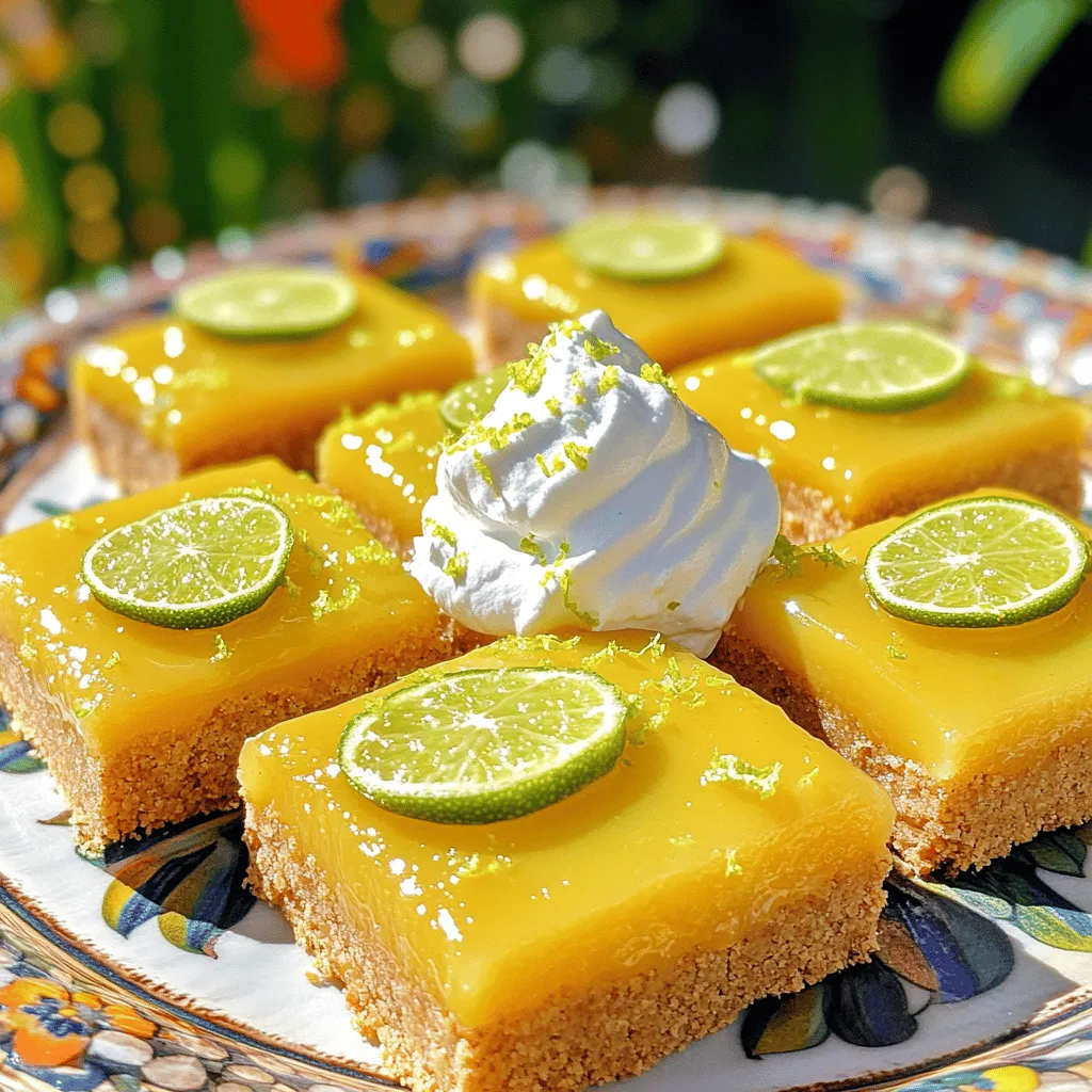To make these tasty key lime pie bars, you will need: - 1 ½ cups graham cracker crumbs - ½ cup unsalted butter, melted - ⅓ cup granulated sugar (for crust) - 2 cups sweetened condensed milk - ½ cup freshly squeezed key lime juice - 3 large egg yolks - 1 tablespoon key lime zest - ¼ teaspoon salt These ingredients blend together to create a creamy filling with a crunchy crust. To make your key lime pie bars even better, consider adding: - Whipped cream for topping - Lime slices for garnish These simple toppings add a lovely touch and enhance the look of your bars. If you need to swap some ingredients, here are a few ideas: - Use digestive biscuits instead of graham crackers for the crust. - Try coconut cream as a dairy-free option in place of sweetened condensed milk. - Lemon juice can work if you can't find key lime juice. These substitutions still keep the bars delicious while fitting your needs. Start by preheating your oven to 350°F (175°C). This step is key for even baking. Next, grease an 8x8-inch baking pan with butter or cooking spray. This will help your bars release easily after baking. In a medium bowl, mix 1 ½ cups of graham cracker crumbs with ½ cup of melted unsalted butter and ⅓ cup of granulated sugar. Stir until the crumbs are fully coated. Press this mixture firmly into the bottom of your greased baking pan. Bake the crust for about 10 minutes, or until it turns golden brown. Let it cool completely before adding the filling. In a separate bowl, whisk together 2 cups of sweetened condensed milk, ½ cup of freshly squeezed key lime juice, 3 large egg yolks, 1 tablespoon of key lime zest, and ¼ teaspoon of salt. Mix until the filling is smooth and well combined. This mixture will give your bars that zesty and creamy flavor. Pour the key lime filling over the cooled crust, smoothing the top with a spatula. Place the pan back in the oven and bake for 15-20 minutes. The filling should be set, with slightly puffed edges. It’s okay if the center is a bit jiggly. This ensures a creamy texture. Once baked, remove the pan from the oven and let it cool at room temperature. After cooling, refrigerate the bars for at least 2 hours. Chilling helps the bars firm up and makes them easier to cut. When ready to serve, cut into squares and top with whipped cream and a slice of lime for a refreshing finish. To get the best texture for your Key Lime Pie Bars, focus on your filling. Whisk the sweetened condensed milk, key lime juice, egg yolks, zest, and salt until smooth. This step is key. A smooth filling helps create a creamy bar. After baking, let the bars cool at room temperature. Then chill them in the fridge for at least two hours. This waiting time makes the bars set up well. Many home cooks make simple mistakes. One common mistake is overbaking the bars. Bake them just until the edges puff slightly. The center should still jiggle a bit. Another mistake is not cooling the crust enough before adding the filling. Make sure your crust is cool. This helps keep the bars from getting soggy. Lastly, don't skip the refrigeration time. Chilling the bars ensures they hold their shape when cut. Presentation adds fun to your dessert. Cut the bars into even squares for a nice look. Place them on a beautiful platter. You can sprinkle extra lime zest on top for color. A dollop of whipped cream adds a creamy touch. For a final touch, add a lime slice on each bar. This makes them pop and look inviting. Remember, we eat with our eyes first! {{image_2}} You can make gluten-free key lime pie bars easily. Just switch regular graham crackers for gluten-free ones. Look for brands made with almond flour or coconut flour. Use the same amount as in the recipe. Your crust will still taste great and hold together well. To make vegan key lime pie bars, replace the egg yolks with silken tofu. Blend the tofu until smooth and creamy. You can also use coconut cream instead of sweetened condensed milk. This change keeps the pie bars creamy and delicious without using dairy or eggs. You can add fun flavors to your key lime pie bars. Try mixing in some coconut or a bit of ginger for a spicy kick. You can also use different citrus fruits like blood orange or lemon for a unique twist. These small changes can make your dessert stand out and surprise your guests. To keep your key lime pie bars fresh, store them in an airtight container. Use a shallow container to hold the bars without stacking them. This method keeps the whipped cream topping nice and fluffy. If you have leftovers, place a piece of wax paper between the layers. This prevents sticking and helps maintain texture. You can freeze these bars if you want to save some for later. First, let them cool completely. Then, cut them into squares. Wrap each square in plastic wrap, followed by aluminum foil. This double wrapping helps avoid freezer burn. When you're ready to enjoy, thaw them in the fridge overnight for the best taste. These key lime pie bars last for about 3 to 4 days in the fridge. If stored properly, they can last up to 2 months in the freezer. Always check for any changes in texture or smell before eating. This ensures you enjoy them at their best. Key limes are smaller and rounder than regular limes. They have a unique taste that is more tart and aromatic. The juice from key limes is bright and bold, which is perfect for desserts. Regular limes can work, but they will change the flavor. Key limes give your pie bars that classic taste you crave. Yes, you can make Key Lime Pie Bars ahead of time. They taste great after chilling in the fridge. You can prepare them a day before serving. Just make sure to store them in an airtight container. This keeps them fresh and tasty for when you are ready to enjoy them. You can tell the bars are done when the edges are set and slightly puffed. The center may still jiggle a bit, which is okay. When you take them out of the oven, they will firm up as they cool. A toothpick inserted in the middle should come out mostly clean. You can find pre-made Key Lime Pie Bars at some bakeries and grocery stores. Look for them in the dessert section. Some stores also sell them in the freezer aisle. If you are in a hurry, you can check local shops or order them online. You learned the key steps to make tasty Key Lime Pie Bars. We went over essential ingredients, making the crust, and preparing the filling. Tips for success and fun variations will help you impress. Always store your bars properly to keep them fresh. Enjoy making these delicious treats and sharing them with friends and family. Remember, baking is fun and rewarding. Try these tips, and you’ll create bars everyone loves!