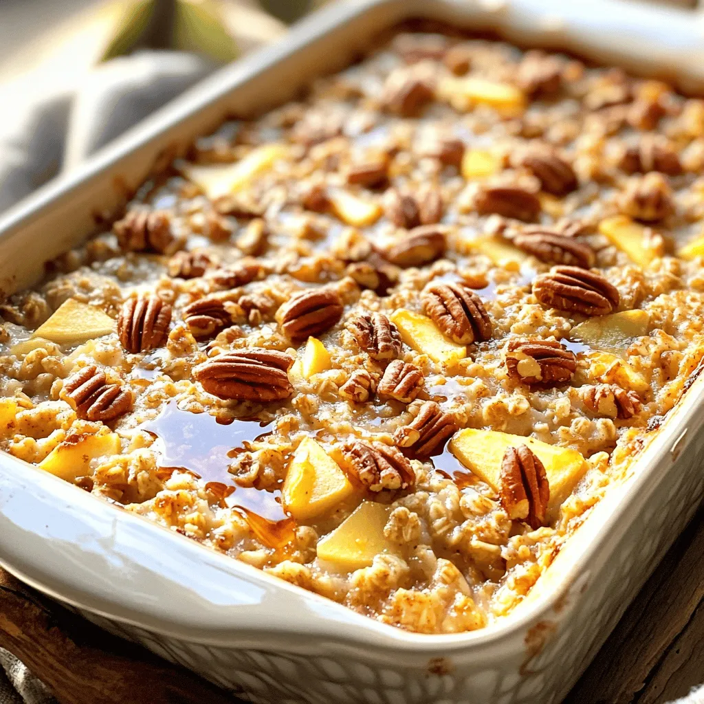 To make Maple Pecan Baked Oatmeal, you need simple, wholesome ingredients. Here’s what you will need: - 2 cups rolled oats - 1 cup milk (dairy or non-dairy) - 1/2 cup maple syrup - 1/2 cup chopped pecans - 1/4 cup brown sugar - 1 teaspoon vanilla extract - 1 teaspoon baking powder - 1/2 teaspoon salt - 1 teaspoon cinnamon - 2 large eggs - Optional additions: - 1/2 cup diced apples - 1/4 cup raisins or dried cranberries These ingredients come together to create a warm, sweet breakfast. The oats provide a hearty base, while maple syrup adds sweetness. Pecans give a nice crunch and flavor. You can also add apples or dried fruit for extra taste and nutrition. The beauty of this recipe is its flexibility; you can mix and match ingredients to suit your taste. Enjoy the process of gathering these items and preparing a dish that warms the soul! First, set your oven to 350°F (175°C). This step is key. While it heats, grab an 8x8 inch baking dish. Lightly grease it with butter or oil. This will keep your oatmeal from sticking. In a large bowl, add 2 cups of rolled oats. Then, include 1 teaspoon of baking powder, 1/2 teaspoon of salt, and 1 teaspoon of cinnamon. Mix these dry ingredients well. This helps the flavors blend together. Take another bowl and whisk together 1 cup of milk, 1/2 cup of maple syrup, 1/4 cup of brown sugar, 1 teaspoon of vanilla extract, and 2 large eggs. Whisk until everything is smooth. This mixture adds sweetness and moisture. Pour the wet mixture into the dry ingredients. Stir gently until all the oats are coated. If you want to add fruit, fold in 1/2 cup of diced apples and 1/4 cup of raisins or dried cranberries at this point. Next, fold in 1/2 cup of chopped pecans. Remember to save some pecans for later! Spread the oatmeal mix evenly in the baking dish. Top it with the reserved pecans. Bake for 30-35 minutes. You want the top to be golden brown. The center should feel set. Once done, let it cool for a few minutes. Then, slice it into squares or scoop it into bowls. For a tasty look, serve your baked oatmeal warm. Drizzle extra maple syrup on top. You can add a sprinkle of chopped pecans for crunch. A dollop of Greek yogurt or a splash of milk adds creaminess. These toppings make your dish feel special. Pair your oatmeal with fresh fruits. Sliced bananas, berries, or apples work great. Nuts like walnuts or almonds can also enhance the flavor. These pairings make breakfast fun and filling. You can change the nuts in this recipe. Try using walnuts, almonds, or even hazelnuts. If you have nut allergies, use seeds like pumpkin or sunflower seeds instead. For dairy alternatives, swap milk with almond milk or oat milk. This keeps the dish creamy while being friendly to different diets. You can also use a flax egg if you want a vegan option. Just mix one tablespoon of flaxseed meal with three tablespoons of water. Let it sit for a few minutes to thicken. Baking time is key for great texture. Bake the oatmeal for 30 to 35 minutes. Check if the top is golden brown and the center is set. If it jiggles too much, give it a few more minutes. Let it cool for a few minutes before cutting. This helps the squares hold their shape. You want each slice to be easy to serve and eat. {{image_2}} You can easily make this recipe nut-free. Just skip the pecans. Instead, add seeds like pumpkin or sunflower. These seeds provide crunch and nutrition. You can also try coconut flakes for a fun twist. This version tastes good, and it’s safe for those with nut allergies. Want to add more flavor? Diced fruits work great! Try mixing in 1/2 cup of diced apples or berries. You can also add 1/4 cup of raisins or dried cranberries. The fruits make the oatmeal sweet and juicy. It brings a burst of flavor to every bite. For a gluten-free option, use certified gluten-free oats. They will ensure your meal stays safe for those avoiding gluten. All other ingredients are naturally gluten-free, so no need to change them. This way, you enjoy a tasty breakfast that fits your diet. You can store Maple Pecan Baked Oatmeal in the fridge. First, let it cool down to room temperature. Then, cut it into squares. Place the squares in an airtight container. This will keep it fresh for about five days. If you want to enjoy it later, just grab a piece whenever you crave it. To freeze Maple Pecan Baked Oatmeal, follow these steps. Allow it to cool completely. Cut it into squares and wrap each piece tightly in plastic wrap. Then, put the wrapped pieces in a freezer-safe bag. You can freeze it for up to three months. Make sure to label the bag with the date. This way, you won’t forget about your tasty treat. To reheat your oatmeal, take it out of the fridge or freezer. If it’s frozen, let it thaw in the fridge overnight. For reheating, place a piece in the microwave. Heat it for about 30-60 seconds. Check if it's warm enough. You can also add a splash of milk for creaminess while reheating. Enjoy your warm and cozy breakfast! Yes, you can make this oatmeal ahead of time. Prepare the mixture the night before and place it in the fridge. This helps the oats soak up the liquid. In the morning, just bake it straight from the fridge. It saves time and makes breakfast easier. To store leftovers, let the baked oatmeal cool completely. Cut it into squares and place them in an airtight container. You can keep it in the fridge for about five days. For longer storage, freeze individual squares. Just wrap them well in plastic wrap and then foil. This keeps them fresh for up to three months. Yes, you can use other sweeteners if you prefer. Honey, agave syrup, or brown sugar work well. Just adjust the amount based on your taste. Each sweetener has a different level of sweetness, so start with less and add more if needed. This post explained how to make Maple Pecan Baked Oatmeal. We covered key ingredients, step-by-step instructions, and helpful tips. You learned about storage methods and how to customize your dish. In final thoughts, this recipe is versatile. You can adjust it to fit your taste. Whether you prefer fruits or nuts, make it your own. Enjoy the warmth and comfort of this easy baked oatmeal!