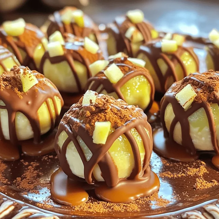 - 1 cup cream cheese - 1/2 cup powdered sugar - 1/2 cup finely chopped green apples - 1 teaspoon vanilla extract - 1/2 teaspoon cinnamon - 1 cup crushed graham crackers - 1/2 cup caramel sauce - 1 cup semi-sweet chocolate chips - 1 tablespoon coconut oil or shortening - extra caramel sauce - chopped apples - cinnamon flakes To make these Caramel Apple Cheesecake Truffle Bites, gather your ingredients first. You will need cream cheese, which gives a rich, smooth base. The powdered sugar adds sweetness and helps with texture. For the fruity flavor, use finely chopped green apples. The vanilla extract brings warmth, while cinnamon adds a cozy touch. Crushed graham crackers give a nice crunch and mimic a cheesecake crust. Caramel sauce is essential for that sweet, gooey element. Semi-sweet chocolate chips are perfect for coating the truffles, and a bit of coconut oil or shortening helps the chocolate melt smoothly. For a fun twist, consider optional garnishes. Extra caramel sauce drizzled on top looks great. Chopped apples can add a fresh, crunchy bite. A sprinkle of cinnamon flakes gives a nice finish. This mix of ingredients creates a delightful treat that everyone will love. With these basics in hand, you are ready to create a dessert that is both fun and delicious. - Beat cream cheese until smooth. - Incorporate powdered sugar. - Mix in apples, vanilla, and cinnamon. Start by taking your cream cheese and placing it in a large mixing bowl. Use a hand mixer to beat the cream cheese until it is smooth and creamy. This step is crucial for a perfect texture. Next, gradually add the powdered sugar while mixing. This helps sweeten the cream cheese and creates a nice base for the truffles. Once fully combined, stir in the finely chopped green apples, vanilla extract, and cinnamon. These ingredients add a fresh and warm flavor to your truffles. Mix until everything is well-blended. - Add graham crackers and fold in. - Form truffle balls and freeze. Now it’s time to bring in the graham crackers. Add them to your mixture and gently fold them in. This gives the truffles a nice crunch and ties the flavors together. Once combined, use a cookie scoop or your hands to form small balls, around one inch in diameter. Place these on a parchment-lined baking sheet. After that, pop the tray into the freezer for at least 30 minutes. This helps the truffles hold their shape and makes them easier to coat in chocolate. - Melt chocolate and coconut oil. - Dip truffles and allow excess chocolate to drip. - Drizzle with caramel sauce. While the truffles are freezing, melt your chocolate chips and coconut oil together. Use a microwave-safe bowl, heating in 30-second intervals, stirring until smooth. This is key for a shiny chocolate coat. Once melted, take the truffles out of the freezer. Dip each one into the melted chocolate, ensuring it's fully coated. Use a fork to lift them out, letting any excess chocolate drip off. Place them back on the parchment-lined sheet. For the final touch, drizzle caramel sauce over the top of each truffle. This adds a sweet finish. Finally, return the truffles to the fridge for about 15 minutes to let the chocolate set completely. - Always use softened cream cheese. This makes mixing easier and smoother. - Choose high-quality chocolate for coating. It makes a big difference in taste. - Arrange the truffle bites on a decorative platter. This makes them look fancy. - Garnish with cinnamon and chopped apples. This adds color and extra flavor. {{image_2}} You can change up the flavor of your truffle bites in fun ways. First, try using different apple varieties. Each type of apple has a unique taste. Granny Smith offers a tart kick, while Fuji or Honeycrisp adds sweetness. Don’t be afraid to mix and match! Next, experiment with flavored chocolate. You can use dark or white chocolate. Dark chocolate gives a rich, bold flavor. White chocolate adds a sweet creaminess. Both options taste great with the apple and caramel. If you need gluten-free options, choose gluten-free graham crackers. They work just as well in this recipe and keep the taste intact. For a vegan version, look for cream cheese made from plants. Many brands offer tasty vegan cream cheese that works perfectly. This way, everyone can enjoy these truffle bites! To keep your caramel apple cheesecake truffle bites fresh, refrigerate them. Place the truffles in an airtight container. This will help prevent them from drying out or absorbing odors. When stored this way, they last up to a week. If you want to enjoy these truffles later, freezing is a great option. First, place the truffles on a baking sheet and freeze them until firm. Once solid, transfer them to a freezer-safe bag. Remove as much air as possible before sealing. You can store them this way for up to three months. When you're ready to eat one, just thaw it in the fridge overnight. Enjoy the sweet taste of autumn anytime! How long do these truffles last? These truffles last about one week in the fridge. Store them in an airtight container. They stay fresh and tasty, so enjoy them within this time. Can I make them ahead of time? Yes, you can make these truffles a day or two ahead. Just keep them in the fridge. This makes for a great dessert for parties or gatherings. What can I substitute for cream cheese? You can use vegan cream cheese or Greek yogurt. These options will change the flavor and texture a bit, but they still work well in the recipe. Why are my truffles too soft? If your truffles are soft, they may need more chilling time. Try freezing them longer before coating. You can also add more crushed graham crackers for firmer bites. How do I fix a thick chocolate coating? If your chocolate coating is thick, add a little coconut oil. This will help it melt smoothly. Stir well until you reach a nice, smooth texture for dipping. These truffles combine cream cheese, apples, and rich chocolate for a tasty treat. You learned how to prepare, coat, and store them. You can customize flavors and keep them fresh for weeks. Try garnishing with caramel or cinnamon for added flair. Enjoy making these simple yet delicious truffles. They are perfect for any occasion and sure to impress!