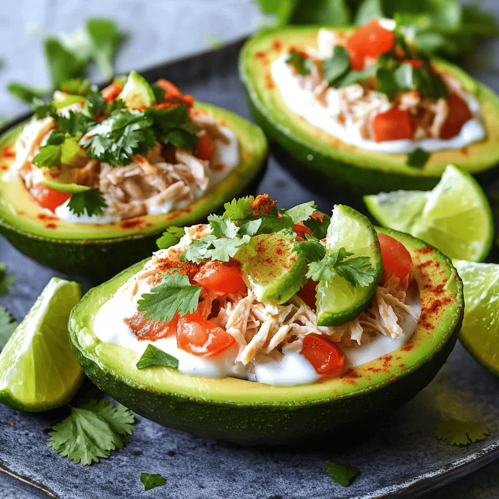 - 2 ripe avocados - 1 cup cooked chicken, shredded - 1/4 cup Greek yogurt - 1 tablespoon lime juice - 1 teaspoon chili powder - 1/2 teaspoon cumin - 1 small red onion, finely chopped - 1 small tomato, diced - 1/4 cup cilantro, chopped - Salt and pepper to taste - Lime wedges for serving The main players in this dish are the avocados and chicken. Avocados bring a creamy texture. They help balance the spices. Chicken adds protein and keeps our meal filling. Using Greek yogurt makes it creamy without much fat. Lime juice and chili powder bring bright, zesty notes. Cumin adds warmth and depth. Each serving has about 400 calories. You get healthy fats from the avocado. It also provides fiber, which is good for digestion. Chicken gives you protein, which helps build muscle. This dish is not just tasty; it’s also good for you. Eating avocados can lower bad cholesterol. They are full of vitamins and antioxidants. Chicken offers essential nutrients, making this meal both delicious and smart. To start, grab your ripe avocados. Cut each avocado in half. Use a sharp knife to cut through the skin, then twist to separate the halves. Remove the pit carefully with a spoon or a knife. Scoop out a little of the flesh from each half to make room for the filling. You can save this scooped avocado for later. Set the empty avocado halves aside. Next, we need to make the chicken filling. In a mixing bowl, add 1 cup of shredded chicken. I often use rotisserie chicken for quick prep. Then, add 1/4 cup of Greek yogurt and squeeze in 1 tablespoon of lime juice. Sprinkle in 1 teaspoon of chili powder and 1/2 teaspoon of cumin. Toss in the finely chopped red onion and diced tomato. Finally, fold in 1/4 cup of chopped cilantro. Mix everything well. Don't forget to season with salt and pepper to taste. Now, it’s time to fill the avocados. Mash the reserved avocado flesh with a fork until creamy. Gently fold this into the chicken mixture to combine. Take your avocado halves and generously fill each one with the chili lime chicken mixture. For a nice touch, sprinkle extra cilantro on top for garnish. Squeeze fresh lime juice over the stuffed avocados to add extra zing. This dish not only looks good but also tastes amazing! Enjoy each bite of this tasty delight. - Using rotisserie chicken for ease: This saves time and adds great flavor. You get juicy, seasoned chicken without any extra work. Just shred it, and you are ready to go. - Ensuring avocado is ripe: A ripe avocado feels slightly soft when you press it. If it’s too hard, it won’t scoop well. If it’s too mushy, it may taste bad. - Serving suggestions: Place the stuffed avocados on a colorful plate. This adds a fun look. You can arrange lime wedges around the plate for a pop of color and flavor. - How to make a vibrant display: Use fresh cilantro to garnish the top of each avocado. This adds a nice green touch. You can also sprinkle a bit of chili powder for a dash of color and flavor. {{image_2}} You can swap chicken for turkey, shrimp, or tofu. Each option brings a unique taste. Turkey offers a leaner choice. Shrimp adds a nice seafood twist. Tofu makes the dish vegan and full of protein. Just make sure to season them well. You can use the same spices from the chicken mix. Want to amp up the flavor? Try adding cheese, spices, or toppings. A sprinkle of feta or shredded cheddar adds creaminess. You can also mix in jalapeños for a spicy kick. Other toppings like avocado slices or diced bell peppers can add crunch. Experiment to find what you love best! You can make this dish dairy-free or gluten-free with simple swaps. Use dairy-free yogurt instead of Greek yogurt. This keeps the creamy texture without the dairy. For gluten-free options, make sure to check all seasonings. Most are naturally gluten-free, but it's always good to double-check. Enjoy the dish without worries! To keep your chili lime chicken stuffed avocados fresh, follow these tips: - Best practices for avocado: Store leftover avocado halves in an airtight container. Squeeze some lime juice on the flesh. This helps slow down browning and keeps it looking fresh. - Storing filled versus empty avocados: If you have leftover filling, store it in a separate container. This keeps the avocado from getting soggy. If you have empty avocado shells, store them in the fridge, wrapped tightly. Reheating your chili lime chicken filling can be tricky. Here are the best methods to keep it tasty: - Microwave: Place the filling in a microwave-safe bowl. Heat in short bursts, stirring in between. This helps keep the texture nice and avoids overheating. - Stovetop: Heat a non-stick pan over low heat. Add the filling and stir gently. This method helps keep the flavors intact without making it dry. Use these tips to enjoy your chili lime chicken stuffed avocados even after the first serving! To pick ripe avocados, look for a few key signs: - Color: Choose dark green or black avocados. - Texture: Gently squeeze the avocado. It should feel slightly soft but not mushy. - Stem Check: Remove the small stem. If it’s green underneath, it’s ripe. If brown, it’s overripe. By following these tips, you can ensure your avocados are perfect for your stuffed dish. Yes, you can prep the filling a day ahead. - Chicken Mixture: Store it in the fridge in an airtight container. - Avocados: Cut them just before serving to keep them fresh. - Prep Time: Making the filling takes about 10 minutes. This makes it easy to enjoy later. Pair your stuffed avocados with these tasty sides: - Corn Salad: A fresh corn salad adds crunch and sweetness. - Chips and Salsa: Serve with tortilla chips for a fun crunch. - Quinoa or Rice: A side of quinoa or rice can make it a full meal. These options complement the flavors in the dish nicely. For the complete 🥑 Chili Lime Chicken Stuffed Avocado recipe, check here! In this blog post, we explored making chili lime chicken stuffed avocados. We covered tasty ingredients, preparation steps, and how to store leftovers. I shared tips for a great presentation and offered varied protein options. This dish is not only easy to make but also healthy and filling. You can customize it to fit your diet. Enjoying this recipe will foster creativity in your cooking. Serve it for any meal or gathering, and it will shine on your table.