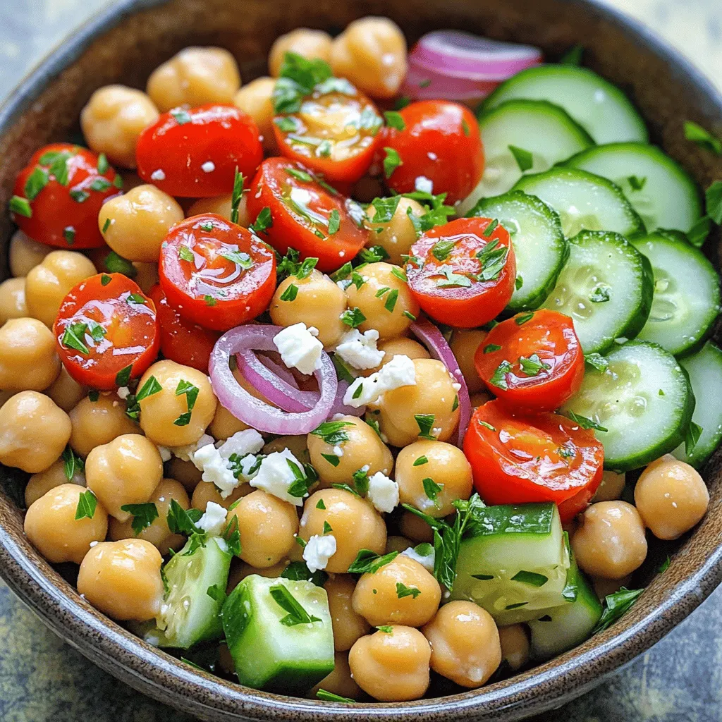 - 1 can (15 oz) chickpeas, drained and rinsed - 1 cup cherry tomatoes, halved - 1 cucumber, diced - 1/2 red onion, finely chopped - 1 red bell pepper, diced Fresh ingredients bring life to this salad. Chickpeas offer protein and fiber. The cherry tomatoes add sweetness. A cucumber brings crunch and coolness. Red onion gives a slight bite, while red bell pepper adds color and flavor. - 1/2 cup Kalamata olives, pitted and sliced - 1/2 cup feta cheese, crumbled - 3 tablespoons extra virgin olive oil - 3 tablespoons fresh lemon juice - 1 teaspoon dried oregano Kalamata olives add a briny taste. Feta cheese provides creaminess and tang. Olive oil is essential for richness. Fresh lemon juice brightens the dish. Dried oregano gives it that classic Mediterranean flavor. - Salt and pepper to taste - 3 tablespoons fresh parsley, chopped Salt and pepper are key to enhance every flavor. Fresh parsley adds a pop of green and freshness. These seasonings ensure your salad tastes balanced and delicious. First, rinse the chickpeas under cold water. This helps remove any extra salt. Drain them well to avoid a soggy salad. Next, chop your vegetables. Cut the cherry tomatoes in half. Dice the cucumber and red bell pepper into small pieces. Finely chop the red onion. The smaller the cuts, the better they mix. In a large bowl, combine the chickpeas, chopped vegetables, and sliced Kalamata olives. Then, add the crumbled feta cheese. This cheese adds a rich flavor that balances the salad. In a separate bowl, whisk together the lemon juice, olive oil, oregano, salt, and pepper. Mix until you have a smooth dressing. Pour the dressing over the salad mixture. Gently toss it all together. Make sure every piece gets coated with the dressing. Then, add the chopped parsley and give it one last toss. This adds a fresh touch. Let the salad rest for about 10-15 minutes. This waiting time helps the flavors blend and enhances the taste. Enjoy your vibrant Mediterranean chickpea salad! To make a great Mediterranean chickpea salad, keep the ingredient ratios balanced. For every can of chickpeas, use about a cup of veggies. This keeps your salad fresh and chunky. If you want to change things up, feel free to omit or swap ingredients. Don’t like olives? Use artichokes instead. Prefer different cheese? Try goat cheese for a tangy twist. This salad shines with simple sides. Pair it with pita bread for a filling meal. It also goes well with grilled meats or fish. For gatherings, serve it in a large bowl. Garnish with extra parsley or lemon slices to make it pop. Use a clear bowl to show off the colorful layers. Let your salad sit for 10 to 15 minutes before serving. This helps all the flavors blend well. If you want a stronger taste, marinate it longer, but don't exceed an hour. Adjust the dressing to fit your taste. Like it tangy? Add more lemon juice. Prefer it creamier? Increase the olive oil. {{image_2}} You can change the base of the salad for more texture. Try using quinoa or bulgur. Both grains add a nutty flavor and make the salad more filling. If you want a different cheese, goat cheese works well too. It adds creaminess and a tangy taste. Herbs can change the whole taste of your salad. Think about adding fresh mint or basil for a twist. They bring bright flavors that make the salad pop. You might also want extra protein. Adding grilled chicken or tuna makes the dish heartier. These options keep it satisfying and healthy. The vegetables you use can reflect the seasons. In summer, load up on fresh tomatoes and cucumbers. In winter, consider roasted veggies like butternut squash or brussels sprouts. This keeps the salad fresh and exciting all year long. You get a new taste with each season! To keep your Mediterranean chickpea salad fresh, store leftovers right away. Use airtight containers to seal in flavors and keep it crisp. Make sure the container is clean and dry before adding the salad. This helps prevent spoilage. For the best taste, eat the salad within three days. After that, the fresh ingredients might start to wilt. Always check for signs of spoilage. If the salad smells off or looks slimy, it’s best to toss it. You can freeze Mediterranean chickpea salad, but some ingredients may change texture. If you choose to freeze it, do not add the feta cheese or fresh veggies before freezing. When you’re ready to eat, thaw the salad in the fridge overnight. Mix it well again before serving to revive its flavor. You can boost the protein in this salad easily. Try adding grilled chicken breast, which adds great flavor. You can also use canned tuna or cooked beans. My favorites are black beans or kidney beans. These options mix well with the other ingredients. They also make the dish more filling and hearty. Yes, you can make this salad ahead of time! I often prepare it a day before serving. Just follow the recipe and store it in an airtight container. Keep it in the fridge until you are ready to eat. The flavors blend nicely over time. If you want the salad very fresh, add the parsley just before serving. Yes, you can make this salad vegan! Just skip the feta cheese, or use a vegan cheese alternative. For the dressing, replace the regular olive oil with a vegan-friendly oil. You can use lemon juice and herbs to keep the taste bright and fresh. This way, all can enjoy this tasty dish! This blog post covers the essentials to make a tasty Mediterranean chickpea salad. You learned about fresh and pantry ingredients, along with key seasonings. I shared step-by-step instructions, tips for perfecting the salad, and ways to customize it. Remember, this dish is versatile and easy to store. Whether you keep it simple or mix it up, you can enjoy vibrant flavors anytime. Embrace creativity in the kitchen and have fun with this salad!