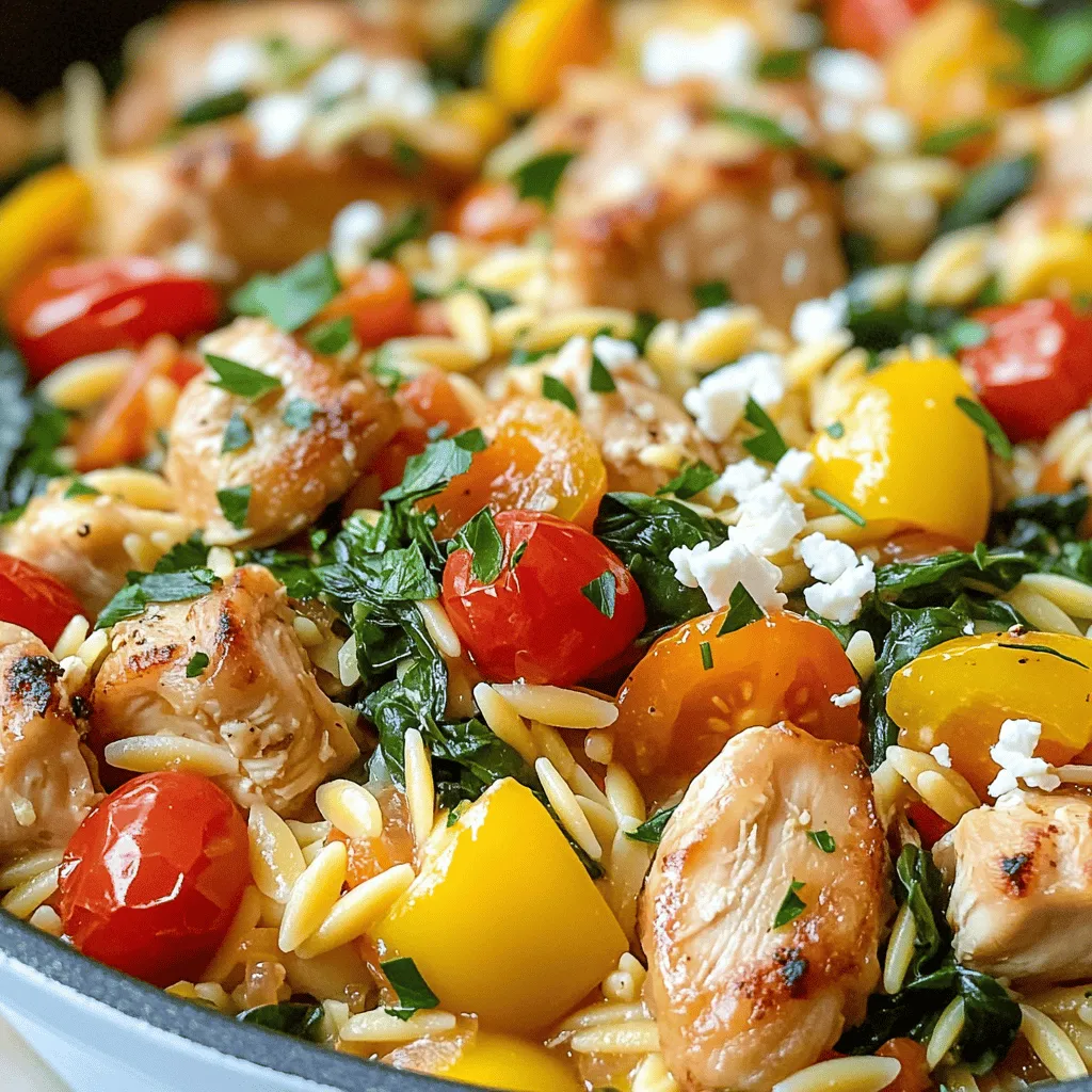 To make One-Pot Greek Chicken Orzo, gather these simple items: - 1 lb (450g) chicken thighs, boneless and skinless, diced - 1 cup orzo pasta - 2 tablespoons olive oil - 1 medium onion, diced - 2 cloves garlic, minced - 1 bell pepper (red or yellow), diced - 1 cup cherry tomatoes, halved - 1 cup spinach, chopped - 1 teaspoon dried oregano - 1 teaspoon dried thyme - 1 teaspoon paprika - 3 cups chicken broth - Salt and pepper to taste - ½ cup feta cheese, crumbled - Fresh parsley, chopped (for garnish) You can swap some ingredients for what you have on hand. For chicken, use boneless breasts or even chickpeas for a vegetarian option. Instead of orzo, try another small pasta like couscous or quinoa. If you lack fresh spinach, frozen spinach works fine. For a creamy touch, substitute feta with goat cheese or omit it for a dairy-free meal. Using fresh ingredients makes a big difference in flavor. Fresh vegetables add crunch and taste. They also provide nutrients that boost your health. Fresh herbs like parsley and oregano enhance the dish's aroma and flavor. When you use quality ingredients, your meal shines. It becomes not just food but an experience. First, heat 2 tablespoons of olive oil in a large pot over medium-high heat. Add 1 pound of diced chicken thighs. Season the chicken with salt, pepper, paprika, and half of the oregano and thyme. Cook the chicken for about 5-7 minutes. You want it golden brown on all sides. Once done, take the chicken out and set it aside. This step seals in the flavors and keeps the chicken juicy. In the same pot, add a diced medium onion and a diced bell pepper. Cook these for 3-4 minutes until they soften. Then, add 2 minced garlic cloves. Cook for another minute until you can smell the garlic. This adds a nice base flavor to your dish. Next, stir in 1 cup of orzo pasta. Toast the orzo for about 2 minutes while stirring. This step gives the pasta a nutty flavor. Now, pour in 3 cups of chicken broth. Add 1 cup of halved cherry tomatoes and the remaining oregano and thyme. Stir everything well to mix. Return the browned chicken to the pot. Bring the mixture to a gentle simmer. Cover the pot and reduce the heat to low. Cook for about 10-12 minutes. The orzo should be al dente and absorb most of the liquid. After that, stir in 1 cup of chopped spinach until it wilts, which takes about 2-3 minutes. Taste your dish and adjust the seasoning if needed. Finally, remove the pot from the heat and sprinkle ½ cup of crumbled feta on top. Garnish with chopped fresh parsley for a bright finish. Enjoy your delicious One-Pot Greek Chicken Orzo! To cook orzo just right, follow these steps: - Use plenty of broth. This helps the orzo absorb flavor. - Stir often while cooking. This prevents sticking and burning. - Taste the orzo near the end of cooking. It should be tender, but not mushy. If it's too firm, let it simmer a bit longer. Want to boost the taste of your dish? Here are some great ideas: - Add lemon juice. It brightens up the flavors. - Toss in some olives. They bring a salty kick. - Use fresh herbs. Basil or dill can elevate your meal. Mix these in at the end for the best flavor. Even the best cooks make mistakes! Here are some to watch out for: - Don't skip toasting the orzo. This adds a nice nutty flavor. - Avoid overcooking the chicken. It can become dry and tough. - Don't forget to season properly. Taste your dish as you go. These tips will help you create a successful One-Pot Greek Chicken Orzo that everyone will love! {{image_2}} You can easily make a vegetarian version of One-Pot Greek Chicken Orzo. Start by swapping out the chicken for chickpeas or lentils. These options add protein and fiber. Use vegetable broth instead of chicken broth. This keeps the dish flavorful without meat. You can also add more spinach or diced zucchini for a fresh touch. The feta cheese remains a great topping for added creaminess. Want to pack in more veggies? It’s simple! You can toss in diced carrots or mushrooms. Broccoli florets work well, too. Just add them when you cook the onions and peppers. This way, they soften nicely. If you like a bit of crunch, try adding some snap peas at the end. They will stay crisp and add color. If you want to change the protein, you have options. Try diced turkey or shrimp instead of chicken. Both will cook quickly and soak up all those tasty flavors. For a heartier feel, use sausage or ground beef. Just be sure to cook it fully before adding the orzo. Each protein brings its unique taste, so feel free to experiment. Store your leftover One-Pot Greek Chicken Orzo in an airtight container. Let it cool down first. You can keep it in the fridge for up to three days. If you want to save it longer, consider freezing it. To reheat, place the orzo in a pot over low heat. Add a splash of chicken broth or water. Stir often until heated through. You can also use a microwave. Heat in short bursts, stirring in between, until warm. For freezing, use a freezer-safe container. Make sure to leave some space at the top. This allows for expansion. It can last in the freezer for up to two months. When ready to eat, thaw it overnight in the fridge before reheating. Yes, you can use whole grain orzo in this recipe. Whole grain orzo adds fiber and nutrients. It has a chewier texture than regular orzo. You may need to cook it a bit longer. Check package directions for timing. This swap makes the dish heartier and healthier. If you want a different protein, try chicken breasts or turkey. Both work well in this dish. For a meat-free option, use chickpeas or tofu. Cut tofu into cubes and sauté it like the chicken. Each option brings its own flavor to the meal. To make this dish gluten-free, use gluten-free orzo pasta. Many stores sell it now. Be sure to check the label for gluten-free certification. You can also use quinoa or rice as alternatives. Both will cook differently, so adjust the liquid and cooking time as needed. This post walked you through each part of creating a tasty dish. You learned about essential ingredients and how to make swaps. We also covered tips for cooking and common mistakes to avoid. Variations allow you to customize the recipe to suit your needs. Finally, proper storage helps keep leftovers fresh. In the end, making this dish is simple with fresh items and good techniques. Enjoy your cooking adventure!
