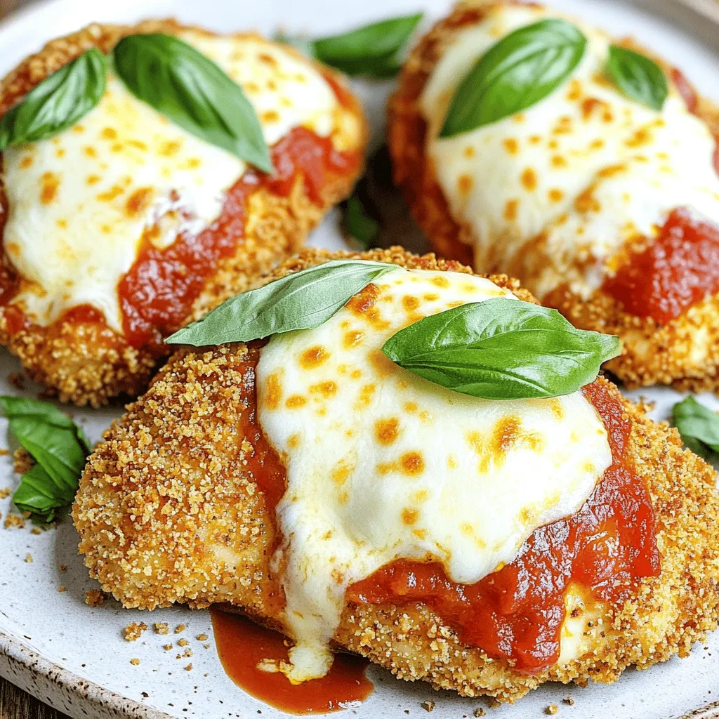 - Chicken Breasts: 4 boneless, skinless - Breadcrumbs: 1 cup (whole wheat recommended) - Grated Parmesan Cheese: ½ cup - Marinara Sauce: 1 cup (homemade or store-bought) - Italian Seasoning: 1 teaspoon - Garlic Powder: 2 teaspoons - Onion Powder: 1 teaspoon - Eggs: 2 large - Olive Oil: 2 tablespoons - Shredded Mozzarella Cheese: 1 cup - Fresh Basil: for garnish (optional) - Salt and Pepper: to taste To make baked chicken parmesan, gather these ingredients first. The chicken breasts should be boneless and skinless. This helps keep the dish simple and tender. Whole wheat breadcrumbs add a nice crunch and flavor. Grated Parmesan cheese gives a salty kick. Marinara sauce, whether homemade or store-bought, brings moisture and taste. Italian seasoning adds a herbal touch. Garlic and onion powder enhance the overall flavor. Eggs help the coating stick. Olive oil is key for crispiness. Shredded mozzarella cheese melts beautifully on top. Fresh basil can brighten the dish if you choose to add it. Make sure to have salt and pepper on hand to enhance your dish. With these ingredients, you will create a delicious and satisfying meal. - Step 1: Preheat Oven Set your oven to 400°F (200°C). This heat will crisp the chicken well. - Step 2: Prepare Egg Mixture In a shallow bowl, whisk together 2 eggs. This will help the coating stick. - Step 3: Prepare Breadcrumb Mixture In another bowl, mix 1 cup of breadcrumbs, ½ cup of grated Parmesan, 1 teaspoon of Italian seasoning, 2 teaspoons of garlic powder, 1 teaspoon of onion powder, and salt and pepper. Stir it well. - Step 4: Dipping the Chicken Take a chicken breast and dip it into the egg mixture. Make sure it is fully coated. - Step 5: Bread the Chicken Breasts Transfer the chicken to the breadcrumb mixture. Press gently so the crumbs stick well. Repeat this for all chicken breasts. - Step 6: Place Chicken in the Oven Lay the breaded chicken on a greased baking sheet. Drizzle 2 tablespoons of olive oil over each piece. - Step 7: Add Marinara and Cheese After baking for 25 minutes, take the chicken out. Spoon 1 cup of marinara sauce over each piece. Then, sprinkle 1 cup of shredded mozzarella cheese on top. - Step 8: Final Baking & Garnishing Bake the chicken for another 5-7 minutes. Wait until the cheese is melted and bubbly. Remove from the oven and let it cool. Add fresh basil on top if you like. - Using Olive Oil for Crust Drizzling olive oil on the chicken helps it crisp up. This oil gives the breadcrumbs a nice golden color. It also adds flavor. Make sure to coat each piece well. - Adjusting Oven Rack Position Place your oven rack in the middle. This helps the chicken cook evenly. If you want extra crispiness, move the rack higher for the last few minutes. Just watch it closely to avoid burning. - Presentation Suggestions Serve your chicken on a bed of spaghetti. This makes a lovely display. You can also pair it with a fresh garden salad. A colorful plate looks great and tastes even better. - Drizzling Marinara for Enhanced Flavor Spoon some marinara sauce over the chicken before serving. This boosts the flavor and keeps the chicken moist. A drizzle of extra sauce adds a nice touch, too. - Storing Leftovers Place any leftovers in an airtight container. This keeps the chicken fresh for up to three days. Store it in the fridge to prevent spoilage. - Best Methods for Reheating Reheat the chicken in the oven for the best results. Set it to 350°F (175°C) for about 10-15 minutes. This way, it stays crispy and warm. You can also use a microwave, but the crust may lose some crunch. {{image_2}} You can easily make baked chicken parmesan healthier. Here are two simple swaps: - Whole Wheat Breadcrumbs: Whole wheat breadcrumbs add more fiber. They also give a nice nutty taste. You can find them in most stores or make your own by blending whole wheat bread. - Low-Fat Cheese Options: Choosing low-fat cheese cuts down on calories. You still get that creamy texture and flavor. Look for low-fat mozzarella and parmesan for a lighter dish. To change up the flavor, consider these ideas: - Adding Spices or Herbs: You can mix in spices like paprika or cayenne for heat. Fresh or dried herbs like oregano and thyme can add depth too. Experiment to find your favorite mix! - Alternative Sauces: While marinara is classic, try pesto or Alfredo sauce. Each gives a new twist to this dish. You might discover a new favorite that your family loves! If you have special dietary needs, here are some options: - Gluten-Free Version: Use gluten-free breadcrumbs instead of regular ones. This keeps the dish safe for those with gluten allergies. Check the label to ensure they are certified gluten-free. - Vegan Substitutions: For a vegan option, replace chicken with eggplant or tofu. Use vegan cheese and egg substitutes like flaxseed meal. This way, everyone can enjoy a tasty meal! - Serving Size: One chicken breast with sauce and cheese. - Macronutrient Count: - Protein: 37g - Fat: 18g - Carbohydrates: 28g Each serving provides a good balance of protein, fats, and carbs. This makes it a satisfying meal. - Health Benefits of Chicken: Chicken is a great source of lean protein. It helps build muscles and keeps you full longer. It also provides essential vitamins like B6 and niacin, which support energy and metabolism. - Benefits of Whole Wheat vs. Regular Breadcrumbs: Whole wheat breadcrumbs add more fiber than regular ones. Fiber aids digestion and helps you feel full. Plus, whole wheat has more nutrients, making your meal healthier. - Adaptations for Caloric Maintenance: If you're watching calories, cut the cheese or use less oil. You can also serve it with a side salad instead of pasta to lower calories. - Adjustments for Protein Intake: To boost protein, add more chicken or serve it with a side of beans or lentils. You could also use a higher protein cheese like cottage cheese in the recipe. Can I make Baked Chicken Parmesan ahead of time? Yes, you can prep Baked Chicken Parmesan ahead. Bread the chicken and store it in the fridge. Bake it when you are ready to eat. This keeps it fresh and tasty. What can I substitute for breadcrumbs? If you don’t have breadcrumbs, try crushed crackers or ground oats. Both alternatives give a nice crunch. You can also use panko for extra crispiness. How do I know when the chicken is fully cooked? Check the chicken with a meat thermometer. It should reach 165°F (74°C). The chicken should look white with no pink inside. Can this be made in an air fryer? Yes, you can make Baked Chicken Parmesan in an air fryer. Set it to 375°F (190°C) and cook for about 15-20 minutes. The chicken will be crispy and delicious. What side dishes go well with Baked Chicken Parmesan? Many side dishes pair well with Baked Chicken Parmesan. Consider serving it with spaghetti, a fresh salad, or garlic bread. These sides add flavor and make a full meal. What to do if the coating falls off? If the coating falls off, try pressing it back on before baking. You can also add an extra layer of marinara sauce to help it stick. How to avoid dry chicken? To keep chicken moist, don’t overcook it. Use a meat thermometer to check the temperature. You can also brine the chicken before using it for more flavor and moisture. Baked Chicken Parmesan is a simple yet delicious dish. We covered the essential ingredients, step-by-step cooking instructions, and key tips to ensure perfect results. Whether you choose healthier options or variations, you can make this meal fit your needs. Remember to store leftovers properly for the best taste. Enjoy creating a dish that not only satisfies your hunger but also delights your family. You can easily adapt this recipe to make it even more special!
