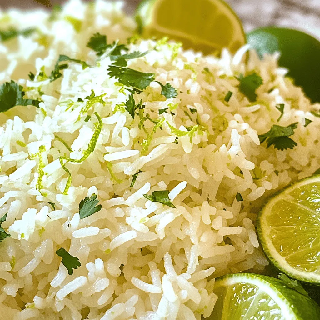 - 1 cup jasmine rice - 1 can (13.5 oz) coconut milk - 1 cup water - 1 lime (zested and juiced) Jasmine rice gives this dish a lovely aroma. It cooks up soft and fluffy. Coconut milk adds a rich, creamy texture and sweet flavor. The lime juice and zest bring a bright, tangy taste that cuts through the creaminess. - 1 tablespoon brown sugar - 1/2 teaspoon salt - Fresh cilantro, chopped (for garnish) The brown sugar adds a hint of sweetness. It balances the tangy lime and complements the coconut. Salt enhances all the flavors while ensuring the rice is tasty. Fresh cilantro adds a pop of color and a fresh taste. - Lime wedges - Pairing ideas with other dishes Serve this rice warm with lime wedges on the side. The wedges let guests add more lime as they like. This dish pairs well with grilled chicken, fish, or spicy curries. It also makes a great base for a veggie bowl. Enjoy exploring different combinations! To start, rinse the jasmine rice under cold water. Do this until the water runs clear. This step removes excess starch. It helps achieve fluffy rice that won’t clump together. Once rinsed, grab a medium saucepan. In the saucepan, combine the rinsed rice with the following ingredients: - 1 cup jasmine rice - 1 can (13.5 oz) coconut milk - 1 cup water - Zest of 1 lime - 1 tablespoon brown sugar - 1/2 teaspoon salt Stir these together until well mixed. Now it's time to cook. Place the saucepan over medium heat. Bring the mixture to a gentle boil. You will see bubbles forming. Once it starts boiling, reduce the heat to low. Cover the saucepan with a lid. Let it simmer for 15 to 18 minutes. The rice will absorb all the liquid and become tender. After the cooking time, remove the saucepan from heat. Let it sit, still covered, for an extra 5 to 10 minutes. This allows the rice to steam and become fluffier. After resting, take a fork and fluff the rice gently. This separates the grains for a light texture. Next, stir in the juice of one lime. This adds a zesty kick. You can also adjust the salt to your taste. Serve the coconut lime rice warm. Garnish with chopped cilantro and some lime wedges on the side. This adds extra flavor and a nice touch to the dish. Enjoy your delicious creation! To get fluffy rice, start by rinsing the jasmine rice. Rinse it under cold water until the water runs clear. This step removes extra starch and helps the rice stay light and fluffy. Next, watch your cooking time closely. I suggest simmering for about 15-18 minutes. You want the rice to absorb all the liquid. After cooking, let it sit covered for another 5-10 minutes. This steaming step makes the rice even fluffier. To boost flavor, try adding spices or herbs. A pinch of cumin or a bit of cilantro can add depth. If you like a sweeter taste, increase the brown sugar a bit. For more acidity, add extra lime juice. Taste as you go and adjust to your liking. These small changes can make your coconut lime rice truly special. Plating is key for a beautiful dish. Use a large spoon to mound the rice in the center of the plate. This gives it a nice shape. For garnish, sprinkle fresh cilantro on top. You can also add lime wedges for a pop of color. This not only looks great but also adds more flavor when served. A pretty plate makes the meal feel extra special! {{image_2}} You can switch up the rice type in this dish. Jasmine rice gives a fragrant touch, but basmati rice works too. It has a nutty flavor and a fluffy texture. If you want a healthier option, try brown rice. It takes longer to cook, so adjust the time. For non-dairy options, use coconut cream instead of coconut milk. This makes a rich and creamy rice. You can also try almond or soy milk for a lighter taste. Each swap offers a unique flavor. To make the rice even more exciting, add tropical fruits. Pineapple bits or mango chunks create a sweet contrast. You can also mix in coconut flakes for extra texture. Spices can change the entire flavor. Consider adding a pinch of cumin or a dash of chili powder. These spices give a warm and spicy kick to the rice. Experiment with what you like! Bowl presentations are a fun way to serve coconut lime rice. Layer it with grilled chicken or shrimp for a complete meal. You can add fresh veggies for extra color and crunch. Pairing the rice with proteins like fish or tofu enhances the dish. It also works great with stir-fried vegetables. The bright flavors of the rice balance well with savory proteins. Enjoy the creative ways to serve this tasty side! To store leftover coconut lime rice, let it cool first. Then, place it in an airtight container. This keeps it fresh and prevents drying. Coconut lime rice lasts about 3 to 5 days in the fridge. After that, it may lose flavor and texture. You can freeze coconut lime rice for later use. Scoop cooled rice into a freezer-safe bag. Remove as much air as possible to avoid freezer burn. It stays good in the freezer for about 2 months. When ready to eat, take it out and thaw it overnight in the fridge. For quick thawing, place the bag in cold water. To reheat coconut lime rice, use the stovetop or microwave. On the stovetop, add a splash of water to the rice and cover it. Heat it over low to medium heat, stirring often. This keeps the rice moist. In the microwave, place rice in a bowl, add a bit of water, and cover it. Heat in short bursts, stirring in between, until hot. This method helps keep its fluffy texture and vibrant flavor. I recommend using jasmine rice for Coconut Lime Rice. It has a soft and fragrant quality that pairs perfectly with coconut milk and lime. Jasmine rice cooks up fluffy and sticky, which is ideal for this dish. You can also use basmati rice, but it has a drier texture. Basmati rice offers a nutty flavor, while jasmine brings a subtle sweetness. If you want more aroma, choose jasmine rice. Yes, you can easily make Coconut Lime Rice vegan. Just use a plant-based brown sugar. Most brown sugars are vegan, but some may contain bone char. Make sure to check the label. Also, use vegetable broth instead of water for more flavor. This keeps the dish creamy and delicious without losing any essence. You can enjoy this tasty side dish with a vegan meal. To make more servings of Coconut Lime Rice, simply scale the ingredients. For each additional serving, add about 1/4 cup of rice. Keep the coconut milk and water ratios the same. For example, if you want to make 8 servings, use 2 cups of rice, 2 cans of coconut milk, and 2 cups of water. Adjust the lime juice and salt to taste. Make sure to use a larger pot to accommodate the extra rice. Coconut lime rice combines simple ingredients with easy steps to create joy. You learned about jasmine rice, coconut milk, and how lime brightens flavors. From seasoning with cilantro to easy serving ideas, this dish shines. Remember to store your leftovers well for later enjoyment. Feel free to explore variations to suit your taste. Cooking can be simple and fun, so enjoy every bite of this tasty rice dish.