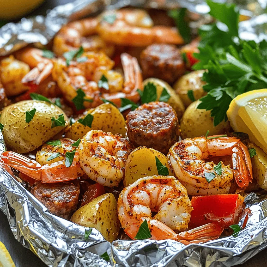Here are the ingredients for Cajun Shrimp & Sausage Foil Packs. Each item plays a role in creating a tasty dish. - 1 pound large shrimp, peeled and deveined - 1 pound smoked sausage, sliced (Andouille or your choice) - 2 cups baby potatoes, halved - 1 red bell pepper, diced - 1 yellow onion, diced - 3 cloves garlic, minced - 2 tablespoons Cajun seasoning - 2 tablespoons olive oil - 1 tablespoon lemon juice - Salt and pepper to taste - Fresh parsley for garnish Using fresh ingredients makes the flavors pop. The shrimp adds a sweet, juicy bite. Sausage gives a smoky depth, while potatoes add heartiness. The veggies bring color and crunch. Cajun seasoning makes the dish bold and unique. Olive oil and lemon juice help blend all the flavors together. You can easily adjust the recipe for your tastes. Swap out the sausage for chicken or tofu for a different protein. Use your favorite veggies for a personal touch. No matter what, this dish will shine on any table. - Preheat your grill to medium-high heat or your oven to 400°F (200°C). - In a large mixing bowl, combine the shrimp, sliced sausage, halved baby potatoes, diced bell pepper, minced garlic, and diced onion. I love starting with a hot grill or oven. It helps food cook evenly. For the mixture, I use fresh shrimp and sausage. It gives great flavor and texture. Halved baby potatoes add heartiness. The bell pepper and onion bring sweetness and crunch. Garlic adds a nice touch. - Tear off large sheets of aluminum foil (about 12x18 inches). - Divide the shrimp and sausage mixture evenly among the sheets, placing them in the center of each foil. - Fold the sides of the foil over the mixture and seal tightly to create packets, ensuring no steam can escape. Foil packs are fun to make! I like to use big sheets of foil. This helps hold all the tasty juices. Make sure to fold the sides well. You don’t want any steam to escape. This keeps everything moist and flavorful. - Place the foil packs on the grill or in the oven and cook for 20-25 minutes, or until the shrimp are pink and the potatoes are tender. - Carefully remove the foil packs from the grill or oven (they will be hot!). Open the packets, allowing steam to escape. - Garnish with freshly chopped parsley before serving. Cooking time is key here. I check for the shrimp to turn pink; that means they’re done. The potatoes should be tender too. When you open the packs, watch out for steam! It can be hot. Finally, a sprinkle of parsley makes it look great. Enjoy your meal! How to achieve perfect shrimp texture To get shrimp just right, cook them until they turn pink. This takes about 5-7 minutes. Overcooking can make shrimp tough. So, keep a close eye on them. Ensuring even cooking for potatoes Cut the baby potatoes in half to help them cook evenly. Toss them with the shrimp and sausage for better heat distribution. This way, they will be tender and full of flavor. Best ways to present the dish Serve the foil packs directly on a large platter. For a fun touch, unwrap them at the table. This makes for a great presentation. You can also add lemon wedges on the side for a burst of flavor. What to pair with Cajun shrimp & sausage foil packs These packs go well with a fresh salad or crusty bread. You can also serve rice or quinoa on the side to soak up the tasty juices. Recommended garnishes Chop fresh parsley and sprinkle it on top before serving. This adds a nice color and fresh taste. If you like a little heat, add sliced jalapeños or a dash of hot sauce. Additional seasoning options Feel free to mix in other spices like paprika or cayenne pepper. If you want extra depth, consider adding a splash of Worcestershire sauce. This can enhance the overall flavor of your dish. {{image_2}} You can change the protein in this dish easily. If you don’t like shrimp, try chicken or fish. You can use tofu for a tasty vegetarian option. For vegetables, you can mix and match. Try zucchini, corn, or asparagus. Each will bring a new twist to your foil packs. Get creative with whatever you have on hand. If you want to make your own Cajun seasoning, it’s simple. Mix these spices: - 1 tablespoon paprika - 1 teaspoon garlic powder - 1 teaspoon onion powder - 1 teaspoon cayenne pepper - 1 teaspoon dried oregano - 1 teaspoon thyme - Salt to taste You can adjust the spice level too. Add more cayenne for heat or less for a milder flavor. You can cook these foil packs in different ways. Grilling gives a smoky flavor, while the oven keeps it simple. Preheat your oven to 400°F (200°C) for a great bake. If you own an air fryer, this method works well too. Just set it to 400°F (200°C) and cook for about 15-20 minutes. This method makes the shrimp extra tender and juicy. To keep your Cajun shrimp and sausage foil packs fresh, follow these tips: - Refrigeration: Let the foil packs cool to room temperature. Then, transfer them to an airtight container. Store them in the fridge for up to 3 days. - Freezing: If you want to save leftovers for later, wrap the cooled foil packs tightly in plastic wrap. Then, place them in a freezer-safe bag. They can last up to 3 months in the freezer. To enjoy your leftover Cajun shrimp and sausage packs again, use these methods: - Oven: Preheat your oven to 350°F (175°C). Place the foil packs on a baking sheet and heat for about 15-20 minutes. This will warm them through without drying them out. - Microwave: If you need a quick option, place the foil pack on a microwave-safe plate. Heat for 2-3 minutes. Check that the shrimp are hot throughout. Cajun shrimp and sausage foil packs can sit in the fridge for about 3 days. After that, they may spoil. Watch for these signs: - Smell: If they smell off or sour, do not eat them. - Appearance: If you see any mold or unusual colors, toss them out. - Texture: If the shrimp feels slimy, it’s best to discard the pack. How do I know when the shrimp are done? You know shrimp are done when they turn pink and opaque. This takes about 5-7 minutes. If you see them curling up, that is another sign they are ready. Always check to ensure they are not overcooked, as they can become rubbery. Can I make Cajun shrimp & sausage foil packs ahead of time? Yes, you can prepare these foil packs in advance. Simply mix the ingredients and seal them in foil. You can store them in the fridge for up to 24 hours before cooking. Just remember, the longer they sit, the more flavors will blend. Is this recipe gluten-free? Yes, this recipe is gluten-free. The ingredients used, like shrimp, sausage, and veggies, do not contain gluten. Just double-check the Cajun seasoning to ensure it has no gluten-based fillers. What to substitute for sausage for a lighter option? You can use turkey sausage or chicken sausage for a lighter meal. You can also skip the sausage entirely and add more shrimp or vegetables. This keeps the dish light and flavorful. Best type of foil to use Use heavy-duty aluminum foil for these packs. It holds up better against high heat and prevents tearing. If you do not have heavy-duty foil, use two layers of regular foil. Recommended grill settings for optimal results Set your grill to medium-high heat, around 375°F to 400°F. This helps cook the shrimp and sausage evenly while ensuring the potatoes are tender. If you use an oven, preheat it to 400°F as well. This blog post covered a tasty recipe for Cajun shrimp and sausage foil packs. You learned about key ingredients, step-by-step cooking tips, and how to customize your meal. These foil packs are easy to prepare and full of flavor. Remember to store any leftovers properly. Enjoy experimenting with different ingredients and cooking methods. Your meal can be both delicious and fun! With this easy guide, you'll impress family and friends every time. Happy cooking!