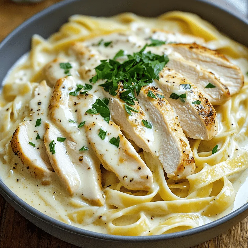 - 2 boneless, skinless chicken breasts - 8 oz fettuccine pasta - 2 tablespoons olive oil - 4 cloves garlic, minced - 1 cup heavy cream - 1 cup grated Parmesan cheese - 1 teaspoon Italian seasoning - Salt and freshly ground black pepper to taste The main ingredients create a rich dish full of flavor. The chicken gives protein and texture. Fettuccine pasta lifts the meal with its creamy sauce. Garlic adds depth and aroma. Heavy cream makes the sauce smooth. Parmesan cheese offers a salty bite. Italian seasoning brings warmth and earthiness. A pinch of salt and pepper enhances all the flavors. - Fresh parsley, chopped - Grated Parmesan cheese (for extra richness) Garnishes elevate the dish. Fresh parsley adds color and freshness. Extra Parmesan gives a cheesy finish. Both options enhance taste and presentation. - Gluten-Free Options: Use gluten-free fettuccine or zucchini noodles. - Dairy-Free Alternatives: Substitute heavy cream with coconut cream and Parmesan with a dairy-free cheese. Dietary substitutions make this dish accessible. Gluten-free pasta ensures those with gluten issues can enjoy it. Dairy-free options allow lactose-intolerant people to savor the creamy flavors. 1. Start by bringing a large pot of salted water to a boil. 2. Add 8 oz of fettuccine pasta to the boiling water. 3. Cook the pasta according to the package instructions until al dente. 4. Once done, drain the pasta in a colander. 5. Make sure to reserve about half a cup of pasta water before draining. This water helps later in the sauce. 1. While the pasta cooks, heat 2 tablespoons of olive oil in a large skillet over medium heat. 2. Season 2 boneless, skinless chicken breasts with salt and pepper. 3. Place the chicken in the hot skillet. Cook for about 6-7 minutes on each side. 4. The chicken is ready when it’s no longer pink inside. 5. Remove the chicken from the skillet and let it rest for a few minutes. 6. After resting, slice the chicken into bite-sized pieces. 1. In the same skillet, add 4 cloves of minced garlic. 2. Sauté the garlic for 1-2 minutes until it smells great. 3. Carefully pour in 1 cup of heavy cream, stirring well to mix. 4. Bring the cream to a gentle simmer. 5. Slowly whisk in 1 cup of grated Parmesan cheese and 1 teaspoon of Italian seasoning. 6. Keep stirring until the sauce is smooth. If it feels too thick, add some reserved pasta water. 1. Add the sliced chicken back to the skillet. 2. Toss in the drained fettuccine pasta. 3. Mix everything gently until the pasta and chicken are well coated in the creamy sauce. 4. Adjust seasoning with more salt and pepper if needed. 5. Serve warm, and enjoy your delicious Creamy Garlic Chicken Alfredo! Temperature Tips Cook chicken breasts until they reach 165°F. Use a meat thermometer for accuracy. This ensures juicy and safe chicken. Sear the chicken for a nice golden color. It adds flavor to the dish. Slicing Techniques Let the chicken rest for a few minutes after cooking. This keeps the juices in. Slice against the grain for tender pieces. This makes every bite enjoyable. Avoiding Clumps Whisk the Parmesan cheese into the sauce slowly. This helps it melt evenly. Stir constantly while adding cheese. This method keeps the sauce smooth and creamy. Adjusting Thickness If your sauce is too thick, add a splash of reserved pasta water. This brings the sauce to your desired consistency. Remember, the sauce should coat the pasta well. Accompaniments Pair your dish with a fresh salad or garlic bread. These sides add balance to the meal. You can also serve steamed vegetables for extra color and nutrients. Plate Presentation Use a large bowl or plate for a beautiful display. Twirl the pasta for an elegant look. Top with sliced chicken and sprinkle parsley for a pop of color. A well-presented dish makes it more appetizing. {{image_2}} Shrimp Alfredo You can swap chicken for shrimp. Use large shrimp for best results. Cook shrimp in the same skillet until they turn pink. This adds a sweet, delicate flavor to your dish. Vegetarian Options For a meatless dish, replace chicken with mushrooms or tofu. Both options soak up flavors well. You can also add chickpeas for protein and texture. Extra Garlic If you love garlic, add more cloves. This gives the sauce a bold flavor. Try roasting the garlic for a sweeter, richer taste. Adding Vegetables Incorporate veggies like spinach or broccoli. These add color and nutrients. Sauté them with the garlic for a tasty boost. White Wine Garlic Sauce For a twist, use white wine in your sauce. This adds acidity and depth. Just let it simmer with the garlic before adding cream. Spicy Alfredo Variants If you like heat, add red pepper flakes. Start with a pinch and taste as you go. This small change can make your Alfredo exciting. - Refrigeration Tips: Store your Creamy Garlic Chicken Alfredo in an airtight container. This keeps it fresh for 3 to 4 days. Make sure it cools down before you seal it up. - Freezing Guidance: You can freeze leftovers, but the texture may change. Use a freezer-safe container. It lasts for about 2 to 3 months. Thaw it in the fridge before reheating. - Best Methods: The best way to reheat is on the stove. Use low heat and stir often. You can also use the microwave. Just heat it in short bursts and stir in between. - Avoiding Dryness: Add a splash of cream or pasta water when reheating. This helps keep the sauce smooth and creamy. - How Long It Lasts: When stored properly, it lasts 3 to 4 days in the fridge. If frozen, aim to use it within 2 to 3 months for best taste. - Signs of Spoilage: Look out for off smells or changes in color. If the sauce separates or looks grainy, it’s best to throw it away. Always trust your senses! You can make a low-carb version by substituting pasta with zucchini. Use a spiralizer to create zucchini noodles, also known as "zoodles." Sauté the zoodles in olive oil for a few minutes until tender. This swap keeps the dish light and fresh while maintaining great flavor. You can still use the same creamy garlic sauce for a tasty meal. Yes, you can use different types of cheese. Some good alternatives are mozzarella, gouda, or asiago. Mixing cheeses can add depth to your sauce. For a tangy twist, try adding a bit of goat cheese. Just keep in mind that each cheese will change the flavor slightly, so choose what you love. Great side dishes include steamed broccoli, garlic bread, or a fresh salad. These options balance the richness of the Alfredo sauce. You could also serve it with roasted vegetables for added texture and flavor. Don't forget to pair it with a nice glass of white wine for a complete meal. You can create a delicious chicken Alfredo at home. We covered key ingredients like chicken, pasta, and sauce components. You also learned about optional garnishes, dietary substitutions, and step-by-step cooking instructions. With tips for perfecting chicken and achieving a creamy sauce, you can serve it beautifully. Consider variations like shrimp Alfredo or adding veggies for added flavor. Remember to store leftovers correctly and reheat without dryness. Enjoy making this dish your own!
