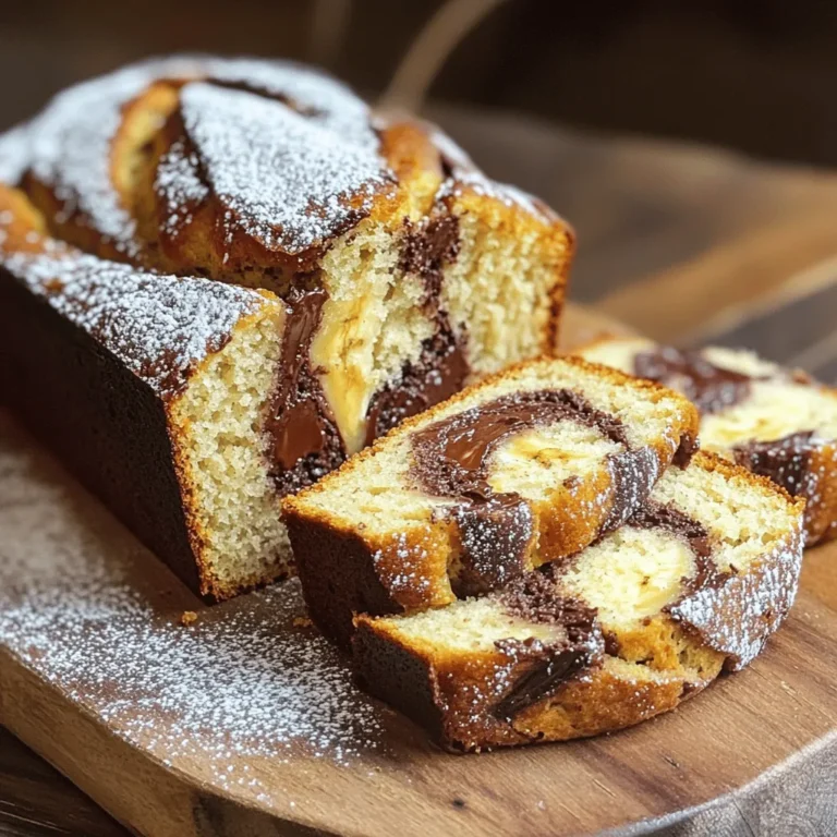 - 3 ripe bananas, mashed - 1/2 cup sugar - 1/3 cup melted butter - 1 large egg - 1 teaspoon vanilla extract - 1 teaspoon baking soda - 1/2 teaspoon salt - 1 1/2 cups all-purpose flour - 1/2 cup Nutella When baking, accuracy matters. Use dry measuring cups for flour and sugar. For sticky ingredients like Nutella, use a liquid measuring cup. This helps you get the right amount. Ripe bananas make a big difference. They are sweeter and add moisture. Look for bananas with brown spots for the best flavor. You can swap sugar for honey or maple syrup if you want a different taste. Just use less liquid in the recipe. If you need gluten-free options, use almond flour or a gluten-free blend. This keeps the bread soft and tasty. First, you need to preheat your oven to 350°F (175°C). This ensures even baking. While the oven heats, grab a 9x5-inch loaf pan. You should grease it well with butter or cooking spray. This step helps the bread release easily after baking. Start by mashing 3 ripe bananas in a mixing bowl. Add 1/2 cup of sugar and stir until it blends well. Next, pour in 1/3 cup of melted butter and crack in 1 large egg. Don't forget to add 1 teaspoon of vanilla extract. Mix this all together until smooth. In a separate bowl, whisk together 1 teaspoon of baking soda, 1/2 teaspoon of salt, and 1 1/2 cups of all-purpose flour. Slowly add this dry mix to your banana mixture. Stir gently. It's important not to overmix; just combine until you can’t see any dry flour. Now for the fun part! Pour half of your banana batter into the greased pan. Next, take 1/2 cup of Nutella and spoon half of it over the batter. Use a knife or skewer to swirl it gently. You want to create a marbled look. After that, pour the rest of the batter on top and add the remaining Nutella. Swirl again, but be careful not to mix it too much. Bake your bread in the preheated oven for 50-60 minutes. Check if it’s done by inserting a toothpick into the center. It should come out clean. Once baked, let the bread cool in the pan for about 10 minutes. Then, transfer it to a wire rack to cool completely. This helps get the right texture. Enjoy the delightful smell as it cools! To make your banana Nutella swirl bread shine, avoid overmixing the batter. Overmixing can make the bread tough. Mix the wet and dry ingredients until just combined. Small lumps are okay; they will bake out. For a perfect marble effect, gently swirl the Nutella into the batter. Use a knife or a skewer to create soft waves. Don’t mix too much; you want to see swirls of Nutella. This keeps the bread looking beautiful and ensures each slice has Nutella. Store your freshly baked bread in an airtight container. This keeps it moist and fresh. You can also wrap it in plastic wrap. It will stay good for about three days at room temperature. If you want to reheat a slice, use your microwave. Heat for about 10-15 seconds. This will warm it up nicely without drying it out. You can also toast it for added crunch. There are many fun ways to serve banana Nutella swirl bread. Slice it warm and enjoy it plain. For a special treat, dust it with powdered sugar. You can also drizzle extra Nutella on top. Pair your bread with coffee or a glass of milk. The sweetness of the bread complements both drinks well. For a brunch idea, serve it with fresh fruit on the side. Enjoy the mix of flavors! {{image_2}} You can make this bread even tastier. Here are some ideas: - Add chopped nuts like walnuts or pecans. They add crunch and flavor. - Mix in chocolate chips for more sweetness. Dark or milk chocolate works well. - Try different nut butter. Almond or peanut butter can change the taste. You can enjoy this bread with healthier options: - To make it vegan, swap the egg with a flax egg. Mix 1 tablespoon of flaxseed meal with 2.5 tablespoons of water and let it sit for 5 minutes. - Use less sugar or a sugar alternative like honey or maple syrup. This way, you can reduce the sweetness. You can add some seasonal fun to your bread: - Add spices like cinnamon or nutmeg for warmth. These spices work well in fall. - Use seasonal fruits like apples or pumpkin. They can give a new flavor and change the texture. These variations make your Banana Nutella Swirl Bread special for any occasion. Feel free to mix and match to find your perfect blend! Each slice of Banana Nutella Swirl Bread has about 200 calories. This bread is rich in carbs, containing around 30 grams per slice. You also get about 3 grams of protein and 8 grams of fat. The fat mainly comes from the butter and Nutella, which adds a nice flavor. Bananas are packed with potassium, fiber, and vitamins. They help with digestion and can boost your mood. Nutella, which has dark chocolate, offers some antioxidants. These can help fight free radicals in your body. The combination of bananas and Nutella makes this bread not just tasty but also a bit nutritious. If you want to swap ingredients, be careful. Using coconut oil instead of butter will change the taste. You can also use almond flour for a gluten-free option. Keep in mind that Nutella contains hazelnuts, so watch for nut allergies. Always check labels for allergens if you share this bread. Can I make this recipe without eggs? Yes, you can make this bread without eggs. Use 1/4 cup of unsweetened applesauce instead of one egg. This keeps the bread moist and adds a slight sweetness. How long does Banana Nutella Swirl Bread last? Banana Nutella swirl bread lasts about 3 to 5 days when stored in an airtight container. You can also freeze it for up to three months. Just wrap slices tightly in plastic wrap before freezing. Why did my bread not rise? If your bread did not rise, it may be due to old baking soda. Always check the expiration date. Also, make sure you mixed the ingredients well, but don’t overmix. Overmixing can lead to dense bread. What to do if it's too moist? If your bread is too moist, it may need more flour. Next time, try adding an extra 1/4 cup of flour. You can also bake it a bit longer, checking for doneness with a toothpick. Can this recipe be made into muffins? Yes, you can turn this recipe into muffins! Fill the muffin cups halfway and swirl in Nutella. Bake for 18 to 20 minutes or until a toothpick comes out clean. How to adjust this recipe for a mini loaf pan? To use a mini loaf pan, reduce the baking time to about 30 to 35 minutes. Keep an eye on them, as they may bake faster. Use a toothpick to check for doneness. This article took you through making delicious Banana Nutella Swirl Bread. We covered ingredients, measurement tips, and substitutions for different diets. You learned step-by-step how to prepare the batter and bake it perfectly. I shared best practices for success and ways to store and serve the bread. Finally, we explored tasty variations to try. Enjoy making this treat, and don't hesitate to experiment with flavors. Trust me, your taste buds will thank you!