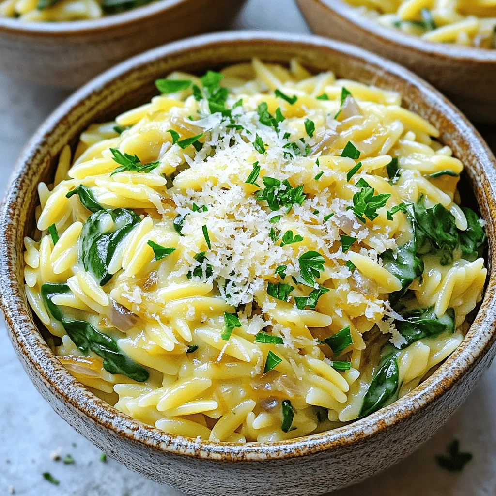 To make One-Pot Creamy Garlic Parmesan Orzo, you need: - 1 cup orzo pasta - 2 tablespoons olive oil - 4 cloves garlic, minced - 1 small onion, finely chopped - 4 cups vegetable broth - 1 cup heavy cream - 1 cup grated Parmesan cheese - 1 cup spinach, roughly chopped - Salt and pepper to taste - Fresh parsley, chopped (for garnish) You can swap some ingredients if needed. Here are a few ideas: - Orzo pasta: Try using rice or quinoa for a gluten-free option. - Heavy cream: Use half-and-half or coconut milk for a lighter dish. - Parmesan cheese: Grated Pecorino Romano or nutritional yeast works well too. - Spinach: Kale or Swiss chard can add a nice twist in flavor. Measuring your ingredients correctly is key. Here are tips to help: - Use measuring cups: Always use dry measuring cups for pasta. - Level off: When measuring cheese or flour, level off with a knife for accuracy. - Liquid measuring cups: For liquids, use a clear measuring cup and check at eye level. - Fresh herbs: Chop herbs finely for the best flavor, but measure loosely for volume. This dish is quick and easy. Gather your ingredients first. You will need orzo, olive oil, garlic, onion, vegetable broth, heavy cream, Parmesan cheese, spinach, salt, and pepper. Measure everything out for a smooth cooking process. 1. In a large pot, heat 2 tablespoons of olive oil over medium heat. 2. Add 1 small finely chopped onion. Sauté for about 3-4 minutes until it looks clear. 3. Next, stir in 4 minced garlic cloves. Cook for 1 minute until you smell the aroma. 4. Add 1 cup of orzo pasta to the pot. Stir it around for 2-3 minutes to toast it a bit. 5. Pour in 4 cups of vegetable broth. Bring it to a boil. 6. Once it boils, lower the heat. Cover the pot and let it simmer for about 10 minutes. 7. Stir occasionally until the orzo is al dente and most of the broth is gone. 8. Now, mix in 1 cup of heavy cream. Let it simmer for another 2-3 minutes to thicken. 9. Add 1 cup of grated Parmesan cheese and 1 cup of chopped spinach. Stir until the cheese melts and the spinach wilts. 10. Season with salt and pepper to taste. 11. Remove from heat and let it sit for a few minutes before serving. - Stir the orzo often while cooking. This helps it cook evenly. - Make sure to let the dish sit after removing it from heat. This helps it thicken nicely. - For a creamier dish, add more heavy cream or cheese. You can adjust to your taste. To boost the flavor of your creamy garlic Parmesan orzo, use fresh herbs. Basil or thyme adds a nice touch. You can also swap vegetable broth for chicken broth for a richer taste. Adding a squeeze of lemon juice brightens the dish. For a spicy kick, toss in red pepper flakes. One common mistake is overcooking the orzo. Keep an eye on it while it simmers. Stir the pot often to prevent sticking. Another mistake is not seasoning well. Taste your dish before serving and adjust with salt and pepper. Lastly, don’t skip the resting time. Letting it sit helps the flavors meld. Using a non-stick pot makes cleanup simple. I recommend a large spoon for stirring. A measuring cup helps with broth and cream. Keep a cutting board handy for chopping ingredients. Lastly, use a knife for easy garlic mincing. These tools make cooking and cleaning a breeze! {{image_2}} You can easily make this one-pot creamy garlic Parmesan orzo vegetarian. Simply skip the Parmesan and use nutritional yeast for a cheesy flavor. For a vegan version, replace heavy cream with coconut cream or cashew cream. These swaps keep the dish rich and tasty while catering to different diets. Feel free to get creative with add-ins. You can toss in sun-dried tomatoes for a burst of flavor. Mushrooms sautéed with the garlic and onion add depth. For a protein boost, add cooked chicken or shrimp. You can also mix in some fresh herbs like basil or thyme for more flavor. Take advantage of seasonal veggies. In spring, add asparagus or peas for freshness. Summer is perfect for zucchini or bell peppers. In fall, use roasted butternut squash or kale. Winter calls for hearty greens like Swiss chard. These seasonal ingredients make the dish vibrant and nutritious. To store your one-pot creamy garlic Parmesan orzo, let it cool first. Then, place it in an airtight container. This keeps the flavors fresh. Store it in the fridge for up to three days. Make sure to label the container with the date. This way, you’ll know when to use it. When you’re ready to enjoy the leftovers, reheat them in a pot. Add a splash of vegetable broth or cream to help thin it out. Heat over low to medium heat, stirring often. This prevents sticking and keeps the dish creamy. You can also use a microwave. Heat it in short bursts, stirring between each one. If you want to store orzo for longer, freezing is a great option. After cooling, transfer the orzo to a freezer-safe container or bag. Make sure to remove as much air as possible. It can last for up to three months in the freezer. When you’re ready to eat, thaw it overnight in the fridge. Reheat it on the stove or in the microwave, adding a bit of liquid if needed. Yes, you can use other small pasta types. Try macaroni, small shells, or even ditalini. Each type gives a unique taste and texture. Just adjust the cooking time as needed. Check the package for specific cooking times. Absolutely! You can swap heavy cream for coconut milk or cashew cream. For cheese, use nutritional yeast or a dairy-free cheese. These swaps keep the dish creamy and tasty. Just be sure to season well to enhance the flavors. To add spice, use red pepper flakes or diced jalapeños. Stir them in when you add the garlic for a kick. You can also mix in some hot sauce at the end. Adjust the amount to your taste for a perfect heat level. This blog post covered key ingredients, cooking steps, and useful tips for your dish. I shared ways to substitute ingredients and measure for best results. I also provided cooking tips to achieve the right texture and enhance flavor. You learned about variations, storage, and answered common questions. Using these guidelines will help you create a delicious meal. Keep experimenting and enjoy the cooking journey!