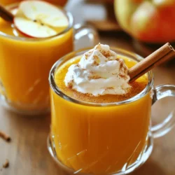 To make a warm Spiced Pumpkin Apple Cider Toddy, you'll need: - 2 cups apple cider - 1/2 cup pumpkin puree - 1 tablespoon maple syrup - 1 teaspoon ground cinnamon - 1/2 teaspoon ground nutmeg - 1/2 teaspoon ground ginger - 1/4 teaspoon ground cloves - 1 tablespoon lemon juice These ingredients create a rich, flavorful drink that warms you up. The apple cider brings sweetness, while the pumpkin adds creaminess. The spices make the drink feel festive and cozy. You can make your tody even better with some fun toppings: - Whipped cream, for a sweet finish - A cinnamon stick, for stirring and flavor - A thin slice of apple, for a pretty look These extra touches make the drink feel special. They also add nice flavors and textures. This drink is mostly plant-based and can fit into many diets. If you want it to be vegan, just skip the whipped cream or use a dairy-free option. The drink is also gluten-free since it uses no grains. Always check labels for any added ingredients that might not fit your needs. To start, grab a medium saucepan. Pour in 2 cups of apple cider. Add in 1/2 cup of pumpkin puree. Use a whisk to mix these two well. This step makes sure the pumpkin blends smoothly with the cider. Next, add 1 tablespoon of maple syrup to the mix. Sprinkle in 1 teaspoon of ground cinnamon. Then, add 1/2 teaspoon each of ground nutmeg, ground ginger, and ground cloves. Whisk again until everything is mixed well. The spices add warmth and flavor to your drink. Now, turn the heat to medium. Heat the mixture gently until it starts to simmer. This should take about 5 to 7 minutes. Make sure to stir it often. Do not let it boil, as this can change the taste. Once it's hot, take it off the heat. Stir in 1 tablespoon of lemon juice for a nice zing. When mixing spices, always start with fresh ones. Ground spices lose flavor over time. I like to toast whole spices in a dry pan before grinding them. This brings out their oils and enhances the taste. For this drink, mix the cinnamon, nutmeg, ginger, and cloves well. This helps create a balanced flavor that warms you up. Presentation matters. I recommend using clear mugs to show off the drink's bright color. You can float a thin slice of apple on top. This adds a pop of color and a hint of freshness. A dollop of whipped cream gives a nice touch. Sprinkle a little cinnamon on the cream for extra flair. Finally, add a cinnamon stick as a stirrer. It looks great and adds more flavor as you sip. You can adjust the sweetness to fit your taste. If you want it sweeter, add more maple syrup. For less sweetness, cut back on the syrup. You can also change the flavor profile. Try adding a splash of vanilla extract for richness. Or, use a bit of orange juice instead of lemon for a fruity twist. Each small change can make the drink your own. {{image_2}} You can make your Spiced Pumpkin Apple Cider Toddy even cozier by adding alcohol. Rum or whiskey adds warmth and depth. Start with one to two ounces of your choice. Pour it in after you heat the mixture. Stir it well before serving. This twist makes it perfect for chilly nights. If you prefer a non-alcoholic drink, that’s easy too! Simply skip the rum or whiskey. You can enjoy the same great flavors without the kick. This version is great for kids and anyone not wanting alcohol. Feel free to play with the spice mix! If you love cinnamon, add more. Want a little heat? Try adding a pinch of cayenne pepper. You can also reduce the nutmeg for a milder taste. Adjusting the spices lets you create your own perfect blend. To store your Spiced Pumpkin Apple Cider Toddy, let it cool first. Pour it into an airtight container. Keep it in the fridge for up to three days. Make sure to label the container for easy reference. When you are ready to enjoy your leftovers, pour the cider into a saucepan. Heat it on medium until warm. Stir occasionally to keep it from sticking. You can also use a microwave. Heat in a microwave-safe mug for about one minute. Stir and check the temperature before drinking. If you want to save some for later, freezing works well. Pour the cider into ice cube trays or a freezer-safe container. Leave some space at the top, as liquids expand when frozen. It will last up to three months in the freezer. When you are ready to use it, thaw it in the fridge overnight. Then, reheat as mentioned above. Yes, you can use fresh pumpkin. First, cook the pumpkin until soft. Then, mash it into a smooth paste. This fresh pumpkin gives a nice taste. Remember to strain it for a smoother drink. To reduce sweetness, use less maple syrup. You can also skip it entirely. Adding more lemon juice can help balance the flavors. This way, you still enjoy the spice without the extra sweetness. Pair this drink with warm treats. Think apple pie or pumpkin bread. The spices in your drink complement these flavors well. You can also enjoy it with cheese or nut mixes for a cozy snack. This blog post covered how to make Spiced Pumpkin Apple Cider Toddy. We discussed the main ingredients, optional garnishes, and dietary notes. You learned step-by-step instructions for mixing and heating the drink. Tips on spice mixing and serving suggestions were shared. We explored variations, like alcoholic and non-alcoholic options as well. Lastly, we covered storage, reheating, and common questions about the recipe. Try this drink during fall. It warms you up and tastes great! You'll impress your friends and family.