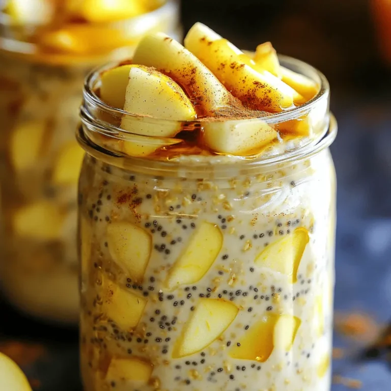 - 1 cup rolled oats - 1 cup unsweetened almond milk - 1 medium apple, diced - 1 teaspoon ground cinnamon - 2 tablespoons maple syrup or honey - 1 tablespoon chia seeds - 1/4 teaspoon vanilla extract - A pinch of salt - Optional toppings: chopped walnuts, sliced banana, additional apple slices, or a dollop of yogurt These ingredients work well together. The rolled oats give a hearty base. Almond milk makes it creamy. Diced apple adds sweetness and crunch. Ground cinnamon gives warmth and spice. Maple syrup or honey brings in extra sweetness. Chia seeds boost nutrition and help thicken the oats. Vanilla extract adds a lovely flavor. A pinch of salt enhances all the tastes. - You can try any milk, like soy or oat milk. - For sweeteners, use agave or brown sugar. - Swap the apple for berries, pears, or bananas for variety. These swaps keep the recipe flexible. It helps you use what you have on hand. Try different fruits to change the taste and texture. - This recipe has about 250 calories per serving. - Oats are high in fiber, aiding digestion and keeping you full. - Apples provide vitamins, antioxidants, and hydration. Eating oats and apples gives you energy. They support a healthy heart and may lower cholesterol. This breakfast is not just tasty; it also fuels your day right. - Mixing the ingredients Start by taking a medium bowl. Add 1 cup of rolled oats and 1 cup of unsweetened almond milk. Then, toss in 1 medium diced apple, 1 teaspoon of ground cinnamon, and 2 tablespoons of maple syrup. Next, mix in 1 tablespoon of chia seeds, 1/4 teaspoon of vanilla extract, and a pinch of salt. Stir everything together well. Make sure the oats soak up the flavors. - Dividing into jars Once your mixture is combined, grab two jars or airtight containers. Divide the oat mixture evenly between them. Seal the jars tightly to keep the contents fresh. This makes it easy for you to grab a quick breakfast later. - Storing in the refrigerator Place the jars in the refrigerator. Let them sit overnight. If you’re short on time, try to wait at least 4 to 6 hours. This helps the oats absorb the liquid and flavors. - Importance of letting oats rest Letting the oats rest is key. This allows the chia seeds to thicken the mixture. You’ll wake up to creamy oats ready to enjoy. - Stirring and adjusting thickness In the morning, take the jars out of the fridge. Give the oats a good stir. If they seem too thick, add a splash of almond milk. Stir again until you reach your desired consistency. - Suggestions for toppings Now it’s time to add toppings! I love chopped walnuts for crunch. Sliced bananas add sweetness, and more apple slices give extra flavor. You can also add a dollop of yogurt for creaminess. Enjoy your tasty breakfast! To make your oats just right, adjust the liquid based on your taste. If you like them thicker, use less milk. For a creamier texture, add more milk. When you check them in the morning, give them a stir. If they seem too thick, add a splash of milk. This can help you reach the perfect consistency. Add extra toppings just before serving. This keeps them crunchy and fresh. Try chopped walnuts or sliced bananas for added texture and flavor. You can also add more apple slices if you want. Making a batch of cinnamon apple overnight oats is easy and fun. You can prepare several jars at once. Just multiply the recipe and mix all the ingredients together. This way, you have breakfast ready for the week. Use airtight containers or mason jars for storage. These keep the oats fresh and delicious. Make sure to seal them tightly. This helps the oats soak up all the flavors overnight. To boost flavor, add more spices. A dash of nutmeg or ginger can make the oats pop. You can also mix in other fruits or nuts. Try berries, peaches, or pecans for fun variations. Each choice can change the taste and make breakfast exciting. {{image_2}} You can add a fun twist to your overnight oats by using coconut and pineapple. To do this, swap out the apple for diced pineapple. Add 1/4 cup of shredded coconut for extra flavor. This combination gives the oats a tropical vibe. The sweetness of the pineapple pairs well with the creamy coconut. You might even add a splash of coconut milk for a richer taste. This version is refreshing and perfect for summer mornings. If you love nuts, try adding different ones to your oats. Chopped walnuts, almonds, or pecans can enhance texture and flavor. Simply mix in 2 tablespoons of your choice of nuts. You can also sprinkle some on top for crunch. Each nut brings its unique taste and health benefits. This variation boosts protein and good fats in your meal, making it more filling. For a fruity twist, use mixed berries instead of apples. Strawberries, blueberries, or raspberries work great here. Just replace the apple with 1 cup of mixed berries. They add vibrant color and a fresh taste. Berries are also packed with antioxidants. You can mash some berries into the oats for a smoother texture. This variation is not only tasty but also very healthy. Cinnamon apple overnight oats last up to five days in the fridge. After that, they may spoil. Look for changes in color or a sour smell. If you see mold or notice off flavors, it's best to throw them away. You can freeze overnight oats for up to three months. To freeze, place the oats in a freezer-safe container. When you're ready to eat, move the oats to the fridge overnight to thaw. Reheat them on the stove or microwave, adding a splash of almond milk for creaminess. I recommend using mason jars or glass containers. They keep the oats fresh and are easy to transport. Make sure your container has an airtight seal. This helps maintain flavor and prevents spoilage. The oats need to sit for at least 4 to 6 hours. This time allows the oats to soak up the almond milk and flavors. Overnight is best, but you can enjoy them after the minimum time. The longer they sit, the creamier they become. Yes, you can easily make these oats vegan. Just use plant-based milk, like almond milk. All the other ingredients in the recipe are already vegan-friendly. You can enjoy a tasty breakfast without any dairy. If the oats are too thick for your taste, simply add more almond milk. Start with a small splash and stir well. Keep adding until you reach your desired consistency. This keeps your breakfast creamy and enjoyable. In this article, we explored the full recipe for cinnamon apple overnight oats. We covered ingredient lists, substitutions, and nutritional benefits. I shared preparation steps to store your oats and options for tasty variations. You learned important tips for making, serving, and storing your oats. Remember, these oats are versatile and fun to make. Try different fruits or flavors to keep meals exciting. With a little prep, you will have a nutritious breakfast ready anytime. Enjoy your delicious creation!